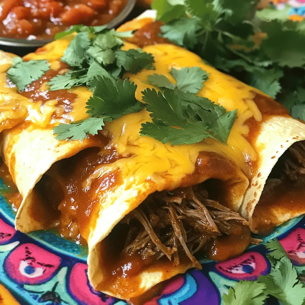 To make Slow Cooker Chipotle Beef Enchiladas, you will need the following ingredients: - 2 lbs beef chuck roast - 2 tablespoons chipotle peppers in adobo sauce, chopped - 1 onion, diced - 3 cloves garlic, minced - 1 cup beef broth - 2 teaspoons ground cumin - 1 teaspoon smoked paprika - 1 tablespoon olive oil - 8 large corn tortillas - 2 cups shredded cheese (cheddar or Mexican blend) - 1 can (15 oz) black beans, drained and rinsed - 1 can (10 oz) enchilada sauce - Fresh cilantro for garnish - Sour cream for serving These ingredients create a rich and flavorful dish. The beef chuck roast provides a hearty base. Chipotle peppers add a smoky kick, while onion and garlic give depth. The spices like cumin and smoked paprika enhance the overall taste. I love using fresh cilantro to brighten the plate. Sour cream serves as a creamy counterpoint to the heat. All these elements come together for a satisfying meal you can share with family and friends. First, you need to sear the beef. Heat the olive oil in a large skillet over medium-high heat. Season the beef chuck roast with salt and pepper. Sear the beef for about 3-4 minutes on each side until it turns brown. This step adds a great flavor. Once browned, transfer the beef to your slow cooker. Next, you will add flavor to the beef. In the same skillet, toss in the diced onion and minced garlic. Cook them for about 2-3 minutes until they smell nice. Now, stir in the chopped chipotle peppers, beef broth, ground cumin, and smoked paprika. Bring this mixture to a simmer. Then, pour it over the beef in the slow cooker. Now it is time to cook the beef. Cover your slow cooker. Cook it on low for 8 hours or on high for 4 hours. Check the beef after cooking. It should be tender. If it is not, give it a little more time. When the beef is done, take it out of the slow cooker. Shred the beef with two forks. Place the shredded beef back in the slow cooker. Add the black beans and half of the shredded cheese. Mix everything well. Now, preheat your oven to 375°F (190°C). Take a tortilla, fill it with the beef mixture, and roll it up. Place it seam-side down in a baking dish. Repeat this with the rest of the tortillas. To bake the enchiladas, first, spread a thin layer of enchilada sauce on the bottom of the baking dish. Pour the rest of the enchilada sauce over the rolled enchiladas. Sprinkle the remaining cheese on top. Cover the dish with aluminum foil. Bake for 20 minutes. After that, remove the foil and bake for another 10 minutes. The cheese should melt and turn golden. - Additional spices to consider: You can add more spices to boost flavor. Try adding oregano for a herbaceous note. A pinch of cayenne can add heat if you like spice. You might also enjoy a touch of cinnamon for warmth. - Tips for perfect texture: For a tender beef, choose chuck roast. It has enough fat to keep the meat juicy. When shredding, ensure you mix in some juices from the slow cooker. This keeps the beef moist and flavorful. - Ensuring even cooking in the slow cooker: Cut the beef into smaller chunks if your slow cooker is large. This helps it cook evenly. Layer the onions and garlic at the bottom before adding the beef. This way, they cook well and add great flavor. - How to adjust time for different beef cuts: If you choose a leaner cut, reduce the cooking time. Lean cuts like sirloin will need about 6 hours on low. Always check for tenderness with a fork before serving. - Creative serving suggestions: Serve enchiladas on a colorful platter. Garnish with fresh cilantro and slices of lime. Adding a drizzle of sour cream on top gives a nice contrast. - Best pairings for side dishes: Serve with a side of Mexican rice or refried beans. A fresh salad with avocado and lime dressing pairs well, too. Don’t forget some tortilla chips with salsa for a crunchy side! {{image_2}} If you want a meat-free version, you can replace the beef. Use mushrooms or lentils for a hearty base. Both options soak up flavors well. You can also use jackfruit, which has a similar texture to pulled meat. For added protein, consider using black beans or chickpeas. They pair nicely with the spices and will keep the dish filling. To change the spice level, adjust the chipotle peppers. If you prefer less heat, use fewer peppers or remove the seeds. Adding sweet bell peppers can also balance the spice. For those who like more heat, try adding jalapeños or hot sauce. These can enhance the flavor without overpowering the dish. Cheese can change the taste of your enchiladas. Cheddar adds a sharp flavor, while a Mexican blend offers a more complex taste. If you want a creamier option, use Monterey Jack cheese. For those who are lactose intolerant, lactose-free cheese works great. It melts well and still gives that cheesy goodness. To keep your enchiladas fresh, use airtight containers. Glass or plastic containers work well. Make sure they are sealed tightly to prevent air from getting in. In the fridge, you can store them for up to three days. If you want to keep them longer, freeze them. In the freezer, they stay good for up to three months. Just remember to label your containers with the date. When reheating enchiladas, the oven is best. Preheat it to 350°F (175°C). Place enchiladas in a baking dish and cover with foil. Heat for about 20 minutes, or until warm. You can also use the microwave. Place them on a microwave-safe plate. Heat for 1-2 minutes. To keep the texture nice, cover with a damp paper towel. This helps prevent them from drying out. Enjoy your delicious enchiladas again! Can I use pre-cooked beef? Yes, you can use pre-cooked beef. Just shred it and mix it with the other ingredients. This saves time but may alter the flavor slightly. How can I make this dish ahead of time? You can prepare the beef and mix it with the beans and cheese a day before. Just store it in the fridge. When ready, assemble the enchiladas and bake them. What can I use instead of corn tortillas? You can use flour tortillas if you prefer. They will work well but may change the taste and texture slightly. Alternatives to chipotle peppers in adobo? Try using smoked paprika or diced jalapeños for heat. These options will add flavor without the same smoky taste. What goes well with beef enchiladas? Serve your enchiladas with fresh salsa, guacamole, or a simple green salad. These sides balance the rich flavors. Can I freeze assembled enchiladas? Yes, you can freeze them. Just wrap them tightly and store them. When ready, bake them straight from the freezer. Adjust the baking time for best results. In this blog post, you learned how to make beef enchiladas from start to finish. We covered the necessary ingredients and step-by-step instructions, including cooking tips and serving ideas. Remember, feel free to adjust the heat level or try different cheeses for unique tastes. Whether you stick to traditional beef or explore vegetarian options, these enchiladas will impress. Lastly, proper storage will keep leftovers fresh and tasty. Enjoy this delicious dish, and don't hesitate to share it with friends and family.