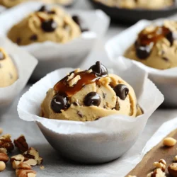 - 1 cup chickpeas, drained and rinsed - 1/2 cup almond butter or peanut butter - 1/4 cup maple syrup or honey The main ingredients form the base of this healthy cookie dough. Chickpeas give it a nice texture and add protein. Nut butter adds creaminess and flavor. I like almond butter for its mild taste, but peanut butter works too. Sweeteners like maple syrup or honey bring sweetness and extra moisture. - 1/4 cup protein powder (vanilla flavor works best) - 1 teaspoon vanilla extract - 1/2 teaspoon baking powder - 1/4 teaspoon salt - 1/3 cup dark chocolate chips (dairy-free if desired) - Optional: 1/4 cup chopped nuts (almonds or walnuts) The additional ingredients enhance flavor and nutrition. Protein powder boosts the protein content, making this treat even healthier. A splash of vanilla extract adds a warm aroma. Baking powder helps the dough rise slightly, while salt balances the sweetness. Dark chocolate chips offer a rich taste, and you can add nuts for crunch. First, gather your base ingredients. You need one cup of drained and rinsed chickpeas, half a cup of almond or peanut butter, and a quarter cup of maple syrup or honey. Place these in a food processor. Next, add a quarter cup of protein powder, one teaspoon of vanilla extract, one teaspoon of baking powder, and a quarter teaspoon of salt. Blend everything on high until it becomes smooth and creamy. You may need to scrape down the sides to ensure all ingredients mix well. The dough should feel thick but not dry. It should stick together nicely. Once your base is ready, fold in one-third cup of dark chocolate chips. If you like nuts, add a quarter cup of chopped almonds or walnuts. Mix gently using a spatula to keep chunks intact. Taste the dough and adjust sweetness if needed by adding more maple syrup or honey. After mixing, chill the cookie dough in the fridge for about 30 minutes. This step helps the flavors blend and gives the dough a firmer texture. You can enjoy this cookie dough right out of the bowl, or use it as a dip. It pairs well with apple slices or graham crackers. For a fun presentation, scoop the dough into small bowls lined with parchment paper. Drizzle a little more maple syrup on top for a nice touch. This not only looks great but also adds a bit of extra sweetness! To get that dough-like texture, blend the ingredients well. I recommend using a food processor. Start with chickpeas and nut butter. Then add your sweetener and protein powder. Blend until smooth. Scrape the sides of the bowl as needed. This helps mix everything evenly. If your dough is too thick, add a tiny bit of water. Blend again until it’s just right. Adjusting sweetness is simple. After blending, taste your dough. If you want it sweeter, add more maple syrup or honey. Blend again until mixed. This way, you control the sweetness to fit your taste. You can easily change this recipe. Try different protein powders. Vanilla works best, but chocolate or even peanut butter flavors can be fun. Each type brings a new taste. You can also swap nut butters. Almond butter gives a light taste, while peanut butter adds a rich flavor. If you want to change sweeteners, feel free. Use honey, agave, or even stevia. Each one will change the flavor a bit. Choose what fits your diet and taste best. This cookie dough is tasty by itself, but you can make it even better! Try dipping it in apple slices or graham crackers. The crunch of the apple pairs well with the soft dough. It’s a fun way to enjoy healthy snacks. Pairing with fruits boosts nutrition. Apples add fiber and vitamins. You can also use bananas or strawberries. They add natural sweetness and more nutrients to your snack. Enjoy experimenting with different fruits for a tasty twist! {{image_2}} You can easily change the flavor of your cookie dough. Adding spices like cinnamon or nutmeg gives it a warm kick. These spices enhance the sweetness and make the dough even more enjoyable. You can also swap out the chocolate chips for dried fruits. Raisins, cranberries, or apricots add a chewy texture and a burst of flavor. Feel free to experiment with different combinations that excite your taste buds. If you have nut allergies, don't worry! You can still enjoy this treat. Substitute almond butter or peanut butter with seed butters. Sunflower seed butter or pumpkin seed butter works great. They give a creamy texture and keep the dough rich in taste. Make sure your chocolate chips are also nut-free for a safe snack. For a vegan version, ensure all your ingredients are plant-based. Use maple syrup as a sweetener and choose vegan chocolate chips. You can also make it gluten-free by using certified gluten-free oats or flour instead of regular flour. This way, everyone can enjoy this tasty treat without any worries about dietary restrictions! To keep your healthy high-protein cookie dough fresh, store it in an airtight container. This will help maintain its texture and flavor. Place it in the refrigerator right after making it. You can enjoy it for up to five days. If you want it colder, just chill it for about 30 minutes before serving. If you want to save some for later, you can freeze the cookie dough. Scoop it into small portions and place them on a baking sheet. Freeze them for a couple of hours until firm. Then, transfer the scoops to a freezer bag. This way, they can last for up to three months. When you’re ready to eat, take out a scoop and let it thaw in the fridge overnight. Check for any off smells or changes in texture. If the dough feels slimy or dry, it’s time to toss it. To maximize shelf life, make sure to seal it well and keep it cold. Enjoy your cookie dough while it’s fresh for the best taste! High-protein cookie dough is a tasty treat made with healthy ingredients. It contains chickpeas, nut butter, and protein powder. This means you get a dessert that is also nutritious. Chickpeas are full of fiber and protein. Nut butter adds healthy fats and more protein. Protein powder boosts the overall protein content, making it great for snacks or dessert. Yes, you can eat high-protein cookie dough raw! The ingredients are safe. Chickpeas are cooked before use, and nut butter is also safe to eat. However, some people worry about raw flour in other cookie recipes. This recipe has no flour, so you don't need to worry. Just remember, if you add any other ingredients, check that they are safe to eat raw. You can easily boost the protein in your cookie dough. Here are some suggestions: - Use more protein powder. You can add an extra scoop. - Try different types of protein powder like pea, whey, or casein. - Add Greek yogurt or cottage cheese for creaminess and protein. - Mix in chia seeds or hemp seeds for a crunchy texture and added protein. This way, you can enjoy your cookie dough while getting even more protein! This blog post covered how to make high-protein cookie dough with simple ingredients. We explored key components like chickpeas, nut butter, and sweeteners, plus tips to customize your dough. You learned preparation steps, mixing techniques, and storage tips to keep it fresh. In summary, high-protein cookie dough is easy, tasty, and healthy. Enjoy creating your variations and share with friends for a nutritious snack option.