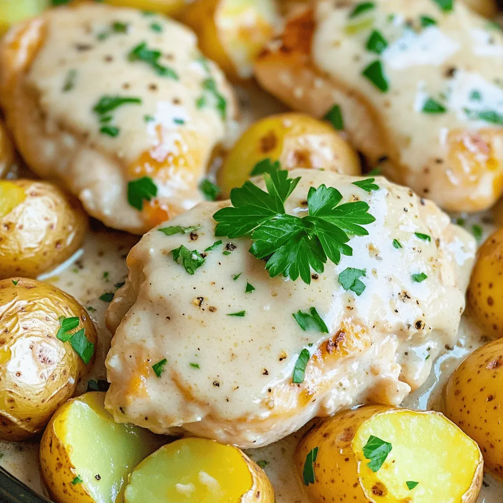 For this recipe, you need: - 4 boneless, skinless chicken breasts - 1.5 lbs baby potatoes, halved The chicken breasts give the dish its main protein. The baby potatoes add creaminess and soak up all the flavors. Halving the potatoes helps them cook evenly and become tender. You’ll also use: - 5 cloves garlic, minced - 2 teaspoons Italian seasoning - Salt and pepper to taste Garlic brings a bold flavor that pairs perfectly with chicken. The Italian seasoning adds a nice touch of herbs that make every bite tasty. Don’t forget the salt and pepper; they enhance the flavors of the dish. Finally, gather these ingredients: - 1 cup chicken broth - 1 cup heavy cream - 1 cup grated Parmesan cheese - Fresh parsley, chopped (for garnish) The chicken broth gives moisture and depth to your dish. Heavy cream makes the sauce rich and creamy. Parmesan cheese adds a salty, nutty flavor. Chopped parsley at the end adds a fresh touch and bright color. Start by getting your crockpot ready. First, place the halved baby potatoes at the bottom. This creates a nice base for your meal. Next, season the chicken breasts. Use salt, pepper, and Italian seasoning. Make sure to coat both sides well. Now, put the seasoned chicken on top of the potatoes. In a separate bowl, mix minced garlic, chicken broth, heavy cream, and grated Parmesan cheese. Stir this until it's well combined. Pour this creamy mixture over the chicken and potatoes. Make sure everything gets coated evenly. This will add great flavor to the dish. Cover the crockpot with its lid. You can choose to cook on low or high. If you cook on low, set it for 6-7 hours. For a quicker option, cook on high for 3-4 hours. The chicken should be cooked through, and the potatoes must be tender. The right cooking time helps all the flavors blend nicely. After cooking, carefully shred the chicken. Use two forks to pull the chicken apart while it is still in the crockpot. Mix the shredded chicken back into the creamy sauce. This helps every bite be full of flavor. Use fresh chopped parsley as a garnish before serving. It adds a nice touch of color and taste. Enjoy your meal! To get a rich and creamy sauce, start with the right balance. Use heavy cream and Parmesan cheese. They blend well for a smooth texture. When you mix these, stir until combined. Pour this over the chicken and potatoes. This ensures every bite is creamy and delicious. Seasoning is key to great flavor. I like to use salt, pepper, and Italian seasoning. Make sure to coat both sides of the chicken. This helps the flavors seep in as it cooks. Don't skip this step! It makes the dish taste amazing. Baby potatoes are perfect for this dish. Halve them for even cooking. Placing them at the bottom of the crockpot helps them cook well. They soak up flavors from the chicken and sauce. This keeps them soft and tasty. If you want extra flavor, try adding herbs or a splash of broth. {{image_2}} You can boost this dish by adding more veggies. Carrots, broccoli, or bell peppers work well. Just chop them into bite-sized pieces. Add them to the crockpot with the potatoes. They will soak up the garlic and Parmesan flavors. This change makes your meal colorful and healthy. Plus, it adds great taste and texture. Feel free to switch up the seasonings and cheeses. Try adding paprika for a smoky kick. You can also use fresh herbs like thyme or rosemary. If you want a different cheese, go for mozzarella or feta. Each choice gives a new twist to the dish, making it fun to try different flavors. For a low-carb version, swap the potatoes for cauliflower. Cut cauliflower into florets and add them instead. You can also use low-fat cream or a plant-based milk. This way, you keep the creamy texture without the extra carbs. Adjust the cheese amount to fit your diet. These changes allow you to enjoy this comforting dish without guilt. To store leftovers, let the dish cool first. Then, place it in an airtight container. I recommend using glass or plastic containers that seal well. You can keep the chicken and potatoes in the fridge for up to three days. Make sure to separate the sauce if you want. This keeps the potatoes from getting soggy. When you're ready to eat the leftovers, reheat them gently. I suggest using the microwave or the stovetop. If using the microwave, cover the dish to keep moisture in. Heat for one to two minutes, stirring halfway through. If using the stovetop, add a splash of chicken broth or cream. This helps keep the sauce creamy and smooth. You can freeze this dish for easy meals later. To do this, let it cool completely. Then, place it in a freezer-safe bag or container. Remove as much air as possible to prevent freezer burn. This dish can last in the freezer for up to three months. When you're ready to eat, thaw it overnight in the fridge. Reheat as mentioned before for the best taste and texture. Yes, you can use frozen chicken. Just add about an hour to the cooking time. When using frozen chicken, make sure it cooks to a safe temperature of 165°F. This way, you ensure it’s safe and juicy. Garlic Parmesan Chicken goes great with many sides. Here are some tasty options: - Steamed broccoli - Roasted asparagus - Garlic bread - Simple green salad - Rice or quinoa These sides balance the meal and add variety. To spice it up, try these ideas: - Add red pepper flakes to the creamy mixture. - Mix in chopped jalapeños with the garlic. - Use spicy Italian seasoning instead of regular. These tweaks will bring more heat and flavor to your dish. This blog post covered key ingredients, simple steps, and helpful tips for making Garlic Parmesan Chicken. You learned how to prepare your crockpot and perfect the sauce. I shared ways to add healthy veggies and alternative flavors. Storing and reheating leftovers can keep meals tasty for later. Remember, frozen chicken works great too! Experiment with spice and sides to fit your taste. Enjoy making this easy and flavorful dish again and again.