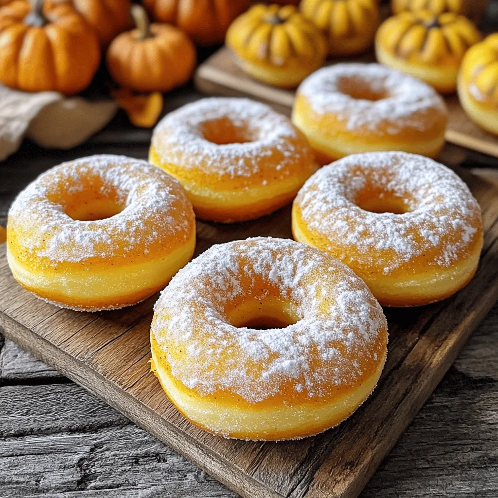 - 1 cup canned pumpkin puree - 1/2 cup granulated sugar - 1/4 cup brown sugar, packed - 1/2 cup unsweetened applesauce - 2 large eggs These ingredients make the base of your donuts. Canned pumpkin puree gives a rich, sweet flavor. The sugars add sweetness and help with texture. Applesauce keeps the donuts moist and fluffy. The eggs bind everything together, ensuring a perfect rise. - 1 1/2 cups all-purpose flour - 1 teaspoon baking powder - 1/2 teaspoon baking soda - 1 teaspoon ground cinnamon - 1/4 teaspoon ground nutmeg - 1/4 teaspoon ground ginger - 1/4 teaspoon salt The dry ingredients are key to structure. All-purpose flour provides the base. Baking powder and baking soda help the donuts rise. Spices like cinnamon, nutmeg, and ginger give a warm, cozy flavor. Salt enhances all the tastes, making each bite better. - 1/4 cup milk (dairy or non-dairy) - Powdered sugar for dusting Milk adds creaminess and helps the batter mix well. You can use dairy or non-dairy milk based on your needs. Dusting with powdered sugar adds a touch of sweetness and makes your donuts look fancy. You can skip this step if you prefer a simpler treat. Start by preheating your oven to 350°F (175°C). Grease your donut pan with non-stick spray. This step helps keep the donuts from sticking. In a large bowl, mix the wet ingredients. Combine 1 cup of canned pumpkin puree, 1/2 cup of granulated sugar, 1/4 cup of packed brown sugar, 1/2 cup of unsweetened applesauce, 2 large eggs, and 1 teaspoon of vanilla extract. Mix until everything is well blended. In another bowl, whisk together the dry ingredients. Use 1 1/2 cups of all-purpose flour, 1 teaspoon of baking powder, 1/2 teaspoon of baking soda, 1 teaspoon of ground cinnamon, 1/4 teaspoon of ground nutmeg, 1/4 teaspoon of ground ginger, and 1/4 teaspoon of salt. Make sure to whisk thoroughly so there are no lumps. Next, fold the dry ingredients into the wet mixture. Stir gently until they just combine. Be careful not to overmix; this keeps your donuts light and fluffy. Now it's time to pipe the batter into your donut pan. You can use a piping bag or a zip-top bag with the corner snipped off. Fill each donut mold about 2/3 full with the batter. Place the pan in your preheated oven. Bake for 12 to 15 minutes. To check if they’re done, insert a toothpick into the center of a donut. If it comes out clean, they are ready! After baking, let the donuts cool in the pan for about 5 minutes. Then, move them to a wire rack to cool completely. If you like, dust them with powdered sugar for a sweet finish. Mixing well is key to great donuts. When you combine the wet and dry ingredients, stir gently. This step ensures your donuts stay light and fluffy. Overmixing can make them tough. Just mix until you see no flour. That’s your cue to stop. Spices can make your donuts pop. Try adding a pinch of allspice or cloves for extra warmth. You can also add chocolate chips or nuts to the batter for a fun twist. For toppings, consider a simple glaze or a sprinkle of cinnamon sugar. A dusting of powdered sugar adds sweetness too. Donuts can stick to the pan if not greased well. Use non-stick spray or oil the pan lightly. To ensure even baking, fill each mold the same. This way, they bake at the same rate. Check on them a few minutes before the timer goes off. A toothpick should come out clean when they are ready. {{image_2}} You can easily switch up the flavor of your baked pumpkin donuts. Here are two fun ideas: - Maple-infused pumpkin donuts: Add 1/4 cup of maple syrup to the wet mix. This gives the donuts a sweet, rich taste. The maple flavor pairs well with pumpkin spice. - Nut butter swirled donuts: Swirl in 1/2 cup of your favorite nut butter, like almond or peanut butter. This adds creaminess and an extra layer of flavor. Just mix it in gently for a fun marbled look. If you need gluten-free donuts, you can make some easy swaps: - Substituting with gluten-free flour: Use a good gluten-free flour blend instead of all-purpose flour. Make sure it has xanthan gum for better texture. - Alternative binders and dairy-free options: Substitute eggs with 1/4 cup of applesauce or a flax egg. You can also use almond milk or oat milk in place of dairy milk. This keeps your donuts soft and moist. Making these donuts vegan is simple! Here’s how: - Replacing eggs and milk: Use 1/4 cup of unsweetened applesauce instead of each egg. For milk, almond or soy milk works great. - Egg substitutes to maintain texture: Flaxseed meal is a great egg substitute. Mix 1 tablespoon of flaxseed meal with 2.5 tablespoons of water. Let it sit for 5 minutes to thicken, then add it to your wet mix. This keeps your donuts fluffy and delicious. To keep your baked pumpkin donuts fresh, store them in an airtight container. This helps prevent them from drying out. You can place parchment paper between layers to avoid sticking. Keep your container in a cool, dry place. The donuts stay tasty for about three days this way. If you want to keep your donuts longer, freezing them is a great option. Start by letting the donuts cool completely. Then, wrap each donut tightly in plastic wrap. Place the wrapped donuts in a freezer-safe bag. They stay fresh for up to three months. When you are ready to enjoy them, thaw the donuts at room temperature for a quick snack. To enjoy your donuts warm, reheating is easy. The best method is to use an oven. Preheat the oven to 350°F (175°C). Place the donuts on a baking sheet for about 5-10 minutes. This helps keep the texture soft and the flavor rich. You can also use a microwave for a quicker option. Heat for about 10-15 seconds, but be careful not to overdo it. Yes, you can use fresh pumpkin. Fresh pumpkin offers a great taste and texture. You will need to cook and puree the pumpkin first. To do this, cut the pumpkin, remove seeds, and roast it until soft. Then, mash it until smooth. This method gives a richer flavor. Consider that fresh pumpkin may have more water content than canned. You might need to adjust your recipe slightly to keep the right consistency. Using fresh pumpkin can make your donuts even more special. The best way to check if your donuts are done is with a toothpick. Insert a toothpick into the center of a donut. If it comes out clean, your donuts are ready. You can also look for a golden-brown color on the outside. The donuts should feel firm to the touch. They should spring back a bit when you press them lightly. Keep an eye on the time, usually around 12-15 minutes. Yes, you can make these donuts ahead of time. They taste great even after a day or two. To store them, let the donuts cool completely. Place them in an airtight container at room temperature. If you want to keep them longer, freeze the donuts. Wrap each donut in plastic wrap and put them in a freezer bag. They can last up to three months in the freezer. When you're ready to eat, let them thaw at room temperature or warm them up in the oven. Baked pumpkin donuts are simple and fun to make. With canned pumpkin, sugars, and spices, you create a sweet treat. Following clear steps helps you mix and bake perfectly. Remember tips to avoid common mistakes and try fun variations. In the end, enjoy your tasty donuts fresh or stored for later. Happy baking!