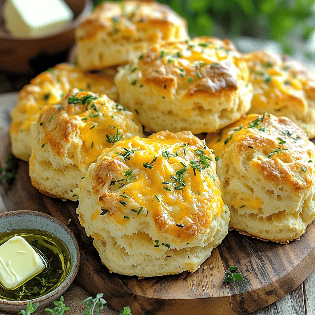 To make savory cheddar herb pull-apart biscuits, gather these ingredients: - 2 cups all-purpose flour - 1 tablespoon baking powder - 1/2 teaspoon baking soda - 1 teaspoon salt - 1/2 teaspoon garlic powder - 1 cup shredded sharp cheddar cheese - 1 tablespoon chopped fresh chives - 1 tablespoon chopped fresh parsley - 1 tablespoon chopped fresh thyme - 1/2 cup unsalted butter, melted - 3/4 cup buttermilk You can swap some ingredients if needed: - Use whole wheat flour for a healthier option. - If you don't have buttermilk, mix regular milk with a splash of vinegar. - Try different cheese, like mozzarella or pepper jack, for a new flavor. - Fresh herbs can be replaced with dried ones, but use less. Prepare the following tools for easy cooking: - A large mixing bowl for combining dry ingredients. - A separate bowl for mixing wet ingredients. - A whisk for blending well. - A 9-inch round cake pan to bake the biscuits. - A wire rack to cool the biscuits after baking. These tools will help you create perfect pull-apart biscuits each time. 1. Preheat your oven to 375°F (190°C). Grease a 9-inch round cake pan or line it with parchment paper. 2. In a large bowl, whisk together the flour, baking powder, baking soda, salt, and garlic powder. Mix well to combine all dry ingredients. 3. Add the shredded cheddar cheese and fresh herbs (chives, parsley, thyme) to the flour mixture. Stir slowly until the cheese and herbs are evenly spread. 4. In a different bowl, mix the melted butter with the buttermilk. Stir until the two blend nicely. 5. Pour the wet mix into the dry mix. Use a spatula to gently fold until just combined. Avoid overmixing to keep the biscuits light. 6. Shape the dough into small balls, about 1 to 1.5 inches wide. Place the balls side by side in the prepared pan. They should touch each other. 7. If you like, brush the tops of the biscuit balls with more melted butter. This gives a nice golden color when baked. 8. Bake the biscuits in the oven for 25-30 minutes. You'll know they’re done when the top is golden and a toothpick comes out clean from the center. 9. After baking, let the biscuits cool in the pan for a few minutes. Then, carefully transfer them to a wire rack to cool completely. 10. Serve the biscuits warm, right from the pan. They look great on a rustic wooden board with a bowl of softened butter or herb-infused olive oil for dipping. To get the best dough, start with cold butter. It helps create flaky layers. Make sure not to overmix your dough. Mix just until everything is combined. This keeps your biscuits light and airy. Use fresh herbs for the best taste. Chives, parsley, and thyme work well here. Preheat your oven to 375°F (190°C). This ensures even cooking. Grease your pan well or use parchment paper. This prevents sticking and makes serving easy. Bake the biscuits for 25-30 minutes. The tops should be golden brown when done. Use a toothpick to check for doneness. If it comes out clean, your biscuits are ready. Brush the tops with melted butter before baking. This adds richness and a nice shine. You can also sprinkle more cheese on top for extra flavor. Try adding spices like paprika or cayenne for a little kick. Serve with softened butter or herb-infused olive oil. This makes for a delightful dipping experience. {{image_2}} You can switch up the cheese for a new taste. Try using mozzarella for a milder flavor. If you want something stronger, use blue cheese. For a creamier bite, consider using cream cheese. These options keep the biscuits soft and flavorful. Mix different herbs for unique flavors. Basil adds a lovely touch. Oregano gives a warm, earthy taste. You can even use dill for a fresh twist. Experiment with your favorite herbs to find your perfect mix. Add more fun to your biscuits with mix-ins. Sun-dried tomatoes add a tangy kick. Cooked bacon adds a crunchy, savory bite. For a spicy twist, try jalapeños. You can also fold in spinach for extra greens. These add-ins bring more flavor and excitement to each bite. After enjoying your savory cheddar herb pull-apart biscuits, you may have some left. To keep them fresh, place the biscuits in an airtight container. Store them at room temperature for up to two days. If you want to keep them longer, refrigeration is an option. Just know they may dry out a bit in the fridge. If you want to save your biscuits for later, freezing is a great choice. Allow the biscuits to cool completely. Then, wrap them tightly in plastic wrap. After that, place them in a freezer-safe bag or container. They will stay fresh for up to three months. Make sure to label them, so you remember when you made them! To enjoy those biscuits again, you need to reheat them properly. Preheat your oven to 350°F (175°C). Place the biscuits on a baking sheet. If they seem dry, add a small amount of melted butter on top. Heat for about 10-15 minutes until warm. You can also use a microwave, but they may not be as crispy. Just heat them for 15-20 seconds. Enjoy your biscuits as if they were fresh out of the oven! Yes, you can prepare the dough ahead of time. Make the dough and form the balls. Place them in the pan and cover it with plastic wrap. Keep it in the fridge for up to 24 hours. When you're ready, bake them straight from the fridge. You may need to add a few extra minutes to the baking time. These biscuits pair well with many dishes. You can serve them with soups or stews. They also go great with salads or grilled meats. For a simple touch, offer softened butter or herb-infused olive oil for dipping. You can even use them as a side to your favorite breakfast dishes. To make these biscuits dairy-free, substitute the buttermilk with a non-dairy milk and add a splash of vinegar for tang. For gluten-free options, use a gluten-free flour blend. Just be aware that the texture may change slightly. You can also reduce sodium by using low-sodium salt in the recipe. We covered the key ingredients for your biscuits, with options for substitutions and tools you need. The step-by-step guide walked you through preparation, baking, cooling, and serving. I shared tips for perfecting the dough and enhancing flavor. We explored variations, storage methods, and answered common questions. In short, you now have all the tools to create delicious biscuits at home. Enjoy experimenting with flavors and sharing them with others!
