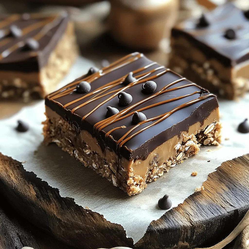To make these no-bake chocolate peanut butter oat bars, you'll need the following core ingredients: - 1 cup rolled oats - 1 cup natural peanut butter (smooth or chunky) - 1/2 cup honey or maple syrup - 1 cup dark chocolate chips - 1/2 teaspoon vanilla extract - 1/4 teaspoon salt These simple ingredients work together to create a tasty and healthy treat. Rolled oats give the bars a chewy texture. Peanut butter adds creaminess and flavor. Honey or maple syrup provides natural sweetness. Feel free to customize your bars with these optional add-ins: - 1/4 cup chopped nuts (e.g., almonds or walnuts) for added crunch - 1/4 cup mini chocolate chips for topping Adding nuts can give a nice crunch and extra nutrition. Mini chocolate chips on top offer a fun, sweet finish. Selecting quality ingredients makes a big difference. Here are some tips: - Choose natural peanut butter with just peanuts and salt. Avoid added sugars or oils. - Use rolled oats, not instant oats. Rolled oats provide a better texture. - Pick dark chocolate chips with at least 60% cocoa content for rich flavor. - Check for freshness dates on all ingredients to ensure the best taste. By following these tips, you can create bars that are both delicious and satisfying. Enjoy the process of choosing the best ingredients! First, grab an 8x8-inch baking dish. Line it with parchment paper. Leave some paper hanging over the edges. This helps you lift the bars out later. Next, take a medium microwave-safe bowl. Add 1 cup of peanut butter and 1/2 cup of honey or maple syrup. Microwave for about 30 seconds. It should be warm and slightly melted. Stir the mix gently until it blends well. In a large bowl, combine 1 cup of rolled oats, 1/4 teaspoon of salt, and 1/2 teaspoon of vanilla extract. Pour the warm peanut butter mix over these oats. Stir well until every oat gets covered. If you want, add 1/4 cup of chopped nuts for some crunch. Now, transfer this mixture into your prepared baking dish. Use the back of a spoon or your hands to press it down firmly. Make sure it spreads evenly and is compact. For the chocolate, take another microwave-safe bowl. Add 1 cup of dark chocolate chips. Microwave in 20-second bursts. Stir in between until it melts completely and is smooth. Pour this melted chocolate over the oat mixture. Spread it evenly with a spatula. If you like, sprinkle 1/4 cup of mini chocolate chips on top. Finally, place the baking dish in the fridge for at least 2 hours. This step helps the bars to firm up. Once ready, lift them out using the parchment paper. Cut into squares or rectangles. Serve them on a wooden board. For a nice touch, wrap them in parchment paper. You can drizzle some extra melted chocolate on top before serving too. To get the best texture in your no-bake chocolate peanut butter oat bars, focus on the oat mixture. Use rolled oats, as they give the bars a chewy bite. Mix the oats, salt, and vanilla well before adding the warm peanut butter and honey. This helps the oats absorb the flavors evenly. Press the mixture firmly into the pan. A good, firm press ensures that the bars hold together well. If your bars fall apart, the mixture might be too loose. Ensure you have enough peanut butter and honey. These binders help hold everything together. If the bars are too sticky, you may have added too much honey or not pressed them firmly enough. You can also try chilling them longer to help them set. To melt chocolate evenly, use the microwave in short bursts. Heat in 20-second intervals and stir in between. This method prevents burning. If you see small lumps of chocolate, keep stirring. The heat from the melted chocolate will help smooth it out. Make sure to pour the melted chocolate over the oat mixture quickly. This ensures a smooth, even layer on top. {{image_2}} You can easily switch up the flavors of your no-bake bars. Here are some tasty ideas: - Coconut: Add 1/2 cup of shredded coconut to the oat mixture. - White Chocolate: Use white chocolate chips instead of dark chocolate for a sweet twist. - Peanut Butter Swirl: Mix in an extra layer of peanut butter on top before chocolate. - Mint: Add 1/4 teaspoon of peppermint extract for a refreshing taste. These changes keep your bars exciting and fun! If you need nut-free options, don't worry! You can still enjoy these bars: - Sunflower Seed Butter: Substitute peanut butter with sunflower seed butter. - Pumpkin Seeds: Use pumpkin seeds instead of nuts for crunch. - Coconut Butter: Use coconut butter for a creamy texture without nuts. These swaps make the bars safe for those with nut allergies. You can adjust the recipe to fit many diets: - Vegan: Replace honey with maple syrup. Ensure chocolate chips are dairy-free. - Gluten-Free: Use certified gluten-free oats to make the bars safe for gluten-free diets. - Low Sugar: Use sugar-free chocolate chips and reduce the honey or syrup. These choices help everyone enjoy delicious no-bake chocolate peanut butter oat bars! To keep your no-bake chocolate peanut butter oat bars fresh, you should store them in an airtight container. This method helps prevent moisture and air from affecting the bars. Place a layer of parchment paper between the layers of bars. This way, they won't stick together. You can store these bars in the fridge for about a week. If you keep them at room temperature, they last for about 2 to 3 days. Make sure to check for any signs of spoilage. If they smell off or look strange, it’s best to toss them. To extend the shelf life, freezing is a great option. Wrap each bar tightly in plastic wrap. Then, place them in a freezer-safe bag or container. They can last up to 3 months in the freezer. When you're ready to eat one, just take it out and let it thaw at room temperature. You’ll have a chewy treat ready to enjoy! Yes, you can use any nut butter you like. Almond butter or cashew butter works well too. Each nut butter gives a unique flavor. If you want a nut-free option, try sunflower seed butter. It has a nice taste and is safe for schools. To lower the sugar, use less honey or maple syrup. You can also swap in a sugar-free syrup. Consider using mashed ripe bananas or unsweetened applesauce. These alternatives can add sweetness without extra sugar. Use a sharp knife and cut while the bars are cold. Let the bars chill for at least two hours. If they stick, run the knife under hot water first. Clean cuts make for better presentation. Absolutely! These bars are great for meal prep. They store well in the fridge for up to a week. You can also freeze them for longer storage. Just cut them before freezing for easy grab-and-go snacks. Yes, you can skip the chocolate. Instead, top the bars with extra nuts or seeds. You can also drizzle melted white chocolate on top for a different flavor. The base will still taste great without chocolate. Making no-bake bars is fun and easy. We covered essential ingredients, tips on prep, and step-by-step instructions. You can customize flavors to fit your taste, diet, or mood. Storage tips keep your bars fresh for longer. Incorporate these insights into your next kitchen adventure. With a bit of practice, you can create tasty snacks each time. Enjoy experimenting and sharing your delicious creations with family and friends!