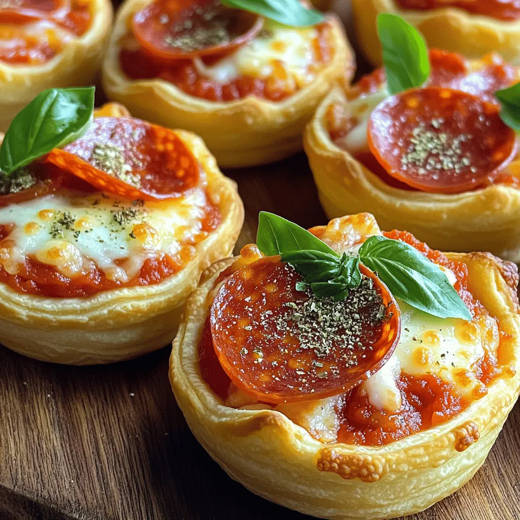 To make Mini Crescent Roll Deep Dish Pizzas, gather these simple items: - 1 can of crescent roll dough - 1 cup pizza sauce - 1 cup shredded mozzarella cheese - ½ cup pepperoni slices (or your choice of toppings, like diced bell peppers or onions) - ½ teaspoon dried oregano - ½ teaspoon garlic powder - Cooking spray - Fresh basil leaves for garnish (optional) You can use many sauces and toppings to make your mini pizzas unique. - Try different pizza sauces like garlic or spicy marinara. - Experiment with toppings! Use veggies like mushrooms, olives, or spinach. - You can also add cooked sausage or ground beef for more flavor. - For a twist, try barbecue sauce with chicken or ranch dressing. While mozzarella is a classic choice, you can mix it up with other cheeses. - Cheddar adds a sharp taste that many love. - Parmesan offers a rich and nutty flavor. - For a creamy bite, try goat cheese or ricotta. - Blend cheeses for a more complex taste. Mixing mozzarella with provolone works well! First, preheat your oven to 375°F (190°C). This helps the dough cook evenly. Next, take a can of crescent roll dough. Unroll it and separate the dough into triangles. You will need eight triangles for eight mini pizzas. Now, take a muffin tin and spray it lightly with cooking spray. This keeps the pizzas from sticking. Press one triangle into each muffin cup. Make sure to press the dough down and up the sides. You want to form a small cup shape. This will hold all your tasty filling. Now it’s time to fill your crescent roll cups. Start by spooning about a tablespoon of pizza sauce into each cup. Spread it evenly across the bottom. Next, sprinkle a layer of shredded mozzarella cheese on top of the sauce. Don’t be shy; fill each cup well! After the cheese, it’s time for toppings. You can choose pepperoni or any favorite toppings, like diced bell peppers or onions. Sprinkle a little dried oregano and garlic powder on top for extra flavor. This makes each bite delicious and aromatic. Place your muffin tin in the preheated oven. Bake for 12 to 15 minutes. You want the crescent rolls to turn golden brown. Look for the cheese to bubble and get nice and melty. Once they are done, carefully take the muffin tin out of the oven. Let the mini pizzas cool for about a minute. This makes them easier to remove. Gently lift them out of the tin. If you like, add fresh basil leaves as a garnish. Serve them warm and enjoy your tasty treat! A few mistakes can ruin your mini pizzas. First, do not overfill the cups. Too much sauce or toppings makes them hard to handle. Second, avoid skipping the preheating step. An oven that is not hot enough can lead to soggy bases. Lastly, make sure to grease the muffin tin well. This helps prevent sticking and makes serving easy. Want to save time? Use pre-sliced toppings like pepperoni or bell peppers. This cuts down on prep work. You can also prepare the mini pizzas ahead of time. Just store them in the fridge until you’re ready to bake. If you want to skip the measuring, use a jar of pizza sauce. It’s quick and simple. Serve these mini pizzas straight from the oven. They taste best warm and cheesy. You can pair them with a fresh salad or some veggies for a nice touch. If you want to impress, add fresh basil on top. It makes the dish look great and adds flavor. These mini pizzas work well for parties or family movie nights too! {{image_2}} You can get creative with your mini pizzas. Think of toppings like: - Diced bell peppers - Sliced onions - Mushrooms - Cooked sausage - Black olives - Spinach - Pineapple Mix and match to find your favorite combo. Each topping adds a new flavor. You can even try different cheeses like cheddar or feta. The fun is in the choice! If you have dietary needs, you can still enjoy these pizzas. Here are some easy swaps: - Use gluten-free crescent roll dough for a gluten-free option. - Swap regular cheese for dairy-free cheese. - Replace pepperoni with plant-based sausage or veggies. These changes keep the taste while meeting your needs. Always check labels for hidden allergens. Making these mini pizzas vegetarian is simple. Just leave out the meat and add more veggies. For a vegan version, use: - Vegan crescent roll dough - Vegan cheese - Your choice of vegetables You can load up on toppings like zucchini or artichokes. This way, you create a delicious, plant-based treat. Enjoy the flavors without any animal products! To keep your mini crescent roll deep dish pizzas fresh, let them cool first. Store them in an airtight container. You can keep them in the fridge for up to three days. If you want to save space, you can stack them with parchment paper in between. When you are ready to enjoy leftovers, preheat your oven to 350°F (175°C). Place the mini pizzas on a baking sheet. Heat them for about 10-12 minutes. This helps keep the crust crispy and cheese melty. You can also use a microwave if you're in a hurry. Heat them for about 30 seconds to 1 minute, but they won't be as crispy. If you want to save mini pizzas for a longer time, freezing is a great option. First, let them cool completely. Wrap each pizza in plastic wrap and then in foil. This helps prevent freezer burn. Place them in a freezer bag and label it with the date. You can freeze them for up to three months. When you're ready to eat, thaw them overnight in the fridge. Then, reheat them in the oven for the best taste. Yes, you can use other dough types. Try pizza dough or biscuit dough. Each will give a different taste and texture. Pizza dough is thicker and chewier. Biscuit dough is flaky and light. Choose what you like best. Just make sure to adjust baking time as needed. To make gluten-free mini pizzas, use gluten-free crescent roll dough. Many brands offer this option. If you can’t find it, try gluten-free pizza dough. Follow the instructions as usual. Check that all toppings and sauces are also gluten-free. This way, everyone can enjoy them! You can serve these mini pizzas as snacks or appetizers. They are great for parties or game days. Pair them with a fresh salad or veggie sticks. For a fun twist, serve with different dips like ranch or marinara. You can even let guests make their own mini pizzas! You now have all the tools to create delicious mini pizzas. We explored the best ingredients, sauces, and cheese to use. I shared easy steps for prep, assembly, and baking. You learned key tips to avoid common mistakes and quick prep tricks. We also discussed tasty variations for all diets. Don't forget to store leftovers properly and reheat them well. With this guide, you can enjoy fun and tasty mini pizzas anytime. Get creative and make this dish your own!