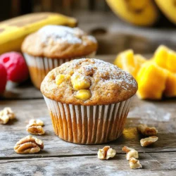 To make Healthy Banana Oat Muffins, you need the following ingredients: - 2 ripe bananas, mashed - 1 cup rolled oats - 1/2 cup plain Greek yogurt - 1/4 cup honey or maple syrup - 2 large eggs - 1 teaspoon vanilla extract - 1 teaspoon baking powder - 1/2 teaspoon baking soda - 1/2 teaspoon ground cinnamon - 1/4 teaspoon salt - 1/2 cup chopped walnuts or chocolate chips (optional) - 1/4 cup unsweetened applesauce (for extra moisture) Using ripe bananas is key. They add natural sweetness and moisture. Rolled oats give these muffins a hearty texture. Greek yogurt adds protein and creaminess. You can sweeten with honey or maple syrup. Both work well and taste great. Eggs bind the mixture, making it fluffy. Vanilla extract brings a lovely aroma. Baking powder and soda help the muffins rise. Ground cinnamon adds warmth and flavor, while salt balances the sweetness. If you want to add more texture, consider walnuts or chocolate chips. Unsweetened applesauce is optional but adds even more moisture to the muffins. Gather these ingredients, and you're ready to bake delicious and healthy treats! 1. Preheating the oven Start by preheating your oven to 350°F (175°C). This step ensures even baking. 2. Mixing wet ingredients In a large bowl, mash the ripe bananas. Then, add the Greek yogurt, honey (or maple syrup), eggs, and vanilla extract. Mix until you have a smooth batter. 3. Combining dry ingredients In another bowl, combine the rolled oats, baking powder, baking soda, ground cinnamon, and salt. This mix adds texture and flavor to your muffins. 4. Folding in optional ingredients Gradually add the dry mix to the wet ingredients. Stir gently until just combined. If you want, fold in applesauce and optional ingredients like chopped walnuts or chocolate chips. 5. Filling muffin cups Prepare your muffin tray by lining it with paper liners or lightly greasing it. Divide the batter evenly among the cups, filling each about 3/4 full. This allows room for rising. 6. Baking time and testing for doneness Bake in the oven for 18-20 minutes. To check if they are done, insert a toothpick in the center. If it comes out clean, your muffins are ready. Enjoy the process; these muffins will be a tasty snack! Importance of ripe bananas Using ripe bananas is key. They add natural sweetness and moisture. The darker the peel, the better. This helps your muffins stay soft. Role of Greek yogurt and applesauce Greek yogurt adds creaminess and protein. It keeps the muffins light and fluffy. Applesauce is another secret for moisture. Together, they make a great combo. How not to overmix Mix the wet and dry ingredients gently. Overmixing can make muffins tough. Stir until you see no dry flour. This keeps them tender and airy. Using the right baking temperature Baking at 350°F (175°C) ensures even cooking. An oven that's too hot can burn the tops. A good temperature helps them rise nicely without drying out. Optimal serving temperature Serve your muffins warm for the best taste. Warm muffins have a soft texture that’s hard to resist. Garnishing ideas You can dust them with a bit of powdered sugar. Add fresh fruit like berries for color. This makes your muffins look and taste even better. Pairing with drinks or sides These muffins go well with coffee or tea. They make a great breakfast or snack. You can also serve them with yogurt for a balanced meal. {{image_2}} If you want nut-free muffins, you can easily replace walnuts with seeds. Try using pumpkin seeds or sunflower seeds. These options add crunch and nutrition without nuts. You can also mix in dried fruits. Dried cranberries or raisins work well. They add sweetness and a chewy texture, making your muffins even more fun to eat. For a gluten-free version, swap rolled oats with certified gluten-free oats. Ensure all other ingredients are gluten-free as well. If you need dairy-free substitutes, use coconut yogurt instead of Greek yogurt. This keeps your muffins moist and tasty. For low-sugar options, reduce honey or maple syrup to 2 tablespoons. You can also use ripe bananas for sweetness. This way, you enjoy a delicious treat that fits your diet. To keep your healthy banana oat muffins fresh, start by letting them cool. Place them on a wire rack for at least 5 minutes after baking. This helps them cool evenly and prevents sogginess. Once cooled, store the muffins in an airtight container. You can keep them at room temperature for 2-3 days. If you want to keep them longer, refrigerate them. Muffins can last up to a week in the fridge. Just make sure to seal them well to avoid drying out. Freezing is a great option if you want to enjoy these muffins later. To freeze, wrap each muffin tightly in plastic wrap. Then, place them in a freezer-safe bag or container. This helps to prevent freezer burn. For thawing, there are a few methods. You can leave them at room temperature for a few hours. This works great if you plan ahead. If you need them fast, pop them in the microwave for about 15-20 seconds. You can also reheat them in the oven at 350°F (175°C) for about 10 minutes. Enjoy your muffins whenever you like! Can I use frozen bananas? Yes, you can use frozen bananas. Just thaw them first. They become soft and easy to mash, which is perfect for this recipe. How do I know when the muffins are done? To check if the muffins are done, insert a toothpick in the center. If it comes out clean, they are ready. The tops should also look golden brown. What are the benefits of using Greek yogurt? Greek yogurt adds creaminess and moisture. It also boosts protein, making your muffins more filling. Plus, it helps keep the muffins soft. Can I make mini muffins instead? Yes, you can make mini muffins. Just reduce the baking time to about 10-15 minutes. Watch them closely to avoid overbaking. Best practices for ingredient substitutions You can swap honey for maple syrup if you prefer. You can also use almond milk instead of yogurt for a dairy-free option. Tips for enhancing flavors further Add a pinch of nutmeg or vanilla bean for extra flavor. You can mix in dried fruits like raisins or cranberries for added sweetness. Storage duration recommendations Store muffins in an airtight container at room temperature for up to 3 days. For longer storage, keep them in the fridge for up to a week. You learned how to make delicious muffins with simple ingredients. We covered ripe bananas, oats, and Greek yogurt to create moist treats. I shared tips to make them fluffy and flavorful while offering variations for different diets. Lastly, I explained how to store your muffins properly for freshness. These muffins are easy, healthy, and fun to enjoy. Try them out and amaze your friends and family!