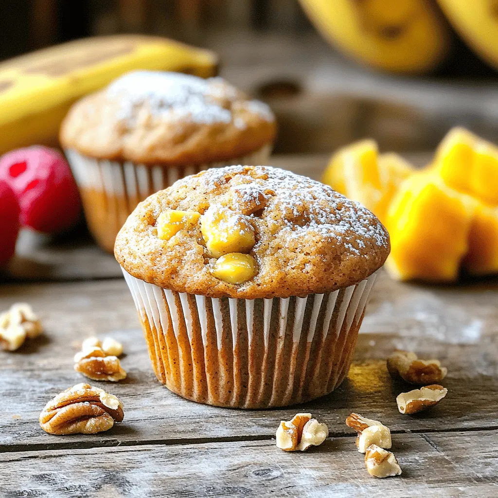 To make Healthy Banana Oat Muffins, you need the following ingredients: - 2 ripe bananas, mashed - 1 cup rolled oats - 1/2 cup plain Greek yogurt - 1/4 cup honey or maple syrup - 2 large eggs - 1 teaspoon vanilla extract - 1 teaspoon baking powder - 1/2 teaspoon baking soda - 1/2 teaspoon ground cinnamon - 1/4 teaspoon salt - 1/2 cup chopped walnuts or chocolate chips (optional) - 1/4 cup unsweetened applesauce (for extra moisture) Using ripe bananas is key. They add natural sweetness and moisture. Rolled oats give these muffins a hearty texture. Greek yogurt adds protein and creaminess. You can sweeten with honey or maple syrup. Both work well and taste great. Eggs bind the mixture, making it fluffy. Vanilla extract brings a lovely aroma. Baking powder and soda help the muffins rise. Ground cinnamon adds warmth and flavor, while salt balances the sweetness. If you want to add more texture, consider walnuts or chocolate chips. Unsweetened applesauce is optional but adds even more moisture to the muffins. Gather these ingredients, and you're ready to bake delicious and healthy treats! 1. Preheating the oven Start by preheating your oven to 350°F (175°C). This step ensures even baking. 2. Mixing wet ingredients In a large bowl, mash the ripe bananas. Then, add the Greek yogurt, honey (or maple syrup), eggs, and vanilla extract. Mix until you have a smooth batter. 3. Combining dry ingredients In another bowl, combine the rolled oats, baking powder, baking soda, ground cinnamon, and salt. This mix adds texture and flavor to your muffins. 4. Folding in optional ingredients Gradually add the dry mix to the wet ingredients. Stir gently until just combined. If you want, fold in applesauce and optional ingredients like chopped walnuts or chocolate chips. 5. Filling muffin cups Prepare your muffin tray by lining it with paper liners or lightly greasing it. Divide the batter evenly among the cups, filling each about 3/4 full. This allows room for rising. 6. Baking time and testing for doneness Bake in the oven for 18-20 minutes. To check if they are done, insert a toothpick in the center. If it comes out clean, your muffins are ready. Enjoy the process; these muffins will be a tasty snack! Importance of ripe bananas Using ripe bananas is key. They add natural sweetness and moisture. The darker the peel, the better. This helps your muffins stay soft. Role of Greek yogurt and applesauce Greek yogurt adds creaminess and protein. It keeps the muffins light and fluffy. Applesauce is another secret for moisture. Together, they make a great combo. How not to overmix Mix the wet and dry ingredients gently. Overmixing can make muffins tough. Stir until you see no dry flour. This keeps them tender and airy. Using the right baking temperature Baking at 350°F (175°C) ensures even cooking. An oven that's too hot can burn the tops. A good temperature helps them rise nicely without drying out. Optimal serving temperature Serve your muffins warm for the best taste. Warm muffins have a soft texture that’s hard to resist. Garnishing ideas You can dust them with a bit of powdered sugar. Add fresh fruit like berries for color. This makes your muffins look and taste even better. Pairing with drinks or sides These muffins go well with coffee or tea. They make a great breakfast or snack. You can also serve them with yogurt for a balanced meal. {{image_2}} If you want nut-free muffins, you can easily replace walnuts with seeds. Try using pumpkin seeds or sunflower seeds. These options add crunch and nutrition without nuts. You can also mix in dried fruits. Dried cranberries or raisins work well. They add sweetness and a chewy texture, making your muffins even more fun to eat. For a gluten-free version, swap rolled oats with certified gluten-free oats. Ensure all other ingredients are gluten-free as well. If you need dairy-free substitutes, use coconut yogurt instead of Greek yogurt. This keeps your muffins moist and tasty. For low-sugar options, reduce honey or maple syrup to 2 tablespoons. You can also use ripe bananas for sweetness. This way, you enjoy a delicious treat that fits your diet. To keep your healthy banana oat muffins fresh, start by letting them cool. Place them on a wire rack for at least 5 minutes after baking. This helps them cool evenly and prevents sogginess. Once cooled, store the muffins in an airtight container. You can keep them at room temperature for 2-3 days. If you want to keep them longer, refrigerate them. Muffins can last up to a week in the fridge. Just make sure to seal them well to avoid drying out. Freezing is a great option if you want to enjoy these muffins later. To freeze, wrap each muffin tightly in plastic wrap. Then, place them in a freezer-safe bag or container. This helps to prevent freezer burn. For thawing, there are a few methods. You can leave them at room temperature for a few hours. This works great if you plan ahead. If you need them fast, pop them in the microwave for about 15-20 seconds. You can also reheat them in the oven at 350°F (175°C) for about 10 minutes. Enjoy your muffins whenever you like! Can I use frozen bananas? Yes, you can use frozen bananas. Just thaw them first. They become soft and easy to mash, which is perfect for this recipe. How do I know when the muffins are done? To check if the muffins are done, insert a toothpick in the center. If it comes out clean, they are ready. The tops should also look golden brown. What are the benefits of using Greek yogurt? Greek yogurt adds creaminess and moisture. It also boosts protein, making your muffins more filling. Plus, it helps keep the muffins soft. Can I make mini muffins instead? Yes, you can make mini muffins. Just reduce the baking time to about 10-15 minutes. Watch them closely to avoid overbaking. Best practices for ingredient substitutions You can swap honey for maple syrup if you prefer. You can also use almond milk instead of yogurt for a dairy-free option. Tips for enhancing flavors further Add a pinch of nutmeg or vanilla bean for extra flavor. You can mix in dried fruits like raisins or cranberries for added sweetness. Storage duration recommendations Store muffins in an airtight container at room temperature for up to 3 days. For longer storage, keep them in the fridge for up to a week. You learned how to make delicious muffins with simple ingredients. We covered ripe bananas, oats, and Greek yogurt to create moist treats. I shared tips to make them fluffy and flavorful while offering variations for different diets. Lastly, I explained how to store your muffins properly for freshness. These muffins are easy, healthy, and fun to enjoy. Try them out and amaze your friends and family!