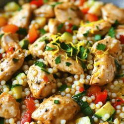 - 2 boneless, skinless chicken breasts, diced - 1 cup couscous - 2 cups low-sodium chicken broth - 1 medium onion, diced - 3 cloves garlic, minced - 1 medium zucchini, diced - 1 red bell pepper, diced - Fresh parsley, chopped (for garnish) - 1 tablespoon olive oil - Juice and zest of 1 lemon - 1 teaspoon dried oregano - 1 teaspoon dried thyme - Salt and pepper to taste The key to a great One Pot Lemon Herb Chicken Couscous lies in its fresh, bright flavors. First, I use boneless, skinless chicken breasts. These cook quickly and stay juicy. Dicing them makes for easy eating. Then, I add couscous, which absorbs all the tasty broth and spices, creating a fluffy base. Next, I include low-sodium chicken broth to keep the dish rich without too much salt. This broth adds depth to every bite. Moving on to veggies, I love using a mix of onion, garlic, zucchini, and red bell pepper. The onion and garlic create a fragrant base when sautéed. The zucchini and red bell pepper add color and crunch. To finish, I use olive oil for cooking. The lemon juice and zest add zing, making the dish pop. I sprinkle in dried oregano and thyme for earthy notes. Salt and pepper are a must to enhance all the flavors. This combination of fresh ingredients and spices creates a vibrant dish that feels both simple and gourmet. First, I heat olive oil in a large pot over medium heat. Next, I add diced chicken breasts. I season the chicken with salt, pepper, oregano, and thyme. Sauté the chicken for about 5 to 7 minutes. You want it to brown and cook through completely. After the chicken is done, I remove it from the pot and set it aside. In the same pot, I add the diced onion. I cook the onion until it turns translucent, which takes about 3 to 4 minutes. Then, I add minced garlic, diced zucchini, and diced red bell pepper. I cook these for another 3 to 4 minutes. This step helps them soften and blend their flavors. Now, I stir in the chicken broth, lemon juice, and lemon zest. I bring this mixture to a boil. Once boiling, I add the couscous and the cooked chicken back into the pot. I stir everything well, then remove it from heat. I cover the pot and let it sit for 5 minutes. This allows the couscous to absorb all the tasty liquid. After 5 minutes, I fluff the couscous with a fork. I taste it and adjust the seasoning with salt and pepper if needed. This final step ensures it has the perfect taste before serving. To keep the chicken moist, use boneless, skinless chicken breasts. Cut them into small pieces. Sear them in hot olive oil to lock in juices. Don’t overcook; aim for a golden brown color. After cooking, let the couscous rest for five minutes. This allows it to soak up the flavors. Cover the pot tightly to trap steam. Fluff it gently with a fork for a light texture. You can add more herbs or spices to boost flavor. Fresh herbs, like basil or thyme, brighten the dish. A sprinkle of red pepper flakes adds a nice kick. Incorporate other vegetables based on your taste. Try adding carrots or spinach for extra nutrition. You can also toss in peas for a pop of color and sweetness. Pair this dish with a fresh salad or crusty bread. A light vinaigrette can elevate the flavors. For garnishing, sprinkle fresh parsley on top. This adds color and freshness. You might also add lemon slices for a bright touch. A drizzle of olive oil will give it a shiny finish. {{image_2}} You can switch the chicken for shrimp. Shrimp cooks fast and adds a nice taste. Try using chickpeas for a plant-based option. They soak up flavors well and offer a hearty bite. If you prefer chicken, use thighs instead of breasts. Thighs stay juicy and add more flavor. If you need a gluten-free dish, look for gluten-free couscous. Quinoa is a great choice too. It cooks quickly and has a nutty flavor. Be sure to check the broth you use. Some broths have gluten, so read the labels carefully. Want to mix up the flavor? Try adding lime or orange juice. These citrus flavors give a fresh twist. For some heat, toss in red pepper flakes or jalapeños. This will spice things up and make your dish exciting. To store leftovers, let the dish cool first. Place it in an airtight container. This method keeps the flavors fresh. You can store it in the fridge for 3 to 4 days. If you want to keep it longer, consider freezing. To freeze the dish, follow these steps: - Let the One Pot Lemon Herb Chicken Couscous cool completely. - Transfer the dish into freezer-safe containers. - Seal tightly to prevent freezer burn. When ready to eat, thaw it overnight in the fridge. For reheating, use a microwave or stovetop. Add a splash of chicken broth to keep it moist. Heat until warm, and enjoy your meal again! This dish takes about 25 minutes total. You will spend 10 minutes prepping the ingredients. Cooking the chicken and veggies takes about 15 minutes. It’s quick and easy! Yes, you can prep this dish in advance. Cook the chicken, veggies, and couscous. Store them in the fridge for up to two days. When ready to eat, just reheat it on the stove or in the microwave. If you need a substitute, try quinoa or rice. Both are great choices and cook well. You can also use orzo for a different texture. Adjust the cooking time as needed. Yes! You can make this dish vegetarian. Replace the chicken with chickpeas or tofu. Use vegetable broth instead of chicken broth. This keeps the dish full of flavor and plant-based. This dish combines simple ingredients for a tasty meal. You start with chicken, couscous, and veggies like zucchini and red bell pepper. Season it well with herbs and spices for flavor. Remember to let the couscous absorb the broth for the best texture. For different tastes, try new proteins or spices. Lastly, proper storage keeps leftovers fresh. Enjoy making and sharing this easy recipe!