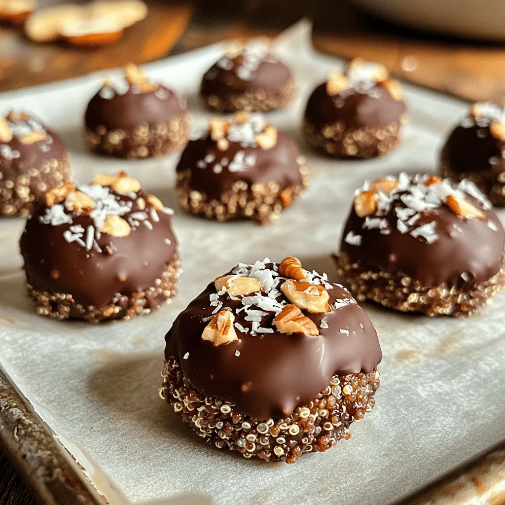 - 1 cup cooked quinoa (cooled) - 1/2 cup dark chocolate chips (at least 70% cocoa) - 1/4 cup almond butter (or any nut butter of your choice) - 1/4 cup honey or maple syrup - 1/4 cup shredded coconut (unsweetened) - 1 teaspoon vanilla extract - 1/4 teaspoon sea salt - Optional: Chopped nuts or seeds for topping Using high-quality dark chocolate really matters. Look for chocolate with at least 70% cocoa. This gives a rich taste. Choose almond butter that is creamy and natural. If you prefer, use peanut butter or sunflower seed butter. These options add flavor. Make sure your honey or maple syrup is pure. This keeps the sweetness natural. For the coconut, unsweetened is best. It adds texture without extra sugar. If you need a nut-free option, use sunflower seed butter instead of almond butter. You can swap honey for agave syrup to keep it vegan. If you dislike coconut, try oats. They give a different texture. For the chocolate, use dairy-free chips for a vegan treat. You can also add dried fruits like cranberries or raisins for extra sweetness. First, cook your quinoa. Use 1 cup of dry quinoa and rinse it. Then, boil it in double the water. After about 15 minutes, it will be ready. Let it cool completely. Now, melt the dark chocolate chips. Use a small saucepan over low heat. Stir the chocolate constantly. When it melts, take it off the heat and let it cool a bit. In a mixing bowl, combine the cooled quinoa, almond butter, honey or maple syrup, shredded coconut, vanilla extract, and sea salt. Mix until it blends well. Pour the melted chocolate into the bowl. Stir until every piece of quinoa is coated in chocolate. Line a baking sheet with parchment paper. Use your hands or a small scoop to make small balls from the mixture. Place them on the baking sheet. If you want, sprinkle nuts or seeds on top for extra crunch. Put the baking sheet in the fridge and chill for 30 minutes. This helps the bites set. Once they are firm, you can serve them right away. Store any leftovers in an airtight container in the fridge for up to a week. To melt dark chocolate, use low heat. Place chocolate chips in a small saucepan. Stir continuously to prevent burning. If you burn chocolate, it becomes grainy and hard. Removing it from heat early helps keep it smooth. You can also use a microwave. Heat in 30-second bursts, stirring in between. This method works well, too! For the best texture, let the melted chocolate cool slightly. Mixing it with the quinoa must happen when it's warm, but not hot. This keeps the bites from falling apart. The almond butter adds creaminess, while the honey binds everything together. Ensure you mix well until all ingredients are coated. These bites are great as snacks or desserts. You can serve them chilled or at room temperature. Add toppings like chopped nuts or seeds to make them more appealing. They look nice and add a crunchy texture. You can also pair them with fresh fruit for a healthy treat. {{image_2}} To make dark chocolate quinoa bites even tastier, try adding spices. A pinch of cinnamon adds warmth. A dash of cayenne gives a little kick. You can also mix in some orange zest for a bright twist. Experimenting with flavors can make these bites fun and unique. These bites can easily fit into different diets. To make them vegan, swap honey for maple syrup. This keeps the sweetness without any animal products. For gluten-free options, ensure your quinoa is certified gluten-free. These bites are naturally gluten-free, so you’re already on the right track! You can customize your bites with mix-ins. Chopped nuts like almonds or walnuts add crunch. Seeds such as chia or flax can boost nutrition. Dried fruits like cranberries or raisins can add sweetness. Feel free to get creative with your favorite ingredients! To keep your dark chocolate quinoa bites fresh, use an airtight container. Store them in the fridge. This helps maintain their flavor and texture. Avoid leaving them out at room temperature. The heat can make them lose their shape and taste. You can freeze dark chocolate quinoa bites for longer storage. Place them on a baking sheet, then freeze until firm. After that, transfer them to a freezer-safe bag. They can last up to three months in the freezer. Just thaw them in the fridge before eating. When stored properly in the fridge, these bites last for about a week. After that, they may start to dry out. If they smell off or change color, it’s best to discard them. Enjoy your bites while fresh for the best taste! You can make dark chocolate quinoa bites healthier by reducing the sweetener. Use less honey or maple syrup. You can also swap in a sugar-free sweetener like stevia. Another option is to use almond butter with no added sugar. Adding chia or flax seeds boosts fiber and omega-3s. Yes, you can use other sweeteners. Maple syrup works well and adds a nice flavor. Agave nectar is another option, as it is vegan-friendly. If you prefer a low-calorie choice, try erythritol or monk fruit sweetener. Just keep the amount the same as the recipe. Quinoa bites pair nicely with fresh fruit. Try serving them with sliced apples or berries. You can also add a dollop of yogurt for creaminess. For a fun twist, serve with nut butter or chocolate dip. This adds variety and flavor to your snack. Quinoa bites last up to one week in the fridge. Store them in an airtight container to keep them fresh. If you want to enjoy them later, they can freeze well for up to three months. Just thaw in the fridge before serving. You can use white chocolate, but it will change the flavor. White chocolate lacks the rich taste of dark chocolate. If you enjoy sweeter snacks, it could be a good choice. Just make sure to use quality white chocolate for the best results. You now have all the tools to make great dark chocolate quinoa bites. We covered the ingredients, how to prepare and cook them, and tips for the best results. Don’t forget about cool variations and storage tips to keep them fresh. You can easily adapt the recipe for your needs and find great ways to serve it. Enjoy experimenting with flavors and textures. With practice, you will create a snack everyone loves. Happy cooking!