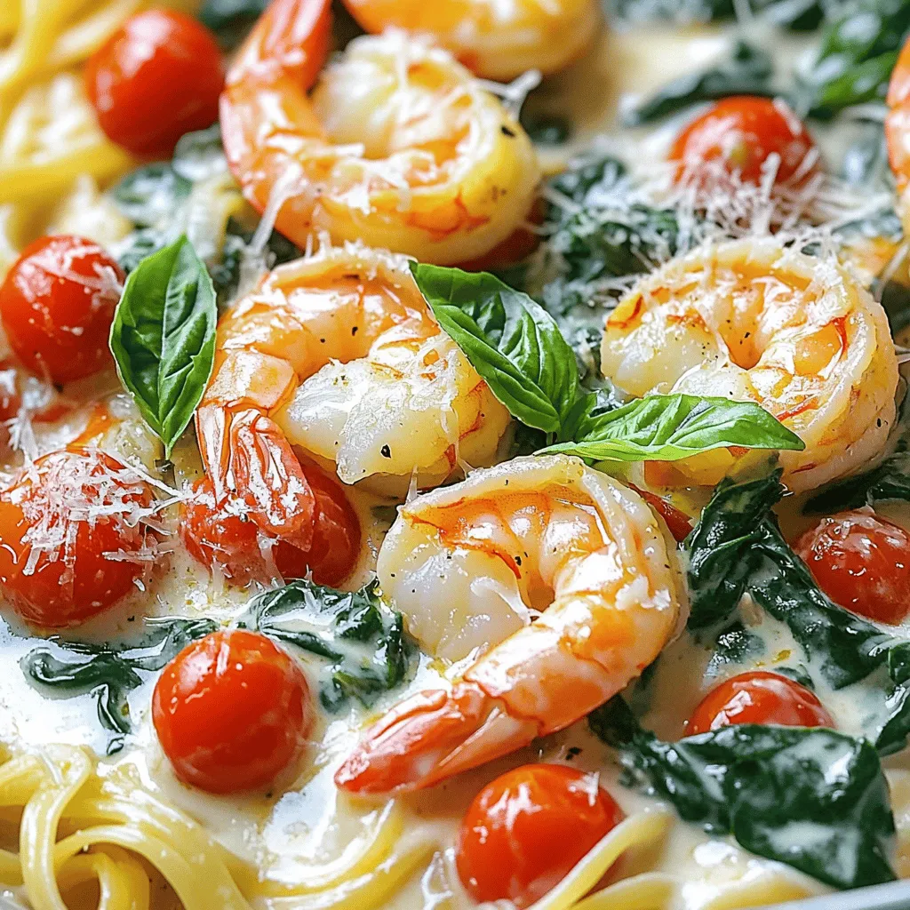 - 1 lb large shrimp, peeled and deveined - 2 tablespoons olive oil - 3 cloves garlic, minced - 1 cup cherry tomatoes, halved - 1 cup heavy cream - 1 cup fresh spinach, chopped - ½ cup grated Parmesan cheese - 1 teaspoon Italian seasoning - Salt and pepper to taste - Fresh basil for garnish Each ingredient plays a key role in making this dish special. The shrimp adds protein and a sweet, briny flavor. Olive oil gives a rich base and helps with cooking. Garlic brings a strong and savory taste. Cherry tomatoes add sweetness and a pop of color. Heavy cream makes the sauce smooth and rich. Spinach adds a bright green color and a healthy touch. Parmesan cheese gives a salty and nutty flavor. Italian seasoning adds a mix of herbs for depth. Salt and pepper enhance all the flavors, and fresh basil makes the dish look and taste fresh. For the best shrimp, choose large or extra-large shrimp. Look for shrimp labeled wild-caught. For olive oil, use extra virgin for a robust taste. Select fresh garlic for the best flavor. For tomatoes, vine-ripened cherry tomatoes work nicely. A good quality heavy cream makes a difference in the sauce's richness. For cheese, choose freshly grated Parmesan over pre-grated for better melting. Finally, use fresh basil for garnish to add a burst of flavor and color. First, gather all your ingredients. You need shrimp, olive oil, garlic, and more. This makes cooking easy. I recommend using fresh shrimp for the best taste. Prepare your shrimp by peeling and deveining them. Chop the spinach and halve the cherry tomatoes. 1. Start by heating the olive oil in a large skillet over medium-high heat. 2. Add the minced garlic and sauté for about 30 seconds. It will smell great! 3. Next, add the shrimp to the skillet. Season them with salt, pepper, and Italian seasoning. 4. Sauté the shrimp for 2-3 minutes until they turn pink and are cooked through. 5. Take the shrimp out of the skillet and set them aside on a plate. 6. In the same skillet, add the halved cherry tomatoes. Cook them for 2-3 minutes until they soften. 7. Pour in the heavy cream and bring it to a gentle simmer. This is where the magic happens! 8. Stir in the grated Parmesan cheese. Mix until it melts and the sauce is smooth. 9. Add the chopped spinach and cook for 1-2 minutes, just until it wilts. 10. Now, return the shrimp to the skillet and stir everything together. 11. Let it all simmer for another 2 minutes. This combines the flavors perfectly. 12. Taste your dish and adjust the seasoning if you need more salt or pepper. - Use fresh shrimp for the best flavor. - Do not overcook the shrimp; they should be pink and firm. - Keep an eye on the heat. Too high can burn the garlic. - Remove the shrimp as soon as they are done to avoid toughness. - Always taste your dish before serving to ensure it is just right. These steps will guide you to a creamy, delicious, and colorful meal that is sure to impress! To make your Creamy Tuscan Shrimp even better, try these tips: - Use fresh garlic for a bold flavor. - Add a squeeze of lemon juice for brightness. - Sprinkle red pepper flakes for a touch of heat. - Swap out the Parmesan cheese for feta for a tangy twist. Avoid these common pitfalls when making this dish: - Don’t overcook the shrimp; they should be pink and tender. - Use high heat to get a good sear on the shrimp. - Skip the heavy cream if you want a lighter sauce. - Forgetting to taste and adjust seasoning can ruin the dish. Creating a smooth, creamy sauce requires the right technique: - Always start with a hot skillet to help the cream thicken. - Stir the sauce constantly after adding cheese to prevent clumping. - Let it simmer gently for flavors to meld together. - Incorporate the spinach last; it cooks quickly and keeps its color. {{image_2}} You can change some ingredients to fit your needs. If you're dairy-free, use coconut cream instead of heavy cream. For a gluten-free dish, skip pasta or use gluten-free pasta. If you're vegetarian, replace shrimp with firm tofu. The flavor stays rich with these swaps. Feel free to add more veggies. Bell peppers or zucchini work well. You can also toss in mushrooms for extra flavor. If you want more protein, try adding chicken or sausage. Just cook those first, then add them back later. You can make this dish in different ways. Grilling shrimp adds a smoky taste. Just marinate shrimp, then grill until cooked. Baking is another option; place shrimp in a dish with sauce and bake until done. Each method gives a unique twist to the dish. To keep your Creamy Tuscan Shrimp fresh, place it in an airtight container. Make sure to let it cool to room temperature before sealing. Store it in the fridge for up to three days. This keeps the shrimp tender and the sauce creamy. To reheat, use a skillet over low heat. Add a splash of cream or water to keep it moist. Stir gently until warm. You can also use a microwave. Place it in a bowl and cover it. Heat in short bursts, stirring in between, to avoid overcooking. If you want to freeze it, store the shrimp and sauce separately. Use freezer-safe bags or containers. The shrimp can last up to three months in the freezer. When ready to eat, thaw it in the fridge overnight. Reheat gently to enjoy a tasty meal. Yes, you can use frozen shrimp. Just thaw them before cooking. This will help them cook evenly. To thaw, place shrimp in the fridge overnight or run them under cold water. It is a quick and easy method. Creamy Tuscan Shrimp pairs well with many sides. Here are some great options: - Cooked pasta, such as fettuccine or penne - Steamed rice or quinoa - Crusty bread to soak up the sauce - A fresh green salad for crunch These options enhance the dish and add balance to your meal. To lighten up Creamy Tuscan Shrimp, consider these swaps: - Use light cream or half-and-half instead of heavy cream - Choose shrimp with a lower fat content - Add more vegetables, like bell peppers or zucchini - Use less cheese or a low-fat cheese option These changes can make the dish healthier while keeping it tasty. This post covered key ingredients and their roles in making creamy Tuscan shrimp. You learned the step-by-step cooking process to ensure perfect shrimp every time. I shared tips to enhance flavor and avoid common mistakes. We explored variations to fit dietary needs and alternatives for cooking methods. Lastly, I provided storage tips to keep your dish fresh. Cooking is fun and rewarding, so enjoy experimenting with this recipe!