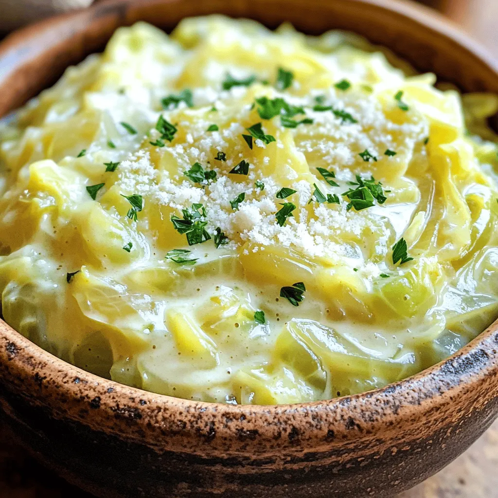 To make Slow Cooker Creamed Cabbage, gather these key ingredients: - 1 medium green cabbage, chopped into bite-sized pieces - 1 onion, sliced - 3 cloves garlic, minced - 2 cups vegetable broth - 1 cup heavy cream - 2 tablespoons butter - 1 teaspoon thyme (dried or fresh) - 1/2 teaspoon nutmeg - Salt and pepper to taste - 1/4 cup grated Parmesan cheese - Fresh parsley, chopped (for garnish) You will need a few tools to make this dish: - Slow cooker - Chopping board - Knife - Measuring cups - Measuring spoons - Mixing spoon These tools help you prep and cook the dish with ease. Using fresh herbs gives a brighter taste. Fresh thyme has a vibrant flavor. However, dried herbs work well too. They are easy to store and use. For this recipe, feel free to choose what you prefer. If using dried thyme, use less since it is stronger. A good rule is to use one-third the amount of dried herbs as fresh. This way, you’ll get the perfect flavor every time. Start by chopping one medium green cabbage into bite-sized pieces. Make sure the pieces are not too small. This helps them cook evenly. Next, slice one onion thinly and mince three cloves of garlic. The garlic adds a lovely aroma. Set all these veggies aside for now. Take your slow cooker and layer the chopped cabbage at the bottom. This forms a nice base. Next, add the sliced onion and minced garlic on top of the cabbage. This stacking lets the flavors mix well as they cook. Pour in two cups of vegetable broth. Make sure all the veggies are covered. Now, add two tablespoons of butter. Sprinkle one teaspoon of thyme and half a teaspoon of nutmeg over the top. Season with salt and pepper to taste. Gently mix everything so it blends. Cover the slow cooker with its lid. You can cook it on low heat for 6 to 8 hours. If you are short on time, set it to high for 3 to 4 hours. The cabbage should turn tender when it’s done. About 30 minutes before serving, stir in one cup of heavy cream and a quarter cup of grated Parmesan cheese. Mix well until combined and warm. Adjust the seasoning if needed, and you are ready to enjoy a cozy dish! To get the creamiest texture in your slow cooker creamed cabbage, use heavy cream. Adding the cream towards the end of cooking helps keep it thick. Stir in the Parmesan cheese right before serving. This adds a rich flavor, making it even creamier. If you want it extra smooth, use an immersion blender. Blend just a bit to keep some chunks. One mistake is overcooking the cabbage. If you cook it too long, it can turn mushy. Stick to the time guidelines: 6-8 hours on low or 3-4 hours on high. Another mistake is not seasoning enough. Taste your dish before serving. Adjust the salt and pepper as needed. Also, be sure to layer the ingredients correctly. This helps the flavors blend well. Start with the basics: thyme, nutmeg, salt, and pepper. These bring out the natural taste of the cabbage. If you like a bit of heat, add a pinch of red pepper flakes. For a touch of sweetness, consider a bit of sugar or maple syrup. Always taste and adjust. This will help you find the perfect balance for your dish. {{image_2}} You can easily add protein to your creamed cabbage. Try diced ham or cooked bacon. They add a smoky flavor that pairs well with the cream. If you prefer chicken, shredded rotisserie chicken works great too. For a meat-free option, add cooked lentils or chickpeas. Both are hearty and boost the dish's nutrition. To enhance flavor, consider adding spices or herbs. A pinch of smoked paprika can add warmth. You might also try a splash of hot sauce for heat. For a fresh kick, mix in lemon juice just before serving. Chopped green onions or chives sprinkled on top add a nice crunch. Experiment with what you like best! You can easily make this dish vegetarian or vegan. Use vegetable broth instead of chicken broth. Replace heavy cream with coconut milk or cashew cream. Nutritional yeast can replace Parmesan cheese, giving a cheesy flavor without the dairy. This way, everyone can enjoy this cozy dish, no matter their diet. After you enjoy this cozy dish, let it cool down. Place any leftovers in a container. Seal it tightly and store it in the fridge. Slow cooker creamed cabbage will stay fresh for about 3 to 5 days. If you want to keep it longer, consider freezing it. To freeze your creamed cabbage, use an airtight container. This keeps out air and prevents freezer burn. It should last for up to 3 months in the freezer. When you are ready to eat, thaw it overnight in the fridge. Reheat it gently on the stove. Add a splash of cream if it looks too thick. For storing creamed cabbage, glass containers work best. They keep the flavors intact and don’t stain. If you prefer plastic, choose BPA-free options. Make sure they are microwave-safe if you plan to reheat in them. Creamed cabbage stays fresh in the fridge for about 3 to 5 days. Make sure to store it in an airtight container. This keeps it safe and tasty for later meals. Always check for any off smells or changes in texture before eating. Yes, you can make this recipe ahead of time. Cook it in the slow cooker as directed. Allow it to cool before storing it in the fridge. You can reheat it on the stove or in the microwave. Just stir well and add a bit of cream if it seems dry. Slow cooker creamed cabbage pairs well with many dishes. Here are some ideas: - Roast chicken or turkey - Grilled sausages or pork - Mashed potatoes or rice - A hearty bread like sourdough This dish adds a creamy touch to any meal and makes it feel cozy. You can find the full recipe for Slow Cooker Creamed Cabbage above in the article. It includes all the ingredients and step-by-step instructions. This dish is easy to prepare and very satisfying. Enjoy the creamy goodness! You learned about the key ingredients for creamed cabbage and the tools you'll need. I shared tips on using fresh versus dried herbs. The step-by-step instructions will guide you in preparation and cooking. I also covered how to achieve the best texture and avoid common pitfalls. You can explore variations to fit your taste and dietary needs. Finally, I provided storage tips to keep your leftovers fresh. Now, you're ready to create your perfect dish! Enjoy your cooking adventure.