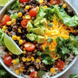 - 1 cup cooked rice (white or brown) - 1 cup ground beef or turkey - 1 tablespoon taco seasoning - 1 can (15 oz) black beans, drained and rinsed - 1 cup corn (canned or frozen) - 1 cup diced tomatoes (fresh or canned) - 1 small red onion, diced - 1 cup shredded lettuce - 1 cup shredded cheese (cheddar or Mexican blend) - 1 avocado, diced - Fresh cilantro, for garnish - Lime wedges, for serving - Salt and pepper to taste Each ingredient plays a key role in the Quick Taco Rice Bowl. The rice serves as a comfy base. Ground beef or turkey provides protein and richness. Taco seasoning adds that classic flavor. Black beans and corn give texture and fiber. Fresh tomatoes and lettuce boost color and crunch. Shredded cheese brings creaminess. Diced avocado adds healthy fats. Cilantro and lime give a fresh finish. Salt and pepper are essential to enhance all these flavors. Using these ingredients, you can create a meal that is quick, tasty, and satisfying. This bowl is also easy to customize. You can swap out proteins or veggies based on your taste. Enjoy experimenting with different combinations! 1. Start by heating a teaspoon of olive oil in a large skillet over medium heat. 2. Add the diced red onion and sauté it until it becomes soft and clear, about 3 to 4 minutes. 3. Next, add 1 cup of ground beef or turkey to the skillet. 4. Break the meat apart with a spatula and cook it until it turns brown and is no longer pink, which should take about 5 to 7 minutes. 5. If there is extra fat, drain it out. 6. Now, sprinkle 1 tablespoon of taco seasoning over the meat and stir it well to mix. 1. Add 1 cup of corn and 1 can of black beans (drained and rinsed) to the meat mixture. 2. Stir everything together and cook until it’s heated through, which should take about 3 to 4 minutes. 3. Finally, season the mixture with salt and pepper to taste. 1. For each serving, start with a base of 1 cup of cooked rice, either white or brown. 2. Layer the meat mixture on top of the rice. 3. Add 1 cup of diced tomatoes, followed by 1 cup of shredded lettuce and 1 cup of shredded cheese. 4. Top the bowl with diced avocado and garnish with fresh cilantro. 5. Serve with lime wedges on the side for some extra zest before you dig in. To make this dish fast, use pre-cooked rice. It cuts down your prep time. You can find it in stores or make it ahead at home. This choice saves you about 10 minutes. If you want a lighter meal, swap the beef or turkey with ground chicken or plant-based proteins. These options work well and taste great. They also add unique flavors to your taco rice bowl. Adjust the taco seasoning to fit your taste. If you like it spicy, add more seasoning. If you prefer mild, use less. You can mix in other spices like cumin or paprika to change the flavor. Experimenting with spices is fun. Adding fresh herbs like cilantro can brighten your dish. Try mixing in some smoked paprika for a deeper taste. Use lime juice to give your taco rice bowl a zesty kick. Just squeeze a wedge over your bowl before you eat. It enhances all the flavors. Pair your bowl with tortilla chips or salsa for a crunchy side. This adds texture and makes the meal even more enjoyable. You can also serve it with guacamole for extra creaminess. {{image_2}} You can easily make this dish vegetarian. Just switch the meat for lentils or quinoa. Lentils cook fast and add great protein. Quinoa is also a healthy choice. Both options give a nice texture. They soak up flavors well too. You won’t miss the meat! Want a different base? Use cauliflower rice or brown rice. Cauliflower rice is low in carbs and very light. It gives a fresh taste. Brown rice adds a nutty flavor and extra fiber. Both options make this bowl even healthier while keeping it tasty. Toppings can make your taco rice bowl fun. Try sour cream for creaminess. Jalapeños add a spicy kick. Hot sauce brings heat and flavor. You can also add salsa or guacamole. Don't forget lime juice! It brightens the dish and adds zest. Feel free to mix and match your favorite toppings! To keep your Taco Rice Bowl fresh, store it in the fridge. Use an airtight container. It stays good for about 3 days. For longer storage, you can freeze it. Divide the rice and toppings into separate containers. This keeps flavors and textures fresh. Freeze the components for up to 2 months. When it's time to eat leftovers, reheating is key. The best method is to use the microwave. Heat in short bursts, stirring in between. This helps warm everything evenly. You can also use a skillet over low heat. Add a splash of water to keep it moist. Meal prep makes weeknight dinners easier. Start by cooking a big batch of rice. You can also brown the meat ahead of time. Store the meat and rice in separate containers. Prep your toppings too. Dice the tomatoes and avocado the day before. Keep everything in the fridge. This way, you can grab and assemble your bowl quickly. Yes, you can make this recipe vegetarian. Instead of meat, use plant-based proteins. Here are some great options: - Lentils: Cooked lentils add protein and texture. - Quinoa: This grain is high in protein and has a nice nutty flavor. - Black beans: You can double the beans for extra protein. - Tofu: Crumbled tofu absorbs flavors well and can be seasoned just like meat. This recipe is quick and easy. Here is the breakdown: - Prep time: About 10 minutes. - Cook time: About 15 minutes. - Total time: 25 minutes to enjoy a delicious meal. You can make your own taco seasoning at home. Here’s how: - Chili powder: A key spice for flavor. - Cumin: Adds warmth and earthiness. - Garlic powder: For a savory touch. - Onion powder: Adds a slight sweetness. - Paprika: For color and a mild flavor. - Salt and pepper: To taste. Mix these spices to create a tasty homemade seasoning. In this blog post, we explored a simple taco rice bowl recipe. We covered each ingredient, from cooked rice to fresh cilantro. You learned how to cook the meat, mix the other ingredients, and assemble your bowl. We also shared tips for quick prep, vegetarian options, and storage advice. These bowls are easy to make and full of flavor. You can customize them to fit your taste. Enjoy experimenting with ingredients to create your perfect taco rice bowl.