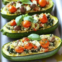 For Mediterranean stuffed zucchini, you need: - 4 medium zucchinis - 1 cup cooked quinoa - 1 cup cherry tomatoes, halved - 1 cup spinach, chopped - 1/2 cup feta cheese, crumbled - 1/2 cup Kalamata olives, sliced - 1 teaspoon dried oregano - 1 teaspoon garlic powder - 2 tablespoons olive oil - Salt and pepper to taste - Fresh basil leaves for garnish Each of these ingredients adds a special flavor to the dish. The zucchini acts as a boat, holding the filling well. Quinoa offers a hearty base. Feta cheese adds creaminess, while olives bring a salty punch. You can mix in some extras to make this dish your own. Try adding: - Chopped bell peppers for sweetness - Artichoke hearts for a tangy twist - Pine nuts for crunch - Fresh herbs like parsley or dill for brightness These add-ins can change the flavor profile and make the dish unique. This dish packs a nutritious punch. Each serving contains: - Approximately 250 calories - 8 grams of protein - 15 grams of fat - 30 grams of carbohydrates - Plenty of vitamins and minerals from the fresh veggies Mediterranean stuffed zucchini is not just tasty; it also supports a healthy diet. Plus, it's a great way to sneak in more vegetables! 1. Preheat your oven to 375°F (190°C). This helps cook your dish evenly. 2. Slice the zucchinis in half lengthwise. Use a spoon to scoop out the center. This creates little boats for your filling. Set the scooped flesh aside for later. 3. Chop the spinach and halve the cherry tomatoes. These add color and flavor to your filling. 1. Heat 1 tablespoon of olive oil in a large skillet over medium heat. 2. Add the chopped zucchini flesh, spinach, and halved tomatoes. Sauté for about 5-7 minutes. The spinach should wilt, and the tomatoes will soften. 3. In a mixing bowl, combine the cooked quinoa, sautéed veggies, crumbled feta, sliced olives, dried oregano, garlic powder, salt, and pepper. Stir well. This mix is full of flavor! 4. Drizzle the insides of each zucchini boat with the remaining olive oil. 5. Fill the boats with the quinoa mix. Press down gently so they are packed well. 6. Place the stuffed zucchinis in a baking dish. Cover it with foil and bake for 25-30 minutes. 7. Remove the foil and bake for an additional 10 minutes. This browns the tops and makes them delicious. 1. Garnish with fresh basil leaves before serving. They add a nice touch! 2. Serve warm with a side salad or some crusty bread. This makes a great meal! 3. Enjoy your Mediterranean stuffed zucchini as a main dish or a hearty side. Cooking zucchini well is key. Start with fresh zucchinis. Firm ones have the best flavor. Wash them under cold water. Cut them in half lengthwise. Scoop out the inside to create a boat. This step helps them cook evenly. To keep your stuffed zucchini from getting soggy, be sure to remove excess water. After scooping, sprinkle salt inside the zucchini boats. Let them sit for a few minutes to draw out moisture. Pat them dry with a paper towel. This way, your stuffing stays nice and firm. Mediterranean stuffed zucchini pairs well with many sides. A simple green salad adds a nice crunch. You can also serve it with warm pita bread. This dish goes great with hummus too. A glass of chilled white wine enhances the meal's flavors. Feel free to mix and match to find your favorites! {{image_2}} Mediterranean stuffed zucchini can easily fit your diet. To make it vegetarian, skip the feta cheese. Replace it with a mix of nuts and seeds for added crunch. For a vegan version, use tofu or a vegan cheese option. You can also add more veggies like bell peppers or mushrooms for more flavor and texture. This dish is naturally gluten-free since it uses quinoa instead of grains. Make sure all your add-ins are gluten-free too. Check the labels on your olives and any cheese alternatives. You can also swap quinoa for rice or millet if you prefer. To boost flavor, add fresh herbs like parsley or dill. A squeeze of lemon juice gives a zesty touch that brightens the dish. Experiment with spices too. Try adding cumin or paprika for extra depth. You can also mix in some cooked lentils for added protein and texture. After you enjoy your Mediterranean stuffed zucchini, let the leftovers cool to room temperature. Place them in an airtight container. You can keep them in the fridge for up to three days. This dish tastes great even after a day or two. If you want to save your stuffed zucchini for later, freezing is a good option. Wrap each stuffed zucchini tightly in plastic wrap or foil. You can also place them in a freezer-safe container. They can last up to three months in the freezer. When you’re ready to eat, thaw them overnight in the fridge. To reheat, you have a few choices. You can use the oven or microwave. For the oven, preheat to 350°F (175°C). Place the stuffed zucchini on a baking sheet and cover with foil. Heat for about 15-20 minutes. If using a microwave, place one zucchini on a plate and heat for about 2-3 minutes. Check to make sure it's warm throughout. Enjoy your delicious meal again! You bake Mediterranean stuffed zucchini for about 25 to 30 minutes. First, cover the dish with foil. This keeps the moisture in and helps the zucchini cook. After that, remove the foil and bake for another 10 minutes. This step gives a nice golden top. Yes, you can use different types of cheese. Feta adds a nice tang, but you can try mozzarella or goat cheese. If you like a stronger flavor, use Parmesan. Each cheese will change the taste a little. Experiment with what you like best. If you want a substitute for quinoa, try rice or couscous. Both options work well in this dish. You can also use farro or barley for a different texture. Just make sure to cook them before mixing with the veggies. In this blog post, we covered key ingredients for Mediterranean stuffed zucchini and shared some optional add-ins. I guided you through step-by-step prep, cooking methods, and serving ideas. We also explored valuable tips to keep your dish from getting soggy. Finally, I shared storage tips and answered common questions. Cooking can be easy and fun. With these guidelines, you can create a tasty dish that fits your needs. Enjoy your time in the kitchen!