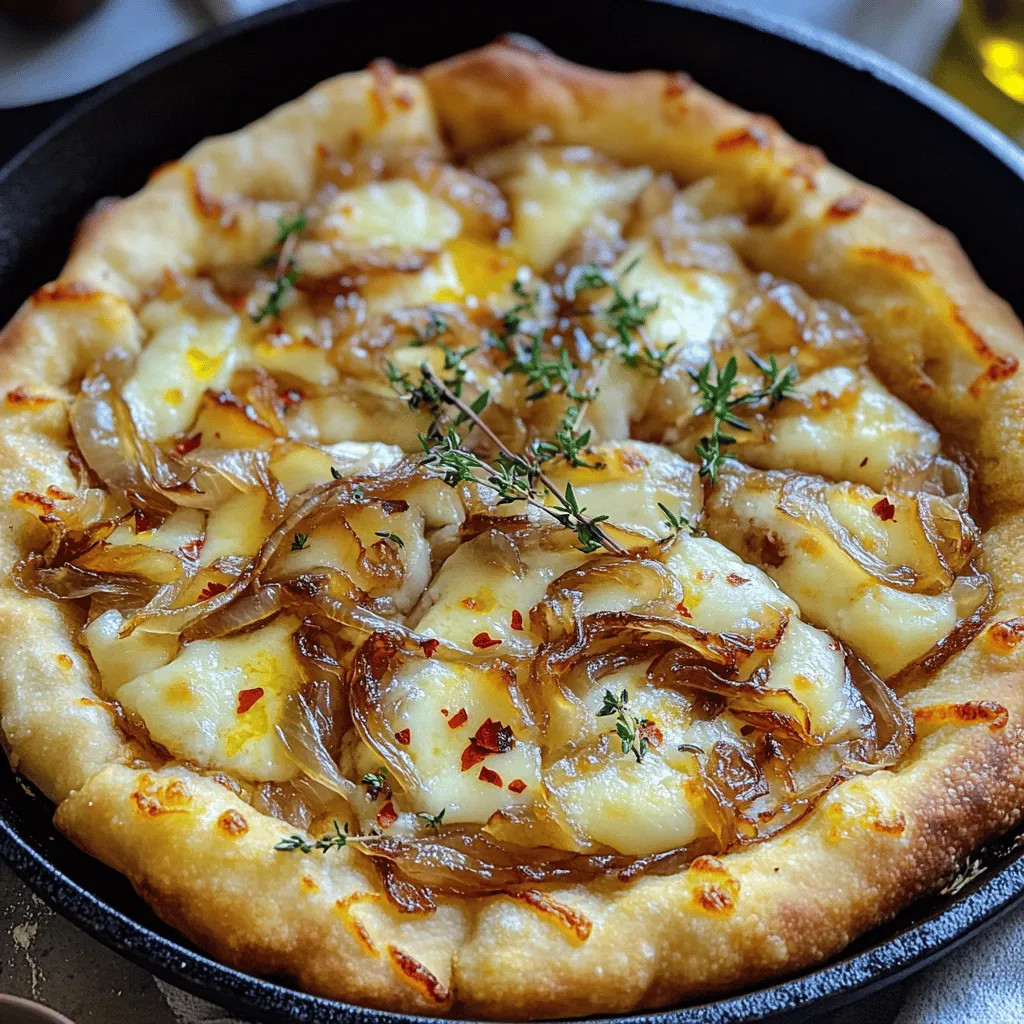 Here's what you need to make this tasty Caramelized Onion Gruyere Skillet Pizza. Gather these items before you start cooking: - 1 large onion, thinly sliced - 2 tablespoons olive oil - 1 teaspoon sugar - 1 teaspoon balsamic vinegar - 1 1/2 cups all-purpose flour - 1 teaspoon baking powder - 1/2 teaspoon salt - 1/2 cup warm water - 1 cup grated Gruyere cheese - Fresh thyme leaves (for garnish) - Optional: Red pepper flakes for a spicy kick These ingredients combine to create a rich and savory flavor. The onions bring a sweet depth, while Gruyere cheese adds a creamy texture. You can adjust the red pepper flakes to fit your taste. Enjoy the mix of flavors in each bite! To start, grab a large skillet. Add 2 tablespoons of olive oil and the thinly sliced onion. Cook the onions over medium heat. Stir them every few minutes. This helps them soften and cook evenly. After about 15 minutes, the onions will look soft. Now, it's time to add flavor. Sprinkle in 1 teaspoon of sugar and 1 teaspoon of balsamic vinegar. Stir well to mix everything. Keep cooking for another 10-15 minutes. You want the onions to become a nice golden brown. This is the sweet, rich caramelization that makes the pizza shine. Next, let's make the dough. In a large bowl, mix 1 1/2 cups of all-purpose flour, 1 teaspoon of baking powder, and 1/2 teaspoon of salt. Make sure to combine it well. Now, add 1/2 cup of warm water slowly. Stir until the dough forms. This part is fun! Knead the dough on a floured surface for about 2-3 minutes. You want it to feel smooth and elastic. Now, roll out the dough. Place it on a parchment-lined surface. Shape it into a circle that fits your skillet. Aim for about 10 inches in diameter. This will be the base for our pizza. Heat 1 tablespoon of olive oil in the same skillet over medium heat. Carefully place the rolled-out dough in the skillet. Cook it for about 3-4 minutes. You want the bottom to turn golden brown. This creates a nice crust. Time for the fun part—toppings! Layer the caramelized onions evenly over the dough. Next, sprinkle 1 cup of grated Gruyere cheese on top. The cheese will melt beautifully while baking. Preheat your oven to 400°F (200°C). Once ready, transfer the skillet to the oven. Bake for 10-12 minutes. Look for bubbly cheese and a slightly browned top. This means your pizza is ready! To get the best caramelized onions, timing and temperature matter. Start with medium heat. This allows the onions to cook slowly. Cook for about 25 minutes total. You want them soft and golden brown. Stir the onions every few minutes. This helps them cook evenly. If they stick, add a splash of water. This will loosen them up and keep them from burning. The right dough texture is key. Mix the flour, baking powder, and salt well. Add warm water slowly. You want a soft, smooth dough. If it's too dry, add a bit more water. You can try different flours too. Whole wheat flour adds a nutty flavor. Gluten-free flour works if you need a gluten-free option. Just remember to adjust water as needed. Serve your pizza right from the skillet. This gives a rustic feel. Garnish with fresh thyme and a drizzle of olive oil. For sides, try a simple salad. A green salad adds freshness. Roasted vegetables also pair well. Enjoy your meal with a light white wine or sparkling water. {{image_2}} You can change the cheese to fit your taste. Try mozzarella for a milder flavor. Cheddar gives a sharp bite, while fontina adds creaminess. For a vegan twist, use nut-based cheeses or soy cheese. These options melt well and taste great on pizza. Add more veggies to your pizza for extra flavor. Bell peppers, mushrooms, or spinach work well. If you want meat, consider adding cooked bacon or spicy sausage. These toppings make your dish heartier and more filling. Fresh herbs and spices can boost your pizza's taste. Try basil or oregano for a classic touch. You can also experiment with sauces! A drizzle of garlic oil or pesto adds depth. Mix and match flavors to find your favorite combination. To store leftovers in the fridge, first let the pizza cool down. Place the slices in an airtight container. You can also wrap them in plastic wrap or foil. This keeps the pizza fresh and tasty. Store it in the fridge for up to three days. When you are ready to eat, just reheat it. For freezing pizza, let it cool completely. Cut the pizza into slices. Wrap each slice in plastic wrap. Then, place them in a freezer bag. Squeeze out the air before sealing. This helps prevent freezer burn. You can freeze the pizza for up to three months. To reheat, take a slice out of the freezer. Let it thaw in the fridge overnight for best results. Heat the oven to 375°F (190°C). Place the slice on a baking sheet and warm it for about 10-15 minutes. This helps keep the crust crispy and the cheese melty. Enjoy! To make the best caramelized onions, use low heat. This helps the sugars release slowly. Start with a large onion, thinly sliced. In your skillet, add 2 tablespoons of olive oil. Cook the onions for about 15 minutes, stirring often. When they start to soften, add 1 teaspoon of sugar and 1 teaspoon of balsamic vinegar. Keep cooking for another 10–15 minutes. Stir frequently until they turn a rich, golden brown. Patience is key here; it’s worth the wait! Yes, you can make the dough ahead of time! Mix the dry ingredients and add warm water. Once you knead it, wrap it in plastic. Store it in the fridge for up to two days. When you are ready to use it, let it come to room temperature. This helps the dough rise better when you cook it. This pizza pairs well with several sides. A fresh green salad adds a nice crunch. Try a simple arugula salad with lemon vinaigrette. A light soup, like tomato or butternut squash, also works well. For drinks, a crisp white wine or lemonade complements the flavors nicely. You can even offer a light beer for a casual vibe. Reheating is simple! Preheat your oven to 350°F (175°C). Place the pizza on a baking sheet. Bake for about 10 minutes. This keeps the crust crispy and the cheese melty. You can also use a skillet on low heat. Cover it with a lid to warm it evenly. Enjoy your leftovers just as good as the first time! This blog post covered how to make Caramelized Onion Gruyere Skillet Pizza. We discussed the key ingredients, from onions to Gruyere cheese. I shared step-by-step instructions for cooking and tips to perfect your dish. You learned about variations and how to store leftovers too. In summary, this pizza is tasty and easy to make. Try your own flavors and enjoy every bite. Happy cooking!