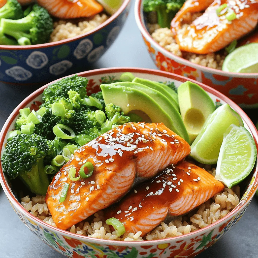 - 2 salmon fillets - 2 tablespoons honey - 2 tablespoons sriracha sauce - 1 tablespoon soy sauce (or tamari for gluten-free) - 1 teaspoon garlic powder - 1 teaspoon sesame oil The key to the flavor in these bowls lies in the marinade. I mix honey, sriracha, soy sauce, garlic powder, and sesame oil. This blend gives the salmon a sweet and spicy kick. The honey balances the heat from the sriracha, creating a unique taste. Using soy sauce or tamari is crucial for a savory depth. I find that this mixture coats the salmon perfectly, making each bite juicy and flavorful. - 1 cup cooked brown rice or quinoa - 1 cup steamed broccoli florets - 1 avocado, sliced - 2 green onions, chopped For a complete meal, I pair the salmon with brown rice or quinoa. Both grains add texture and nutrition. Steamed broccoli adds color and vitamins. I love adding creamy avocado for richness. Lastly, chopped green onions offer a fresh crunch. Together, these ingredients create a balanced dish that’s both healthy and satisfying. - Sesame seeds - Lime wedges To finish, I sprinkle sesame seeds on top. They add a nice crunch and look great too. Lime wedges are a must for serving. The citrusy zing brightens the whole dish. Just a squeeze of lime brings all the flavors together and makes each bite pop. First, gather your ingredients for the marinade. You will need honey, sriracha sauce, soy sauce, garlic powder, and sesame oil. In a bowl, whisk these ingredients together. Make sure they blend well for a smooth mix. Once combined, add the salmon fillets. Coat them evenly with the marinade. Let them sit for at least 15 minutes. This waiting time helps the flavors soak in. Next, it’s time to preheat your air fryer. Set it to 400°F (200°C) and let it warm up for about 5 minutes. After preheating, take the salmon out of the marinade. Place the fillets in the air fryer basket. Cook the salmon for 8 to 10 minutes. Flip the fillets halfway through cooking. This step ensures they cook evenly. The salmon should flake easily when done. While the salmon cooks, prepare your bowls. Start by dividing the cooked brown rice or quinoa among them. On one side of each bowl, add a portion of steamed broccoli florets. Next, arrange the sliced avocado next to the broccoli. Once the salmon is ready, place a fillet on top of the rice or quinoa in each bowl. If you have leftover marinade, drizzle it over the salmon. Finally, garnish with chopped green onions and sesame seeds. Serve with lime wedges for a fresh kick. To make the marinade truly your own, adjust the flavors. Add more honey for sweetness or more sriracha for heat. You can also try lime juice for a fresh zing. If you need a gluten-free option, swap soy sauce for tamari. This keeps the taste while meeting dietary needs. For even cooking, place the salmon fillets in a single layer. Avoid crowding the air fryer basket. This helps hot air circulate around the fish. To check for doneness, use a fork. If the salmon flakes easily, it's done. The internal temperature should reach 145°F (63°C) for safety. Creative plating can elevate your meal. Use colorful bowls to showcase the bright ingredients. Arrange brown rice, broccoli, and avocado neatly. Place the salmon on top for a stunning look. For sides, consider a fresh salad or roasted veggies. Lime wedges add a nice touch and extra flavor. {{image_2}} You can switch proteins in this dish. Chicken or tofu works great. Both will soak up the honey sriracha flavor well. If you seek a different grain, try farro or wild rice. These grains add unique textures and flavors to your bowl. Spice it up! Consider adding spices like paprika or cumin for depth. Fresh herbs like cilantro or basil can brighten the dish. You can also mix sauces for a twist. Try a teriyaki blend or a citrus-based sauce to change the flavor profile. Use what’s fresh! In summer, add zucchini or bell peppers. In fall, think about butternut squash or Brussels sprouts. Adjust the recipe based on what’s in season. This keeps your meal exciting and supports local farms. To save your salmon bowls, cool them first. Place the salmon and vegetables in separate containers. This keeps the flavors fresh. Use airtight containers for best results. Glass or BPA-free plastic works well. Reheat your salmon bowls gently. The best way is in the air fryer. Set it to 350°F (175°C) and warm for about 5 minutes. You can also use a microwave. Heat for 1-2 minutes, checking often to avoid drying out. Yes, you can freeze the dish. For best results, freeze the salmon and grains separately. Wrap the salmon in plastic wrap and then in foil. Store the grains in a freezer bag. This way, you preserve the taste and texture. You should marinate the salmon for at least 15 minutes. This time allows the flavors to soak in well. If you have more time, you can marinate it for up to an hour for even richer taste. Just make sure to cover it and keep it in the fridge. Yes, you can prepare this recipe ahead of time. You can marinate the salmon and store it in the fridge. Cooked rice or quinoa can also be made in advance. Just keep everything in separate containers. When you’re ready to eat, simply cook the salmon in the air fryer and assemble your bowls. The best temperature for cooking salmon in an air fryer is 400°F (200°C). This high heat helps to create a nice crust while keeping the inside tender and flaky. Preheat your air fryer for about 5 minutes to get the best results. Yes, this recipe can be gluten-free. You just need to use tamari instead of soy sauce. Tamari is a great gluten-free option that still gives a nice flavor. Be sure to check labels on any sauces to ensure they are gluten-free. Salmon bowls combine tasty ingredients and easy steps. You learned about the main components, including salmon, honey, and tasty sides. I shared tips for marinating and air frying the salmon perfectly. You can switch ingredients for fun variations or store leftovers well. Enjoy making this dish at home. It’s healthy, versatile, and packed with flavor. Get creative with your toppings and enjoy the process!