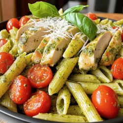 - 2 boneless, skinless chicken breasts - 8 oz penne pasta - 1 cup basil pesto (homemade or store-bought) - ½ cup grated Parmesan cheese, plus extra for serving - 2 cups cherry tomatoes, halved - 2 tablespoons olive oil - 2 cloves garlic, minced - ¼ teaspoon red pepper flakes (optional) - Salt and pepper to taste - Fresh basil leaves for garnish The main ingredients give this dish its heart. The chicken adds protein, while the penne pasta provides a great base. You can use homemade or store-bought basil pesto, which brings a fresh taste. The grated Parmesan cheese melts beautifully, adding creaminess. Cherry tomatoes add a burst of color and flavor. In addition, olive oil helps cook the chicken and garlic. Garlic gives a nice aroma and flavor. Red pepper flakes can add a little heat if you like spice. Don't forget to season with salt and pepper for balance. Fresh basil leaves make your dish look and taste bright. When you gather these ingredients, you set the stage for a tasty meal. Each one plays a role in making Parmesan chicken pesto pasta a savory delight. First, boil the penne pasta in a large pot of salted water. Use enough water to cover the pasta. Cook it according to the package instructions until it is al dente. This means it should be firm but not hard. When done, drain the pasta but save ½ cup of the pasta water. This water helps to make the sauce creamy later. Next, season both sides of the chicken breasts with salt, pepper, and red pepper flakes if you want some heat. Heat olive oil in a large skillet over medium-high heat. Once hot, add the chicken breasts. Cook them for 6-7 minutes on each side. Make sure they are cooked through and not pink inside. After cooking, remove the chicken and let it rest for a few minutes before slicing. Resting helps keep the juices inside. Now, let's sauté the garlic. In the same skillet, lower the heat to medium. Add the minced garlic and cook for about one minute. Be careful not to burn it; burnt garlic tastes bitter. After that, add the halved cherry tomatoes to the skillet. Cook them for 2-3 minutes until they start to soften. They will add a nice flavor to the dish. Finally, it's time to mix everything together. Add the cooked pasta and the basil pesto to the skillet. Pour in the reserved pasta water and sprinkle in the grated Parmesan cheese. Toss everything gently until well combined. This step is crucial for achieving the perfect texture. Make sure the pasta is coated nicely with the pesto. Slice the rested chicken and place it on top of the pasta. You can toss it all together or serve the chicken on top for a nice look. To avoid overcooking the chicken, always use a meat thermometer. The chicken should reach 165°F. Cook the chicken over medium heat for 6-7 minutes on each side. This keeps it juicy and tender. Balancing flavors is key. Use just the right amount of salt and pepper. Start with a little, then taste. Add more if needed. Remember, the cheese and pesto also add saltiness. For an elegant look, use a large bowl to serve. Twirl the pasta in the center, then layer the sliced chicken on top. This makes the dish pop. Garnishes can enhance flavor and beauty. Sprinkle more grated Parmesan on top. Add fresh basil leaves for color and aroma. A drizzle of olive oil can add a nice shine, too. {{image_2}} You can switch the chicken for shrimp or tofu. Shrimp cooks fast and adds a nice touch. Just sauté it for a few minutes until it turns pink. Tofu is great for a plant-based meal. Use firm tofu, and cook it until golden brown. This dish fits many diets, so feel free to adapt. Try different flavors for your pesto. Sun-dried tomatoes add a sweet twist. Spinach can give a fresh taste. If you need a dairy-free option, use nutritional yeast instead of cheese. For nut-free pesto, replace nuts with seeds like sunflower seeds. These changes keep the dish fun and exciting. To keep your Parmesan chicken pesto pasta fresh, follow these easy steps. First, let the dish cool down to room temperature. This prevents condensation in the container. Use an airtight container for storage. Place the leftover pasta inside and seal it tightly. You can store it in the fridge for up to three days. If you notice any signs of spoilage, it's best to toss it out. If you want to save some for later, freezing is a great option. Start by portioning the pasta into individual servings. This makes it easy to take out only what you need. Use freezer-safe containers or bags. Make sure to remove as much air as possible to prevent freezer burn. You can freeze the pasta for up to three months. When you're ready to eat, take the pasta out of the freezer. Let it thaw in the fridge overnight for best results. To reheat, place it in a pan over low heat. Add a splash of water or olive oil to keep it moist. Stir gently until heated through. Enjoy a delicious meal with great texture, just like the first time! To make pesto, blend these ingredients in a food processor: - 2 cups fresh basil leaves - ½ cup grated Parmesan cheese - ⅓ cup pine nuts - 2 cloves garlic - ½ cup olive oil - Salt to taste Blend until smooth. This fresh pesto adds great flavor to your dish. Yes, you can try different pasta types. Here are some good options: - Fusilli - Farfalle - Spaghetti - Orzo Each shape offers a unique texture and can make your dish fun. To reduce the heat, simply leave out the red pepper flakes. You can also: - Use less garlic - Add more cheese for creaminess - Serve with a side of yogurt These tips help balance the flavors without losing taste. Yes, this dish is great for meal prep! Follow these tips: - Store leftovers in airtight containers. - Keep the chicken and pasta separate to prevent sogginess. - Reheat gently in the microwave or on the stove. This way, you enjoy a tasty meal throughout the week! This recipe for Parmesan Chicken Pesto Pasta combines tasty ingredients and easy steps. You learned how to cook perfectly tender chicken, sauté garlic, and cherry tomatoes, and mix it all with pasta and pesto. Remember to try your own flavor twists with different proteins or pesto variations. With the tips shared, you can present this dish beautifully. Whether for a family meal or meal prep, this dish is a winner. Enjoy your cooking journey with these delightful flavors!