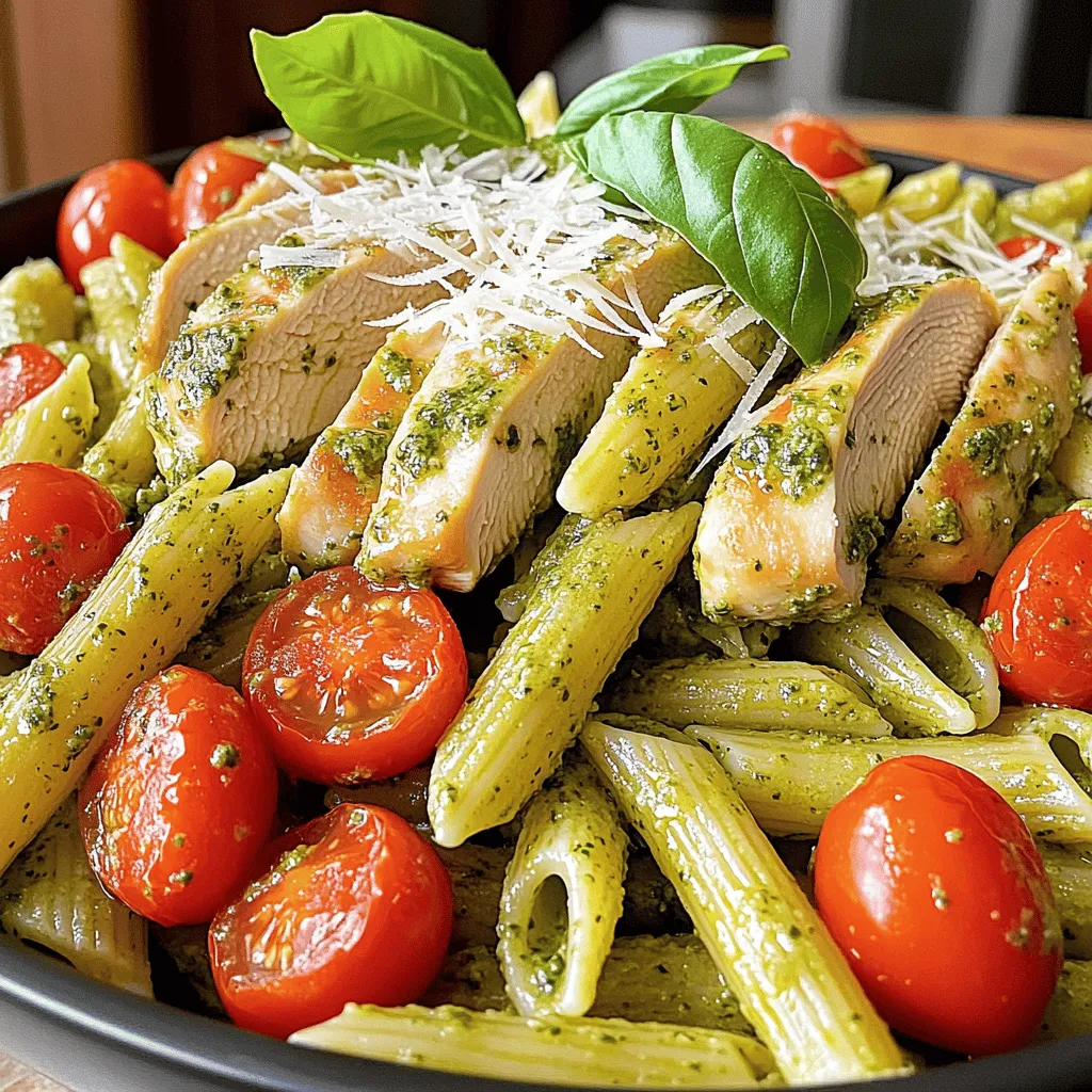 - 2 boneless, skinless chicken breasts - 8 oz penne pasta - 1 cup basil pesto (homemade or store-bought) - ½ cup grated Parmesan cheese, plus extra for serving - 2 cups cherry tomatoes, halved - 2 tablespoons olive oil - 2 cloves garlic, minced - ¼ teaspoon red pepper flakes (optional) - Salt and pepper to taste - Fresh basil leaves for garnish The main ingredients give this dish its heart. The chicken adds protein, while the penne pasta provides a great base. You can use homemade or store-bought basil pesto, which brings a fresh taste. The grated Parmesan cheese melts beautifully, adding creaminess. Cherry tomatoes add a burst of color and flavor. In addition, olive oil helps cook the chicken and garlic. Garlic gives a nice aroma and flavor. Red pepper flakes can add a little heat if you like spice. Don't forget to season with salt and pepper for balance. Fresh basil leaves make your dish look and taste bright. When you gather these ingredients, you set the stage for a tasty meal. Each one plays a role in making Parmesan chicken pesto pasta a savory delight. First, boil the penne pasta in a large pot of salted water. Use enough water to cover the pasta. Cook it according to the package instructions until it is al dente. This means it should be firm but not hard. When done, drain the pasta but save ½ cup of the pasta water. This water helps to make the sauce creamy later. Next, season both sides of the chicken breasts with salt, pepper, and red pepper flakes if you want some heat. Heat olive oil in a large skillet over medium-high heat. Once hot, add the chicken breasts. Cook them for 6-7 minutes on each side. Make sure they are cooked through and not pink inside. After cooking, remove the chicken and let it rest for a few minutes before slicing. Resting helps keep the juices inside. Now, let's sauté the garlic. In the same skillet, lower the heat to medium. Add the minced garlic and cook for about one minute. Be careful not to burn it; burnt garlic tastes bitter. After that, add the halved cherry tomatoes to the skillet. Cook them for 2-3 minutes until they start to soften. They will add a nice flavor to the dish. Finally, it's time to mix everything together. Add the cooked pasta and the basil pesto to the skillet. Pour in the reserved pasta water and sprinkle in the grated Parmesan cheese. Toss everything gently until well combined. This step is crucial for achieving the perfect texture. Make sure the pasta is coated nicely with the pesto. Slice the rested chicken and place it on top of the pasta. You can toss it all together or serve the chicken on top for a nice look. To avoid overcooking the chicken, always use a meat thermometer. The chicken should reach 165°F. Cook the chicken over medium heat for 6-7 minutes on each side. This keeps it juicy and tender. Balancing flavors is key. Use just the right amount of salt and pepper. Start with a little, then taste. Add more if needed. Remember, the cheese and pesto also add saltiness. For an elegant look, use a large bowl to serve. Twirl the pasta in the center, then layer the sliced chicken on top. This makes the dish pop. Garnishes can enhance flavor and beauty. Sprinkle more grated Parmesan on top. Add fresh basil leaves for color and aroma. A drizzle of olive oil can add a nice shine, too. {{image_2}} You can switch the chicken for shrimp or tofu. Shrimp cooks fast and adds a nice touch. Just sauté it for a few minutes until it turns pink. Tofu is great for a plant-based meal. Use firm tofu, and cook it until golden brown. This dish fits many diets, so feel free to adapt. Try different flavors for your pesto. Sun-dried tomatoes add a sweet twist. Spinach can give a fresh taste. If you need a dairy-free option, use nutritional yeast instead of cheese. For nut-free pesto, replace nuts with seeds like sunflower seeds. These changes keep the dish fun and exciting. To keep your Parmesan chicken pesto pasta fresh, follow these easy steps. First, let the dish cool down to room temperature. This prevents condensation in the container. Use an airtight container for storage. Place the leftover pasta inside and seal it tightly. You can store it in the fridge for up to three days. If you notice any signs of spoilage, it's best to toss it out. If you want to save some for later, freezing is a great option. Start by portioning the pasta into individual servings. This makes it easy to take out only what you need. Use freezer-safe containers or bags. Make sure to remove as much air as possible to prevent freezer burn. You can freeze the pasta for up to three months. When you're ready to eat, take the pasta out of the freezer. Let it thaw in the fridge overnight for best results. To reheat, place it in a pan over low heat. Add a splash of water or olive oil to keep it moist. Stir gently until heated through. Enjoy a delicious meal with great texture, just like the first time! To make pesto, blend these ingredients in a food processor: - 2 cups fresh basil leaves - ½ cup grated Parmesan cheese - ⅓ cup pine nuts - 2 cloves garlic - ½ cup olive oil - Salt to taste Blend until smooth. This fresh pesto adds great flavor to your dish. Yes, you can try different pasta types. Here are some good options: - Fusilli - Farfalle - Spaghetti - Orzo Each shape offers a unique texture and can make your dish fun. To reduce the heat, simply leave out the red pepper flakes. You can also: - Use less garlic - Add more cheese for creaminess - Serve with a side of yogurt These tips help balance the flavors without losing taste. Yes, this dish is great for meal prep! Follow these tips: - Store leftovers in airtight containers. - Keep the chicken and pasta separate to prevent sogginess. - Reheat gently in the microwave or on the stove. This way, you enjoy a tasty meal throughout the week! This recipe for Parmesan Chicken Pesto Pasta combines tasty ingredients and easy steps. You learned how to cook perfectly tender chicken, sauté garlic, and cherry tomatoes, and mix it all with pasta and pesto. Remember to try your own flavor twists with different proteins or pesto variations. With the tips shared, you can present this dish beautifully. Whether for a family meal or meal prep, this dish is a winner. Enjoy your cooking journey with these delightful flavors!