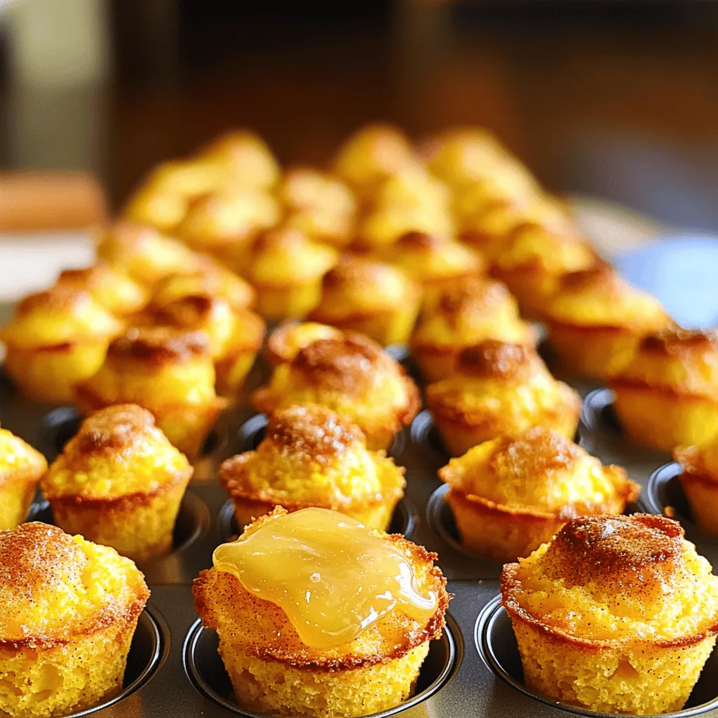 - 1 cup cornmeal - 1 cup all-purpose flour - 1/4 cup granulated sugar - 1 tablespoon baking powder - 1/2 teaspoon salt - 1 cup buttermilk - 2 large eggs - 1/4 cup unsalted butter, melted These main ingredients create the perfect base for cornbread poppers. Cornmeal gives the poppers that classic cornbread feel. The flour adds structure, while the sugar balances the taste. Baking powder helps them rise, and salt enhances all the flavors. Buttermilk keeps them moist, and eggs bind everything together. Finally, melted butter brings richness to each bite. - 1/2 cup corn kernels (fresh or frozen) - 1/4 cup honey - 1/4 cup unsalted butter, softened (for honey butter) - Pinch of cinnamon (optional) Adding corn kernels gives a sweet crunch. Honey brings extra sweetness, making each popper delightful. The honey butter adds a creamy touch that you will love. A pinch of cinnamon can add a warm twist if desired. Feel free to mix and match these flavors to suit your taste. 1. First, preheat your oven to 400°F (200°C). This step ensures even baking. 2. Next, grease a mini muffin tin with cooking spray or melted butter. This helps the poppers come out easily. 3. In a large bowl, mix together the cornmeal, all-purpose flour, granulated sugar, baking powder, and salt. Stir until well combined. 1. In another bowl, whisk the buttermilk, eggs, and melted butter. Make sure they mix well. 2. Pour the wet mixture into the dry ingredients. Mix until just combined. Do not over-mix. Gently fold in the corn kernels to add a sweet crunch. 1. Use a spoon or cookie scoop to fill each muffin cup about two-thirds full with the batter. This helps them bake evenly. 2. Bake the poppers for 12 to 15 minutes. Look for golden brown tops. 3. To check for doneness, insert a toothpick into the center of a popper. If it comes out clean, they are ready! To make perfect cornbread poppers, you must avoid over-mixing the batter. Mix just until the dry and wet ingredients blend. Over-mixing makes the poppers dense. You want them light and fluffy. Greasing your muffin tin is also key. Use cooking spray or melted butter. Make sure to coat each cup well. This helps the poppers to pop out smoothly after baking. Cornbread poppers pair great with chili or soups. They add a sweet touch to savory dishes. You can also serve them at parties or family gatherings. They are fun finger foods for kids and adults. You can change the spices and sweetness for different flavors. Try adding jalapeños for a spicy kick. Or mix in some cheese for a savory twist. Using different types of corn kernels can enhance the taste too. Fresh corn gives a nice crunch. Frozen corn is easy and still tasty. Both options work well in this recipe. {{image_2}} You can easily change some ingredients in this recipe. - For a gluten-free option, use almond flour or a gluten-free blend. - If you need a dairy-free choice for buttermilk, try almond milk with a splash of vinegar. These swaps keep the taste great while fitting your needs. Want to mix it up? You can add fun flavors to your poppers. - Try mixing in chopped jalapeños or shredded cheese for a spicy twist. - For a sweet treat, add fruit like blueberries or even chocolate chips. These options make your cornbread poppers unique and exciting. You have choices in how to cook these poppers. - An air fryer will give you a nice, crispy outside and soft inside. - If you prefer, bake them in the oven as the recipe shows. For a fun twist, think about making a cornbread casserole instead of poppers. Just spread the batter in a baking dish and bake it longer. This way, you can serve it as a side or a main dish. To keep your Southern Honey Butter Cornbread Poppers fresh, store them in an airtight container. This helps lock in moisture and flavor. Place the container in the fridge. Leftovers can last up to four days. If you want to enjoy them longer, consider freezing. For the best texture, reheat poppers in the oven. Preheat your oven to 350°F (175°C), and place the poppers on a baking sheet. Heat for about 5-7 minutes until warm. You can also use a microwave, but it may make them a bit soft. Try using leftover poppers in soups or salads for a tasty twist. To freeze cornbread poppers, let them cool completely first. Then, place them in a single layer on a baking sheet. Freeze until solid, then transfer to a freezer bag. This method helps prevent sticking. When you're ready to eat, thaw them overnight in the fridge. Reheat in the oven for best results. Enjoy your poppers anytime! What is the best way to ensure cornbread poppers are fluffy? To make cornbread poppers fluffy, do not over-mix the batter. Mix until just combined. This keeps air in the batter, which helps it rise. Using fresh baking powder also adds to the fluffiness. Ensuring your oven is preheated to 400°F (200°C) is key too. Can I make these ahead of time? Yes, you can make these ahead of time. Prepare the batter and store it in the fridge for up to 24 hours. When you're ready, just scoop and bake. You can also bake them ahead and reheat when needed. Are Southern Honey Butter Cornbread Poppers healthy? These poppers can be enjoyed in moderation. They contain carbs from cornmeal and sugar. The use of buttermilk adds some calcium. The butter and honey do add some fat and sugar, so balance them with healthy sides. How many calories are in each popper? Each popper has around 70 calories. This can vary based on exact ingredients used. To get a more accurate count, check the specific brands of ingredients. How many poppers per serving? A good serving size is about 3 to 4 poppers. This allows for a nice snack or side dish. Adjust based on your guests' appetite. Ideal crowd sizes and portions These poppers are great for gatherings. For a crowd of 6, aim for 18 poppers. This gives everyone enough to enjoy. For larger parties, just make more! In this post, I shared how to make delicious Southern Honey Butter Cornbread Poppers. You learned about the key ingredients, easy preparation steps, and baking tips. Remember to measure carefully and not over-mix. These poppers are perfect for any gathering and can be customized to fit your taste. Keeping leftovers fresh is easy with my storage tips. Enjoy your cornbread poppers warm or as a fun twist later. Embrace the joy of cooking and share these tasty treats with others.