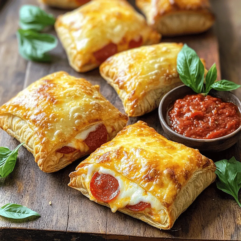 To make Easy Cheesy Pizza Pockets, gather these simple ingredients: - 1 package refrigerated pizza dough - 1 cup mozzarella cheese, shredded - ½ cup pepperoni slices (or your choice of filling like veggies) - ¼ cup pizza sauce - 1 teaspoon Italian seasoning - 1 egg, beaten (for egg wash) - Olive oil (for greasing) - Flour (for dusting) These ingredients create a tasty treat that everyone loves. You can swap some ingredients for a twist: - Use cheddar cheese instead of mozzarella for a sharper flavor. - Swap pepperoni for cooked sausage, ham, or veggies for a healthier option. - Try adding garlic powder or red pepper flakes for a kick! - Use store-bought marinara sauce instead of pizza sauce for a different taste. Feel free to mix and match to suit your taste! Choosing the right brands can help. I recommend these: - For pizza dough, try Pillsbury or Trader Joe’s. They are reliable and easy to work with. - For cheese, use Sargento or Kraft mozzarella. They melt well and taste great. These brands help ensure your pizza pockets turn out delicious! To start, gather your ingredients. You will need pizza dough, cheese, and your choice of filling. You can use pepperoni or veggies. Preheat your oven to 400°F (200°C). Grease a baking sheet lightly with olive oil. Dust your work surface with flour to prevent sticking. 1. Roll out the pizza dough on the floured surface. Aim for about ¼ inch thick. 2. Use a pizza cutter or knife to cut the dough into squares or circles. Each piece should be about 4-5 inches wide. 3. In a bowl, mix the shredded mozzarella, pepperoni, pizza sauce, and Italian seasoning. Stir until well combined. 4. Place a spoonful of the filling in the center of each dough piece. Make sure to leave space around the edges. 5. Fold the dough over to form a pocket. Press the edges together tightly. 6. Take a fork and crimp the edges for a strong seal. This step keeps the filling inside. 7. Brush the tops with beaten egg for a nice golden color. 8. Place the pockets on the prepared baking sheet. Bake for 12-15 minutes until they are golden brown. 9. Once baked, let them cool for a few minutes before serving. To ensure a good seal, press the edges firmly together. The fork crimping adds a nice touch and helps keep everything in. If the dough feels dry, dampen your fingers with a little water before sealing. This helps the dough stick better. Always check for any gaps where filling might escape. A good seal means less mess and more cheesy goodness! To make the best pizza pockets, start with fresh dough. If you can, use homemade dough. It gives the best flavor. Roll the dough evenly. This helps the pizza pockets cook well. When cutting the dough, ensure the pieces are even. This way, they cook at the same time. For a fun twist, mix different fillings. You can use cheese, meats, or veggies. Each bite will be a surprise! One common mistake is overfilling the pockets. If you add too much filling, they may burst. Leave some space at the edges when filling. Another mistake is not sealing the edges properly. Use a fork to press down hard. This keeps the filling inside. Lastly, don’t skip the egg wash. It gives a nice golden color to the pocket. Serve your pizza pockets warm for the best taste. A small bowl of pizza sauce on the side is perfect for dipping. For a fresh touch, add some basil or parsley on top. These herbs add color and flavor. You can also serve them with a salad or some crispy veggies. This makes the meal balanced and fun! {{image_2}} You can easily make pizza pockets vegetarian or vegan. For a vegetarian option, skip the meat and add your favorite veggies. Think bell peppers, mushrooms, or spinach. For a vegan twist, choose vegan cheese and use plant-based pizza sauce. This keeps the flavors bright and fun for everyone. The filling options are endless! You can swap pepperoni for cooked chicken or sausage. Try adding ricotta cheese for creaminess. Feel adventurous? Mix different cheeses like cheddar or feta. Even barbecue sauce can give a nice twist. Think about flavors you love and create your own combo! Baking pizza pockets gives them a nice golden color. The oven cooks them evenly. Preheat your oven to 400°F. Bake for 12-15 minutes. For air frying, use a lower heat, around 375°F. This method cooks them quickly and makes them extra crispy. Both methods taste great, so pick what works for you! Store leftover pizza pockets in an airtight container. Let them cool first. Place a paper towel inside to absorb moisture. This helps keep them fresh. Store them in the fridge for up to three days. If you want them to last longer, freezing is a great option. To freeze pizza pockets, first cool them completely. Wrap each pocket tightly in plastic wrap. Then, place them in a freezer bag. Squeeze out as much air as you can. This keeps them fresh for up to three months. When you are ready to eat, just thaw them in the fridge overnight. To reheat pizza pockets, avoid the microwave if you can. Instead, use an oven or an air fryer. Preheat your oven to 375°F (190°C). Place the pockets on a baking sheet, and heat for about 10-12 minutes. This will help them become crispy again. If using an air fryer, set it to 350°F (175°C) and heat for about 5-7 minutes. Enjoy them warm! These pizza pockets are cheesy because of the mozzarella cheese. I use one cup of shredded mozzarella for each batch. When baked, the cheese melts and creates a gooey, stretchy texture. This makes every bite a delight. You can add more cheese if you love it extra cheesy! Yes, you can make these pizza pockets ahead of time. Prepare the pockets, but do not bake them. Place them in the fridge for up to 24 hours. When you're ready to eat, just bake them straight from the fridge. This saves time and gives you a fresh meal. Dipping sauces make pizza pockets even better! Here are some tasty options: - Pizza sauce - Marinara sauce - Ranch dressing - Garlic butter - Spicy marinara Feel free to mix and match your favorite sauces! You now have all the tools needed to make great pizza pockets. We covered the key ingredients, preparation steps, and tips to ensure perfect results. Remember the importance of choosing the right cheese and dough brands. Avoid common mistakes for the best outcome. Explore fun variations to keep things interesting. Store and reheat leftovers properly for the best taste. Dive into this delicious project and enjoy every bite!