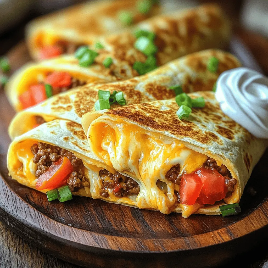 - 4 large flour tortillas - 1 cup shredded cheddar cheese - 1 cup shredded mozzarella cheese - 1 cup cooked and seasoned ground beef or turkey - 1/2 cup refried beans - 1/4 cup diced tomatoes - 1/4 cup chopped green onions - 1 teaspoon taco seasoning - 1/4 cup sour cream - 1 tablespoon olive oil - Optional: jalapeños, sliced, for heat To make the Grilled Cheese Burrito, you need a mix of tasty items. The main ingredients are essential. First, grab large flour tortillas. These hold everything together. Next, you will use cheddar and mozzarella cheeses. They melt well and add creaminess. The ground beef or turkey gives it a hearty feel. For more flavor, add refried beans. They make the burrito filling richer. Diced tomatoes and chopped green onions bring freshness. Taco seasoning adds spice and depth. You can elevate your meal with optional ingredients. A dollop of sour cream offers coolness. Olive oil helps crisp the tortilla when grilling. If you want heat, add jalapeños. They bring a kick to each bite. With this list, you can create a dish that is easy and delicious. These ingredients blend to make a meal everyone will love. - Prepare the Filling In a medium bowl, mix the cooked ground beef or turkey with the refried beans. Add in the diced tomatoes, taco seasoning, and chopped green onions. Stir until it's all well mixed. This filling is packed with flavor! - Layer the Cheeses Take a large tortilla and lay it flat. Sprinkle 1/4 cup of cheddar cheese and 1/4 cup of mozzarella cheese on one half of the tortilla. This cheesy layer adds great taste and helps hold the filling in place. - Add the Filling Scoop a generous amount of your meat and bean mixture onto the cheesy part of the tortilla. If you like heat, toss in some sliced jalapeños. This step gives your burrito a tasty kick! - Fold the Tortilla Carefully fold the tortilla in half. Make sure you enclose all the filling and cheese. Press down slightly to secure the fold. Repeat this with the rest of your tortillas and filling. - Grill the Burritos Heat olive oil in a skillet over medium heat. Place each folded burrito seam-side down into the skillet. Cook for about 3-4 minutes on each side. You want them golden brown and crispy. - Melt the Cheese As the burritos cook, press down lightly with a spatula. This helps the cheese melt evenly and ensures a perfect texture. - Serve When they’re golden and crispy, take the burritos out of the skillet. Slice them in half for easy eating. Serve them warm with sour cream on the side for dipping. Enjoy your tasty creation! - How to achieve crispy tortillas To get crispy tortillas, heat your skillet on medium. Add a little olive oil for a nice golden crust. Cook each burrito seam-side down, pressing lightly. Flip when the bottom is golden. This gives you a crunchy texture. - Tips for melting cheese evenly Use a mix of cheddar and mozzarella for great flavor and melt. Spread the cheese evenly on the tortilla before adding the filling. Press down on the burrito while it cooks. This helps the heat spread and melts the cheese fully. - Best sides to pair with the burrito Serve your burrito with fresh sides like a simple salad or tortilla chips. A side of guacamole or salsa adds a nice kick. You can also add some corn or a fresh veggie platter. - Presentation tips for serving For a fun look, slice the burritos in half and place them on a big platter. Garnish with extra diced tomatoes and green onions. Drizzle a little sour cream on top for a tasty finish. This makes the meal look as good as it tastes! {{image_2}} You can easily make this dish vegetarian. Instead of using ground meat, try black beans or lentils. Both options are healthy and full of protein. They add a nice texture to your burrito, too. Using different types of cheese can also change the flavor. You might like pepper jack for a little spice or gouda for a smoky taste. Want to kick up the flavor? Try adding sliced jalapeños or a splash of hot sauce for a spicy twist. If you enjoy fresh tastes, add toppings like guacamole or salsa. These toppings bring freshness and creaminess to your burrito. You can even mix in corn or avocado for extra layers of flavor. To store leftover burritos, wrap each one tightly in foil or plastic wrap. This keeps them fresh and prevents them from drying out. Place the wrapped burritos in an airtight container. You can also use a resealable bag. Store them in the fridge for up to three days. For longer storage, freeze the burritos. Wrap them tightly in foil, then place them in a freezer bag. They can last up to three months in the freezer. Label the bags with the date to keep track of freshness. Make sure to keep the ingredients fresh. Store sour cream separately in its own container. This way, it won't make the burritos soggy. Also, keep toppings like diced tomatoes and green onions in the fridge in airtight containers. To reheat burritos without losing crispiness, the oven works best. Preheat your oven to 350°F (175°C). Place the burritos on a baking sheet. You can cover them with foil to keep them moist. Bake for about 15-20 minutes, or until heated through. If you need to use a microwave, place the burrito on a microwave-safe plate. Heat it for 30 seconds to 1 minute. Check it often, as microwaves heat unevenly. If you can, place a cup of water in the microwave. This helps keep the burrito from getting too dry. For a crispy finish, you can also reheat them in a skillet. Heat a little olive oil over medium heat. Add the burrito and cook for a few minutes on each side. This will make the outside crispy again while warming the inside. How do I make a vegan version of the Grilled Cheese Burrito? You can swap meat for black beans or lentils. Use vegan cheese instead of cheddar and mozzarella. Replace sour cream with a dairy-free option. This keeps the taste, but makes it plant-based. Can I make the filling ahead of time? Yes, you can prepare the filling a day ahead. Store it in the fridge in a sealed container. This saves time when you’re ready to grill the burritos. What's the best cheese for melting in burritos? I recommend using a mix of cheddar and mozzarella for the best melt. Cheddar adds flavor, while mozzarella gives that gooey texture we all love. How can I make my burrito extra cheesy? To boost the cheese factor, add more cheese to the filling and layer it on top. You can also sprinkle some cheese on the outside before grilling. This creates a cheesy crust. This blog shows how to make mouth-watering burritos. We covered key ingredients, from tortillas to tasty fillings. The step-by-step guide makes cooking easy. You can try variations for different tastes, and we'll help you store extras. In the end, making these burritos is simple and fun. Enjoy every bite, and let your creativity shine!