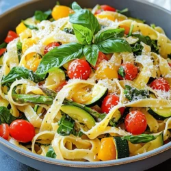 - 8 oz. pasta (fettuccine or penne) - 2 tablespoons olive oil - 1 small red onion, thinly sliced - 2 cloves garlic, minced The main ingredients set the stage for a tasty dish. Pasta is the base. Choose either fettuccine or penne for a great bite. I love the way the sauce clings to each shape. Olive oil adds richness and helps to sauté the veggies. Red onion gives a sweet flavor, while garlic adds a nice kick. - 1 zucchini, sliced into half-moons - 1 bell pepper (red or yellow), sliced - 1 cup cherry tomatoes, halved - 1 cup asparagus, trimmed and cut into 2-inch lengths - 1 cup baby spinach The vegetables bring life and color to this dish. Zucchini offers a mild taste and soft texture. Bell peppers add sweetness and crunch. Cherry tomatoes burst with flavor and provide a juicy contrast. Asparagus adds a nice crispness, while baby spinach wilts beautifully into the mix. - 1 teaspoon Italian seasoning - Salt and pepper to taste - ½ cup grated Parmesan cheese (optional for serving) - Fresh basil leaves for garnish Seasoning is key to making this dish pop. Italian seasoning brings classic flavors. Salt and pepper enhance all the tastes. For a creamy touch, sprinkle Parmesan cheese on top. Fresh basil adds a fragrant finish and brightens every bite. Each ingredient plays a part in this dish. Together, they create a fresh and flavorful experience. Enjoy the vibrant colors and tastes of this vegetarian pasta primavera! First, you need to boil water. Use a large pot and add salt. Bring it to a rolling boil. Next, add 8 oz. of pasta. You can use fettuccine or penne. Cook the pasta according to the package instructions. Aim for that perfect al dente texture. When the pasta is done, set aside a cup of pasta water. This water helps to make the sauce later. Then, drain the pasta in a colander and set it aside. Now, let's move on to the vegetables. Heat 2 tablespoons of olive oil in a large skillet over medium heat. Add 1 small red onion, thinly sliced, and 2 minced garlic cloves. Sauté for 2-3 minutes. The onion should be translucent and fragrant. After that, it's time to add the rest of the veggies. Stir in the sliced zucchini, bell pepper, cherry tomatoes, and asparagus. Cook this mix for about 5-7 minutes. You want the veggies to be tender but still crisp. This keeps them vibrant and fresh. Once your veggies are ready, it's time to add the spinach. Toss in 1 cup of baby spinach and 1 teaspoon of Italian seasoning. Cook for another 2 minutes. The spinach will wilt down nicely. Season everything with salt and pepper to taste. Now, add the drained pasta to the skillet. Toss the pasta with the vegetable mixture until everything is well combined. If the mix seems dry, gradually add a little reserved pasta water. This will help you reach your desired consistency. And there you go! You’ve got a colorful and tasty Vegetarian Pasta Primavera ready to enjoy. To get that perfect al dente texture, cook the pasta until it is just firm. Check the package for timing but start tasting a minute or two early. When you bite it, it should feel slightly firm but not hard. Remember to reserve some pasta water before draining. This starchy water helps bind the sauce and pasta together later. To make your Pasta Primavera even tastier, try adding fresh herbs like parsley or thyme. A dash of red pepper flakes gives it a nice kick. For cheese, if you want to switch things up, try using feta or goat cheese instead of Parmesan. They offer a different taste that can really elevate your dish. Serve your pasta in large, shallow bowls to make it look inviting. Top with fresh basil and a sprinkle of cheese for color. A drizzle of high-quality olive oil right before serving adds a lovely shine and flavor. It’s a simple touch that makes your dish look and taste more gourmet. {{image_2}} You can switch up the veggies based on what you have. Try using broccoli, carrots, or peas for new flavors. Seasonal veggies like bell peppers and zucchini are great in summer. In fall, consider adding squash or mushrooms. For gluten-free options, look for pasta made from rice or corn. These alternatives cook well and taste great in this dish. To make your pasta primavera heartier, add protein. Chickpeas are a fantastic choice. They add texture and flavor. Simply toss them in with the veggies. Tofu is another option. Cube it and sauté it with the onions and garlic. You can also use vegetarian sausage. Sliced sausage adds a savory kick. The sauce can change the whole dish. For a quick fix, use store-bought marinara or pesto. These sauces mix well with the veggies and pasta. If you like cream, try a light Alfredo sauce. A splash of cream changes the texture nicely. You can even mix both tomato and cream sauces for a rich flavor. To keep your leftover pasta primavera fresh, store it in an airtight container. Make sure it is cool before sealing. This dish lasts up to three days in the fridge. Check for any signs of spoilage before eating. If you want to save it for later, freezing works well. Place the pasta primavera in freezer-safe containers. Leave some space at the top, as it may expand. This dish can stay good for up to three months in the freezer. To reheat, thaw overnight in the fridge. Then, warm it in a skillet over low heat. Add a splash of water to help regain moisture. Prepping ingredients ahead of time can save you effort. Chop your vegetables and store them in the fridge. You can also cook the pasta a day in advance. Just toss it with a bit of olive oil to prevent sticking. Batch cooking is a great idea for quick meals. Make a large batch and divide it into servings. Store them in containers for easy access during the week. Yes, you can make Vegetarian Pasta Primavera ahead. This dish keeps well in the fridge. To prepare in advance, cook the pasta and veggies separately. Let them cool before storing. Use airtight containers to keep them fresh. When you're ready to eat, just reheat everything in a skillet. Add a splash of reserved pasta water to keep it moist. Fettuccine and penne are great choices for Pasta Primavera. Fettuccine holds the sauce well, while penne captures bits of veggies inside. You can also use whole grain or gluten-free pasta if you prefer. Just make sure to cook it until al dente for the best texture. This recipe can easily become vegan. Simply leave out the Parmesan cheese, or use a vegan cheese substitute. You can also add more vegetables or plant-based protein, like chickpeas or tofu, to boost flavor and nutrition. This way, you keep all the taste without any dairy. This blog post covered how to make a tasty vegetarian pasta primavera. We explored main ingredients, step-by-step cooking methods, and tips to enhance flavor. I also shared smart storage tips and variations to suit your taste. You can easily swap ingredients or add protein for more options. Cooking pasta primavera lets you enjoy a fresh, colorful meal that is quick to prepare and full of flavor. Dive in and create your own version today!