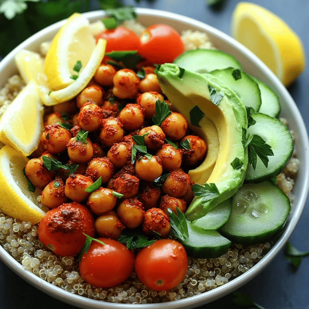- 1 cup cooked quinoa or brown rice - 1 can (15 oz) chickpeas, drained and rinsed - 2 tablespoons harissa paste - 1 tablespoon olive oil - 1 teaspoon smoked paprika - 1 teaspoon garlic powder - Salt and pepper to taste - 1 cup cherry tomatoes, halved - 1 cucumber, diced - 1 avocado, sliced - Fresh parsley or cilantro, for garnish - Lemon wedges, for serving The main components in this dish create a bold flavor profile. Quinoa or brown rice serves as a hearty base. The chickpeas add protein and texture. Harissa paste brings the heat and depth. For the seasonings, I like to use olive oil to help the spices stick. Smoked paprika gives a hint of smokiness, while garlic powder adds richness. Fresh vegetables like cherry tomatoes and cucumber bring crunch and freshness. Avocado adds creaminess. A sprinkle of parsley or cilantro brightens the dish. Finally, lemon wedges provide a zesty kick when you squeeze them over the bowl. This combination of ingredients makes for a vibrant, spicy, and satisfying meal. It’s a great way to explore global flavors right at home. First, grab a large bowl. Add the drained and rinsed chickpeas. Then, mix in 2 tablespoons of harissa paste, 1 tablespoon of olive oil, 1 teaspoon of smoked paprika, and 1 teaspoon of garlic powder. Season with salt and pepper. Toss the chickpeas well until they are fully coated. Next, preheat your oven to 400°F (200°C). This helps to get the chickpeas nice and crispy. Now, spread the seasoned chickpeas in a single layer on a baking sheet. Make sure they have space between them. This helps them roast evenly. Place the baking sheet in the preheated oven. Roast the chickpeas for about 20-25 minutes. Toss them halfway through. This ensures all sides get crispy and golden. While the chickpeas roast, cook your quinoa or brown rice according to the package instructions. If you have pre-cooked grains, you can skip this step. Once your grains are ready, take a serving bowl. Add a scoop of quinoa or rice as your base. Then, layer the bowl with roasted chickpeas, halved cherry tomatoes, diced cucumber, and sliced avocado. For a fresh touch, garnish with chopped parsley or cilantro. Serve with lemon wedges on the side for a zesty kick. To get the right texture for your chickpeas, start with dry, crisp ones. Drain and rinse them well. Pat them dry with a paper towel. This step keeps them from getting soggy. Sogginess can ruin the crunch you want. Roast your chickpeas at 400°F (200°C) for 20-25 minutes. Toss them halfway through for even cooking. They should be golden and crispy when done. If you want extra crunch, leave them in a bit longer. Just watch them closely to avoid burning. To elevate the taste, try adding a pinch of cumin or coriander. These spices blend well with harissa. You can also use smoked paprika, which adds depth. Harissa comes in many types; some are milder than others. Taste a bit before you use it. If you prefer less heat, look for a milder harissa. You can also mix it with yogurt or sour cream to cool it down. Preparing your meal components in advance saves time. Cook the quinoa or rice ahead of time. Store them in airtight containers in the fridge. When serving, layer your bowl nicely. Start with quinoa or rice, then add chickpeas and veggies. Top with avocado for creaminess. Fresh parsley or cilantro adds color and flavor. For a fun touch, serve with lemon wedges for an extra zing. {{image_2}} You can change the grain in your bowl. Quinoa and brown rice are great, but try farro or bulgur for a new taste. Both add a nice chewy texture. If you need gluten-free options, use quinoa or brown rice. They work well and keep your meal light and fresh. Chickpeas are tasty, but you can switch them out. Use black beans for a different flavor. Lentils also work well, adding a hearty bite. Each legume brings its own unique taste, so feel free to experiment. The key is to match the spices with the legumes you choose. Want to add more protein? Grilled chicken is a great choice. It adds flavor and makes the bowl more filling. For a plant-based option, include tofu. It soaks up flavors well and keeps the meal vegan. Both options elevate your dish and make it more satisfying. To store leftovers, place your grain bowls in airtight containers. This helps keep them fresh. You can store the bowls in the fridge for up to three days. If you wait longer, the taste may change. Always check for any off smells or changes in texture before eating. You can freeze prepared bowls for later. Pack them into freezer-safe containers. Make sure to leave some space, as food expands when frozen. When you are ready to eat, take the bowls out of the freezer and let them thaw in the fridge overnight. For the best taste, reheat in the oven or microwave until warm. To reheat, use the microwave or oven. If using the oven, preheat it to 350°F (175°C). Heat for about 15 minutes. This keeps everything tasty. If you want, add a splash of olive oil or lemon juice to boost flavor. Enjoy your meal just like when it was fresh! Harissa is a North African chili paste. Its heat can vary based on the brand and type. Some harissa blends are mild, while others pack a punch. If you want a milder taste, look for sweet harissa or use less of the paste. You can also mix it with yogurt or sour cream to tone down the spice. Yes! This recipe is vegan-friendly. The chickpeas, quinoa, and vegetables are all plant-based. If you want more protein, consider adding nuts or seeds. Tofu or tempeh can also make good choices. They can be roasted with the chickpeas or added raw. These grain bowls pair well with many dishes. You can serve them with a side salad or roasted veggies. For a refreshing drink, try iced tea or lemonade. Both drinks balance the spice of harissa. You could also enjoy a light white wine for a special touch. This blog post covered how to make spicy harissa chickpea grain bowls. You learned about the main ingredients, how to roast chickpeas, and tips for meal prep. I also shared ideas for variations and storage tips. Now you can easily create flavorful meals. Experiment with different grains and proteins for variety. Enjoy your cooking and make these tasty bowls your own!