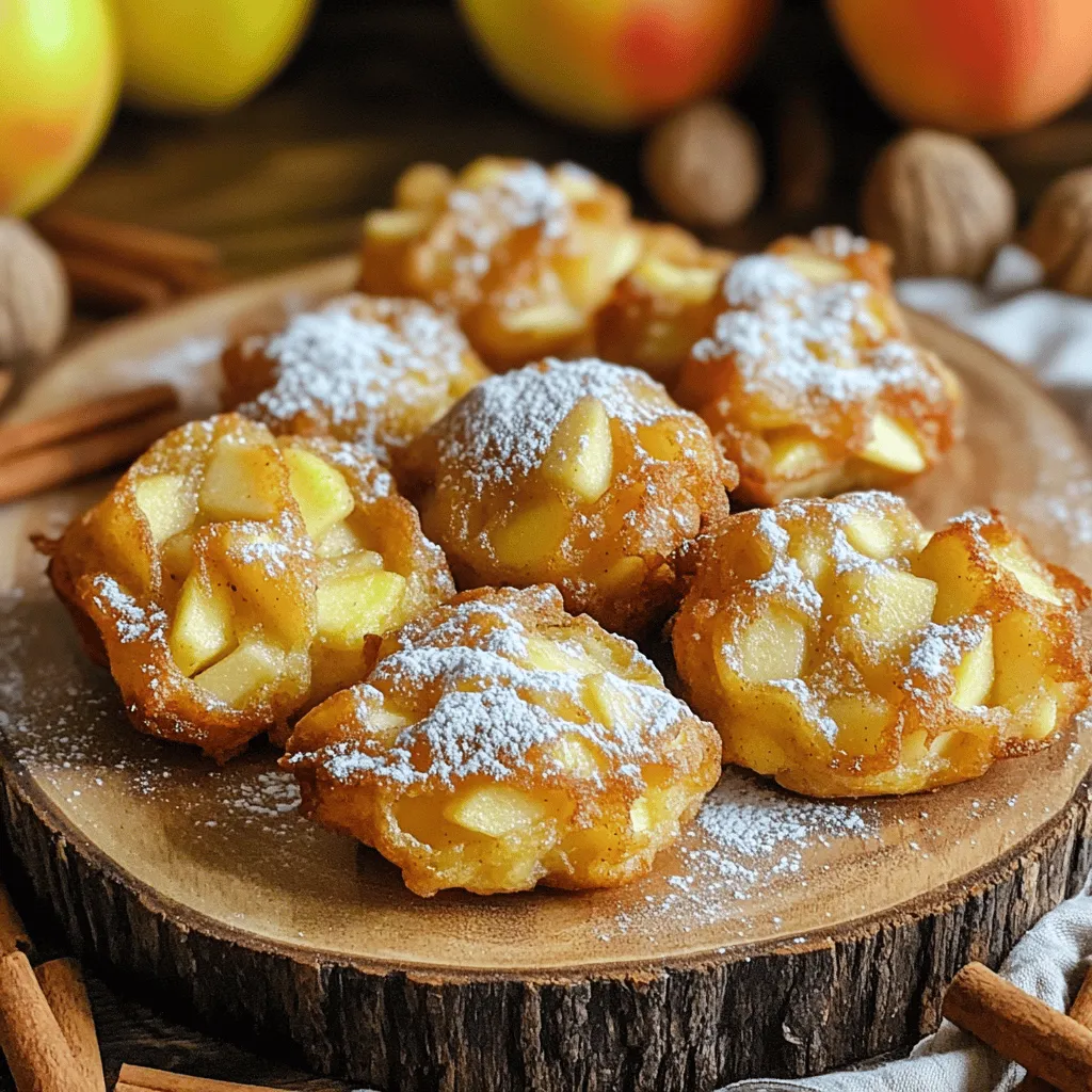 To make these delicious apple fritters, gather these main ingredients: - 2 medium apples, peeled and diced - 1 cup all-purpose flour - 1/2 cup granulated sugar - 1 teaspoon baking powder - 1/2 teaspoon ground cinnamon - 1/4 teaspoon nutmeg - 1/4 teaspoon salt - 1 large egg - 1/2 cup milk - 1 teaspoon vanilla extract - 2 tablespoons melted butter - Cooking spray These ingredients work together to create a soft and tasty treat. The apples add moisture and sweetness. Cinnamon and nutmeg bring warmth and spice, making each bite flavorful. You can enhance your fritters with these optional ingredients: - Powdered sugar for dusting Dusting with powdered sugar adds a sweet finish. It makes the fritters look pretty, too! If you want a bit of extra sweetness, this is the way to go. Here are some cooking essentials you’ll need: - A large mixing bowl - A whisk - A spoon for dropping batter - An air fryer Using the right tools helps make the process easy. The air fryer ensures your fritters turn out crispy and golden without deep frying. This makes for a healthier, yet still delicious, treat. Start by gathering all your ingredients. You will need: - 2 medium apples, peeled and diced - 1 cup all-purpose flour - 1/2 cup granulated sugar - 1 teaspoon baking powder - 1/2 teaspoon ground cinnamon - 1/4 teaspoon nutmeg - 1/4 teaspoon salt - 1 large egg - 1/2 cup milk - 1 teaspoon vanilla extract - 2 tablespoons melted butter - Cooking spray - Powdered sugar for dusting (optional) First, wash and peel the apples. Dice them into small pieces. This step is key. The apples should mix well with the batter. In a large bowl, combine the flour, sugar, baking powder, cinnamon, nutmeg, and salt. Whisk these dry ingredients together until mixed well. In another bowl, crack the egg and whisk it. Add the milk, vanilla extract, and melted butter. Mix these wet ingredients until they are smooth. Now, pour the wet mix into the dry mix. Stir gently until just combined. Do not overmix; lumps are okay. Finally, fold in the diced apples. This adds a sweet and fruity crunch to your fritters. Preheat your air fryer to 350°F (175°C) for about 5 minutes. While it heats, spray the air fryer basket with cooking spray. Use a spoon to drop spoonfuls of the batter into the basket. Make sure to leave space between each fritter. Air fry the fritters in batches for 8-10 minutes. Flip them halfway through. You want them golden brown and cooked through. Once they are done, take them out and let them cool slightly. If you like, dust them with powdered sugar before serving. Enjoy your tasty and fresh apple fritters! To get crispy fritters, start with proper batter. Mix your dry and wet ingredients gently. Overmixing makes the fritters dense. Use a light hand when folding in the apples. Preheat your air fryer to 350°F (175°C). This step is key for that golden crust. Space the fritters well in the basket. This allows hot air to flow around them. One big mistake is overcrowding the air fryer. This leads to soggy fritters. Another pitfall is not preheating the air fryer. Always take a moment to heat it up first. Also, don’t skip the cooking spray. It helps achieve that lovely crisp. Lastly, avoid excessive flipping. Flipping too soon can break them apart. These fritters shine when served warm. Dust them with powdered sugar for a sweet touch. Pair them with a scoop of vanilla ice cream for a treat. You can also drizzle some caramel sauce on top. They taste great with a cup of coffee or tea. Enjoy them as a snack or a fun dessert! {{image_2}} You can mix in fun add-ins for more flavor. Consider adding chopped nuts like walnuts or pecans. They add crunch and a nutty taste. You might also try raisins or dried cranberries for a sweet twist. If you love chocolate, mix in some mini chocolate chips. The melted chocolate makes the fritters even more special. If you need gluten-free fritters, swap all-purpose flour for a gluten-free blend. Look for a blend that works well for baking. You may also use almond flour or coconut flour. Each will change the taste a bit, but they will still be tasty. Just remember to check your other ingredients. Ensure they are gluten-free too! While apples shine in this recipe, you can try other fruits. Pears work well and add a sweet flavor. You might use ripe bananas for a unique twist. Just mash them before adding to the batter. Berries like blueberries can add a burst of color and taste too. Each fruit gives a new flavor to your fritters. Enjoy experimenting! To store leftover fritters, let them cool down completely. Place them in an airtight container. You can keep them at room temperature for one day. If you want to keep them longer, refrigerate them for up to three days. Just make sure they are well-sealed to avoid drying out. To reheat your fritters, use the air fryer for best results. Preheat your air fryer to 350°F (175°C). Place the fritters in the basket in a single layer. Heat them for about 3 to 5 minutes or until they are warm and crisp again. You can also use the microwave, but they may not be as crispy. If you want to freeze the fritters, first let them cool. Then, place them in a single layer on a baking sheet. Freeze them for about one hour. Once frozen, transfer them to a freezer bag or container. You can keep them in the freezer for up to three months. To enjoy them later, thaw in the fridge and reheat in the air fryer. Yes, you can make Air Fryer Apple Fritters without eggs. Use a substitute like mashed banana or applesauce. These options add moisture and sweetness while keeping the fritters soft. Each substitute works well in this recipe. Just use 1/4 cup of either per egg. Apple fritters last for about 2 to 3 days at room temperature. To keep them fresh, store them in an airtight container. If you want to keep them longer, refrigerate them for up to one week. Make sure to reheat them in the air fryer for a crispy finish. The air fryer uses hot air to cook fritters. This method requires less oil than traditional frying. This means air-fried fritters are lower in fat and calories. Traditional frying gives fritters a crispy texture but adds more grease. Both methods yield tasty treats, but air frying is easier and healthier. Air fryer apple fritters are a tasty treat, easy to make at home. We covered the key ingredients, cooking steps, and tips for crispiness. Remember to avoid common mistakes for the best results. You can also try fun variations, like gluten-free options or using other fruits. Storing and reheating fritters keeps them fresh for later. Enjoy your fritters warm and crispy! Happy cooking!