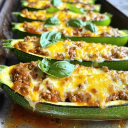 - 4 medium zucchinis - 1 pound ground beef - 1 cup marinara sauce - 1 cup shredded mozzarella cheese - 1/2 cup diced onion - 2 cloves garlic, minced - 1 teaspoon Italian seasoning - Salt and pepper to taste - 1/4 cup grated Parmesan cheese - Fresh basil leaves for garnish - Olive oil for sautéing - Additional seasonings (e.g., red pepper flakes) - Calories: 350 per serving - Protein: 25g - Carbs: 12g - Fats: 22g When I make Ground Beef Zucchini Boats, I love how simple the ingredients are. The zucchinis are the perfect base. They soak up all the flavors and stay tender. Ground beef gives a hearty feel. Marinara sauce adds a rich taste. I enjoy the melty mozzarella on top. Every bite is a mix of juicy beef, savory sauce, and gooey cheese. For a little extra flavor, I often add olive oil. It helps cook the onions and garlic just right. You can also spice things up with red pepper flakes. They add a nice kick if you want it. Each serving is packed with good nutrition. The protein from the beef helps you feel full. Zucchinis are low in carbs, making this dish light yet satisfying. The balance of flavors and textures makes it a hit at my table. - Preheat oven to 375°F (190°C). - Wash and slice zucchinis in half lengthwise. Start by washing your zucchinis. Clean them under cool water to remove dirt. Slice each zucchini in half, lengthwise. This gives you the base for your boats. Use a spoon to scoop out the center. This creates a nice hollow space for your filling. Set the scooped zucchini flesh aside; we will use it later. - Sauté onion and garlic. - Brown ground beef and mix in other ingredients. In a large skillet, heat a tablespoon of olive oil over medium heat. Add in the diced onion and minced garlic. Sauté these until the onion turns soft and clear. This takes about 3-4 minutes. Then, add the pound of ground beef. Break it apart with a spoon as it cooks. Brown the beef, which should take about 7-10 minutes. Once the beef is cooked, stir in the reserved zucchini flesh. Add the marinara sauce, Italian seasoning, salt, and pepper. Let this mixture cook for another 5 minutes. This helps all the flavors mix well. - Hollow out zucchinis. - Fill zucchini with beef mixture and top with cheese. Now, take your hollowed zucchinis and lay them on a baking sheet. Spoon the beef mixture into each zucchini half. Make sure to fill them well. Sprinkle the remaining mozzarella cheese and the grated Parmesan cheese on top. This will melt and get nice and bubbly in the oven. Bake in your preheated oven for 20-25 minutes. Check if the zucchinis are tender and the cheese is golden. Once done, take them out and let them cool a bit. Add fresh basil leaves on top for a pop of color and flavor. Enjoy your tasty, cheesy ground beef zucchini boats! - Choosing the right zucchinis: Look for medium zucchinis that are firm and shiny. They should feel heavy for their size. This means they have good moisture. Small zucchinis may be tough, while large ones can be watery. - How to avoid soggy boats: After you hollow out the zucchinis, sprinkle a little salt inside. This helps draw out extra moisture. Let them sit for about 10 minutes, then pat them dry with a paper towel. - Adjusting cook times based on oven efficiency: Ovens can cook differently. Keep an eye on the zucchinis as they bake. If your oven runs hot, check them early. For a cooler oven, you might need a few more minutes. - Monitoring cheese to prevent burning: Cheese can burn quickly. Watch the zucchini boats closely in the last few minutes of baking. If the cheese starts to brown too much, cover the dish with foil to protect it. - Adding herbs and spices: Fresh herbs like basil or parsley can boost flavor. You can also add more Italian seasoning or red pepper flakes for heat. Just a pinch can change the dish. - Suggested toppings for extra flavor: Try adding sliced olives or diced tomatoes on top. A drizzle of balsamic glaze can also add a sweet touch. Don’t forget a sprinkle of fresh herbs right before serving! {{image_2}} You can easily swap ground beef for lentils or mushrooms. Lentils add a hearty texture. Use cooked lentils for best results. Mushrooms give a rich, earthy flavor. Chop them finely for even cooking. This change makes the dish plant-based and packed with nutrients. Cheese can change the taste of your zucchini boats. Try using cheddar for a sharp twist. Feta adds a salty, creamy bite. You can mix cheeses for a unique flavor. Each cheese melts differently, giving you fun texture options. Make your zucchini boats extra special by adding different spices. For a Greek twist, sprinkle feta on top. Add olives and oregano for more flavor. If you want a Mexican vibe, use taco seasoning in the beef mixture. Top with salsa and enjoy a fiesta in a zucchini! To keep your zucchini boats fresh, store leftovers in an airtight container. Place them in the fridge within two hours of cooking. They will stay good for up to three days. When you want to eat them, check for any signs of spoilage, like bad smells or unusual textures. You can freeze zucchini boats for longer storage. First, let them cool completely. Wrap each boat in plastic wrap or foil. Place them in a freezer bag, removing as much air as possible. They will last for up to three months in the freezer. When ready to eat, thaw them in the fridge overnight. For the best taste, reheat zucchini boats in the oven. Preheat your oven to 350°F (175°C) and place them on a baking sheet. Heat for about 15-20 minutes. You can also use the microwave. Place the boats on a microwave-safe plate and cover with a damp paper towel. Heat for 2-3 minutes, checking if they are hot. The stovetop works too! Just place them in a pan over low heat, flipping occasionally until warmed through. Yes, you can make these boats ahead. Prepare the filling and stuff the zucchinis, then store them in the fridge. You can keep them for up to 24 hours. When ready to eat, just bake them. This saves time on busy nights. You have many options! For a lighter choice, try ground turkey or chicken. If you want a plant-based meal, use lentils or mushrooms. Both options add nice flavor. You can also use tofu for a protein boost. Look for a few signs. The zucchini should be tender but not mushy. The cheese on top should be bubbly and golden. If the filling is hot throughout, your dish is ready to serve. Check these signs for the perfect zucchini boats! This blog post covered making delicious zucchini boats. We discussed key ingredients, preparation steps, and cooking tips. I shared ways to enhance flavor and offered variations for different diets. Storing and reheating methods help you enjoy leftovers. Zucchini boats are easy, fun, and healthy. Get creative with the ingredients. You can make a tasty meal that fits your needs. Enjoy cooking and sharing these tasty dishes!