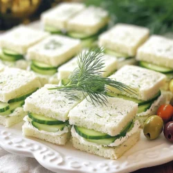 - 1 large cucumber, thinly sliced - 8 ounces cream cheese, softened - 2 tablespoons fresh dill, chopped - 1 tablespoon lemon juice - 1/2 teaspoon garlic powder - Salt and pepper to taste - 12 slices of white or whole grain bread - Fresh dill sprigs for garnish (optional) These are the key items you need for classic cucumber tea sandwiches. The cucumber brings a crisp and fresh taste. The cream cheese adds a rich and creamy touch. Fresh dill gives it a lovely, herbal flavor. Lemon juice brightens everything up with some zing. Garlic powder gives it a bit of warmth, while salt and pepper balance all the flavors. You can choose white or whole grain bread based on your taste. Whole grain adds a nutty flavor, while white bread keeps it soft. Lastly, the fresh dill sprigs are optional but make a pretty garnish. Using these ingredients, you'll create tasty and simple treats that impress everyone. - Combine 8 ounces of softened cream cheese, 2 tablespoons of fresh dill, 1 tablespoon of lemon juice, 1/2 teaspoon of garlic powder, salt, and pepper to taste. - Mix until smooth and well combined. This creamy blend adds a rich flavor to your sandwiches. - Spread the cream cheese mixture on one side of each bread slice. - Layer thin cucumber slices on half of the bread slices. You can overlap them slightly for a fuller taste. - Top with the remaining bread slices, cream cheese side down. This creates a delightful sandwich. - Trim the crusts off each sandwich for a neat look. Uniformity makes your sandwiches more appealing. - Cut each sandwich into quarters to create four bite-sized pieces. These are perfect for serving at tea time or a party. To make the best cucumber slices, use a sharp knife or a mandoline. This helps create thin, even slices. Thin slices look nice and make the sandwich easy to eat. After slicing, sprinkle a little salt on the cucumbers. Salt enhances the flavor and draws out extra moisture. For tea sandwiches, white or whole grain bread works best. These types are soft and easy to bite. You can also try cutting the bread into shapes for fun. If you prefer some crunch, lightly toast the bread. Toasting adds texture and keeps the sandwich from getting soggy. Garnishing your sandwiches makes them more appealing. Use fresh herbs like dill or parsley for a pop of color. You can also add other toppings like sliced radishes or sprouts for extra flavor and crunch. These small details make your sandwiches not just tasty but also beautiful to serve. {{image_2}} You can switch up the cream cheese spread for more flavor. Try herb-infused cream cheese. Mixing fresh herbs adds a nice touch. Hummus or avocado spread also works well. These options give a creamy twist and more taste. Want to add more to your sandwiches? Consider smoked salmon or turkey for protein. These toppings make the sandwiches hearty. You can also include sliced radishes or sprouts. They add a nice crunch and fresh flavor. Mix and match to find your favorite combo! Don’t feel tied to white or whole grain bread. Rye bread adds a rich flavor. If you need gluten-free options, use gluten-free bread. You can also try flavored or artisan bread. Each choice gives a new taste and style to your sandwiches. To keep your leftover sandwiches fresh, wrap them tightly in plastic wrap. This helps prevent them from drying out. You can also place them in an airtight container. Try to eat them within one day for the best taste. After that, the bread may become soggy. You can make these sandwiches ahead of time. Prepare the cream cheese mixture and spread it on the bread. Store the sandwiches in the fridge until serving. If you want the best taste, assemble them just before serving. This keeps the bread fresh and the cucumbers crisp. You can prepare cucumber tea sandwiches a few hours ahead. Start by mixing the cream cheese mixture and spreading it on the bread. Then, layer the cucumber slices. Cover the sandwiches tightly with plastic wrap to keep them fresh. If you need to make them even earlier, consider just preparing the cream cheese mixture. You can store it in the fridge for up to two days. Assemble the sandwiches right before serving to keep the bread fresh. Cucumber sandwiches shine with white or whole grain bread. Both options are soft and easy to bite. If you want something different, try rye or sourdough for more flavor. For a gluten-free option, choose a gluten-free bread. It still holds the filling well. Lightly toasting the bread can add a nice crunch too. Absolutely! You can switch cucumbers for thin slices of radishes or even bell peppers. Each adds a crisp bite and a pop of color. Consider using avocado for a creamy texture. You can also mix in some fresh herbs, like mint or basil, for extra flavor. Be creative! The goal is to make delicious and pretty sandwiches. In this post, we explored how to make delicious cucumber tea sandwiches. We covered the key ingredients, steps for preparation, assembly tips, and storage advice. You now have the tools to create tasty bites perfect for any gathering. Remember, feel free to mix up the ingredients or add your favorite toppings. Tailor your sandwiches to suit your taste. Enjoy making and sharing these lovely treats!