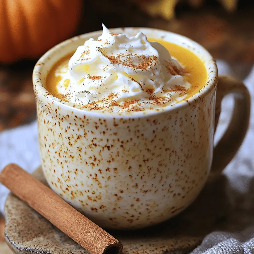 To make a delicious pumpkin chai latte, gather these simple ingredients: - 1 cup milk (dairy or non-dairy) - 1/2 cup pumpkin puree - 1-2 tablespoons maple syrup (adjust to taste) - 1 teaspoon vanilla extract - 1/2 teaspoon ground cinnamon - 1/4 teaspoon ground ginger - 1/4 teaspoon ground nutmeg - 1/4 teaspoon ground cardamom - 1 black tea bag (or 1 tablespoon loose black tea) - 1/2 cup water - Whipped cream (optional, for topping) - Cinnamon stick (optional, for garnish) You can swap ingredients if you need to. Here are some ideas: - Use almond milk, oat milk, or soy milk instead of dairy milk. - Replace maple syrup with honey or agave syrup for sweetness. - If you don’t have pumpkin puree, canned butternut squash works well too. - Use chai tea bags instead of black tea for more spice. This recipe serves two and offers a warm treat. Here is a rough estimate of the nutrition per serving: - Calories: 200-250 (depending on milk choice and sweetener used) - Protein: 5-7 grams - Carbohydrates: 30-35 grams - Fat: 6-8 grams This pumpkin chai latte is not only cozy but also packs flavors that warm your soul. Enjoy the balance of spices and pumpkin in every sip! Making a pumpkin chai latte is easy and fun. You will need simple tools. Gather your ingredients and a few pots. This recipe takes about 15 minutes. It makes two servings, perfect for sharing. 1. Start by heating 1/2 cup of water in a small saucepan. Wait until it gently boils. 2. Add one black tea bag or a tablespoon of loose tea. Let it steep for 5 minutes. Remove the tea bag or strain the loose tea. 3. In another saucepan, mix 1/2 cup of pumpkin puree, 1-2 tablespoons of maple syrup, 1 teaspoon of vanilla extract, 1/2 teaspoon of ground cinnamon, 1/4 teaspoon of ground ginger, 1/4 teaspoon of ground nutmeg, and 1/4 teaspoon of ground cardamom. Heat this mixture over medium heat for about 2-3 minutes. 4. Pour the heated milk into the pumpkin mix, along with the steeped tea. Whisk until smooth and heated, but do not boil. 5. Once hot, froth your latte. You can use a milk frother, a whisk, or shake it in a jar with a lid until frothy. 6. Pour the latte into a large mug. Add whipped cream and a sprinkle of ground cinnamon if you like. For extra flair, garnish with a cinnamon stick. Frothing adds a nice touch to your latte. If you don’t have a frother, don’t worry! A whisk works great too. You can also put the latte in a jar with a tight lid. Shake it well until frothy. Enjoy your cozy pumpkin chai latte! To boost your Pumpkin Chai Latte, use fresh spices. Freshly grated nutmeg adds warmth. Try adding a pinch of clove for a deeper taste. You can also swap maple syrup for honey for a unique twist. For a creamier texture, use whole milk. If you want a stronger chai flavor, steep the tea longer. One common mistake is boiling the milk. This can change the taste and texture. Always heat it gently. Another mistake is not whisking enough. Whisking helps combine the flavors and adds froth. Make sure to remove the tea bag after steeping. Leaving it in can make the latte bitter. Serve your latte in a large mug for comfort. Top it with whipped cream and a sprinkle of cinnamon. A cinnamon stick can make for a nice stirrer and garnish. Pair your latte with a piece of pumpkin bread or a cookie for a cozy treat. Enjoy it while wrapped in a blanket on a cool day. {{image_2}} You can easily make a dairy-free or vegan version of the pumpkin chai latte. Simply swap the milk with a non-dairy option like almond, oat, or coconut milk. These alternatives will still give you a creamy texture. Each type of non-dairy milk adds its own flavor. Almond milk adds a nutty taste, while coconut milk gives a tropical twist. You can adjust the spice levels to match your taste. If you love heat, add more ground ginger or a pinch of cayenne pepper. For extra sweetness, increase the maple syrup. You might even try adding a splash of pumpkin pie spice for more flavor. This blend will enhance the fall vibe. You can also add flavored syrups, like chai or vanilla, for a unique twist. To make an iced pumpkin chai latte, start by brewing the tea as usual. After steeping, let it cool. In a glass, combine the pumpkin puree, maple syrup, vanilla extract, and spices. Mix them well. Add ice to the glass, then pour in the cooled tea and milk. Stir gently, and enjoy your refreshing drink. You can top it with whipped cream and a sprinkle of cinnamon for a fancy touch. You can store your Pumpkin Chai Latte in the fridge. Just pour any leftovers into a clean jar. Seal it tightly and keep it in the fridge for up to two days. Make sure to stir it well before you drink it again. If you add whipped cream, it might not hold up well in storage. To reheat your latte, pour it into a saucepan. Heat it over low heat. Stir gently to keep it smooth. You can also use a microwave. Place the latte in a microwave-safe cup. Heat it in 30-second bursts, stirring in between, until it warms up. Avoid boiling it to keep the flavors nice. - Pumpkin puree: Lasts about a week in the fridge once opened. - Milk: Check the date on the container. Usually lasts about a week after opening. - Maple syrup: Can last for months when stored in the fridge. - Spices: Ground spices stay fresh for about six months if stored in a cool, dry place. - Black tea: It stays good for about a year if kept in a sealed container. By following these tips, you can enjoy your Pumpkin Chai Latte for days! A Pumpkin Chai Latte is a warm drink that blends pumpkin puree with chai spices and tea. It offers a rich, cozy flavor. The mix of cinnamon, ginger, and nutmeg gives it a festive taste. This drink is perfect for fall. You can enjoy it at home or in a café. Yes, you can use flavored tea bags! Using a chai-flavored tea bag can boost the spice notes. Try vanilla chai or spiced chai for extra flavor. Just remember to steep the tea as per the instructions. This adds a unique twist to your Pumpkin Chai Latte. To make your latte creamier, use whole milk or a non-dairy option like oat milk. Froth the milk well to add air and texture. You can also add a splash of heavy cream. This gives a rich taste and smooth mouthfeel. Enjoy your creamy Pumpkin Chai Latte with whipped cream on top for a treat! This blog post covered all you need to know about making a delicious pumpkin chai latte. We looked at the key ingredients, helpful tips, and tasty variations. I shared ways to enhance flavor and avoid common mistakes. You'll know how to store leftovers and keep them fresh. Making this drink can be simple and fun! Remember, you can try dairy-free options or different flavors to make it your own. Enjoy your pumpkin chai latte whenever you want a cozy treat!