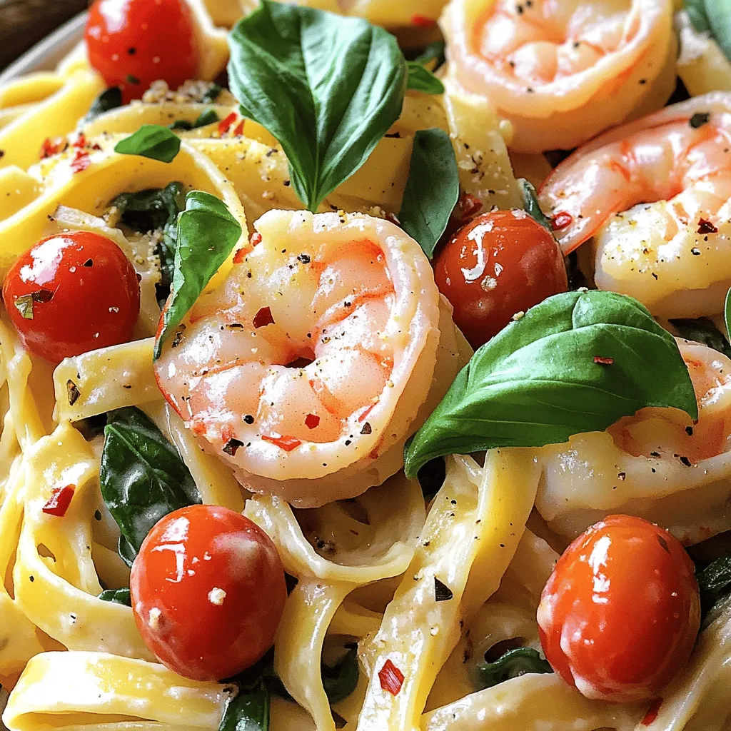 To make Marry Me Shrimp Pasta, you’ll need: - 8 oz fettuccine pasta - 1 lb large shrimp, peeled and deveined - 3 tablespoons olive oil - 4 cloves garlic, minced - 1 teaspoon red pepper flakes (adjust to taste) - 1 cup cherry tomatoes, halved - 1 cup heavy cream - 1 cup grated Parmesan cheese - 1 cup baby spinach - Salt and pepper to taste - Fresh basil leaves, for garnish Each ingredient plays a key role in creating this creamy dish. The fettuccine provides a hearty base. The shrimp adds protein and flavor. Garlic gives a nice aroma, while red pepper flakes add a bit of heat. Cherry tomatoes brighten the dish, and heavy cream makes it rich. Parmesan cheese adds depth, while spinach brings freshness. If you don’t have some ingredients, don’t worry! Here are some easy swaps: - Fettuccine: Use spaghetti, penne, or any pasta you like. - Shrimp: Substitute with chicken or tofu for a different protein. - Heavy cream: Use half-and-half or a non-dairy milk with a thickener. - Cherry tomatoes: Try diced regular tomatoes or sun-dried tomatoes. - Parmesan cheese: Grated Pecorino Romano or nutritional yeast works well too. These substitutions can change the dish's taste but keep it delicious and creamy. When buying shrimp, look for these signs of freshness: - Color: Fresh shrimp should have a slight sheen. Avoid dull or discolored shrimp. - Smell: Fresh shrimp should smell like the ocean, not fishy. - Texture: Choose shrimp that feel firm, not slimy or mushy. - Shell: If buying with shells, look for shells that are intact and not broken. Buying fresh shrimp makes your Marry Me Shrimp Pasta even more special. Enjoy your cooking! First, fill a large pot with water. Add a good amount of salt. Bring the water to a boil. Once boiling, add the fettuccine. Cook it according to the package directions until it is al dente. This usually takes about 8-10 minutes. When done, drain the pasta in a colander. Make sure to save about 1 cup of pasta water. This water will help later with the sauce. Next, heat a large skillet over medium heat. Pour in 2 tablespoons of olive oil. Wait for the oil to get hot. Add the shrimp to the skillet. Season them with salt and pepper. Cook the shrimp for about 2-3 minutes on each side. You want them to look pink and opaque. After cooking, remove the shrimp from the skillet and set them aside on a plate. In the same skillet, add another tablespoon of olive oil. Then, add 4 cloves of minced garlic and 1 teaspoon of red pepper flakes. Sauté these for about 30 seconds. The garlic should smell great! Next, toss in 1 cup of halved cherry tomatoes. Cook them for another 2-3 minutes until they soften. Now, pour in 1 cup of heavy cream. Stir it well and let it simmer for a couple of minutes. Gradually add 1 cup of grated Parmesan cheese, stirring until it all melts into a creamy sauce. Now it’s time to bring it all together! Add the cooked shrimp back to the skillet. Toss in 1 cup of baby spinach and stir until the spinach wilts. If your sauce seems too thick, add a bit of the reserved pasta water. Keep stirring until you reach the right consistency. Finally, add the drained fettuccine to the skillet. Mix everything well so the pasta is coated in that rich, creamy sauce. Adjust the salt and pepper to taste. To get a creamy sauce, you want to start with heavy cream. Heat it gently to avoid scalding. As you mix in the Parmesan cheese, it will thicken. If it gets too thick, add a little pasta water. This water helps the sauce cling to the pasta. Aim for a balance that coats but is not runny. Cook shrimp for about 2-3 minutes on each side. They should turn pink and opaque. Overcooked shrimp can become tough. To check for doneness, cut one open. It should be white and firm inside. Remember, shrimp cook quickly, so watch them closely. To make this dish even richer, add a splash of white wine when cooking the garlic. This adds depth to the sauce. Another option is to mix in a tablespoon of lemon juice or zest. Fresh herbs like parsley or dill can boost flavor too. For a touch of heat, increase the red pepper flakes or add a pinch of cayenne. {{image_2}} You can switch up the pasta in this dish. Fettuccine is great, but you can use penne, spaghetti, or even gluten-free pasta. Each pasta type gives its own twist to the dish. Choose what you love best. Just remember to cook it al dente. This keeps it firm and helps it hold sauce better. Adding veggies can make this dish even better. Spinach is nice, but you can toss in bell peppers, zucchini, or broccoli. These veggies add color and crunch. They also pack extra nutrients. Simply sauté them with the garlic and shrimp. This way, they will mix well and taste great. If you like it spicy, add more red pepper flakes. Start with a little and taste as you go. You can even add a dash of hot sauce for a kick. If you prefer it milder, reduce the pepper flakes. It’s all about finding the right heat for your palate. Adjust it to your liking for the perfect dish! To store your Marry Me Shrimp Pasta, let it cool first. Place it in an airtight container. This helps keep the flavors fresh. Always use a container that seals well. Keep it in the fridge for up to three days. If you want to save it longer, consider freezing. When you're ready to enjoy leftovers, heat them gently. Use a skillet over low heat. Add a splash of water or cream to help revive the sauce. Stir often to avoid burning. If you need to, cover the skillet to trap heat. This makes sure everything warms up evenly. You can also use a microwave. Just cover it loosely and heat in short bursts. Freezing Marry Me Shrimp Pasta is simple. Use a freezer-safe container or a heavy-duty freezer bag. Remove as much air as you can. This helps prevent freezer burn. It can last up to three months in the freezer. When you're ready to eat, thaw it in the fridge overnight. Reheat it gently as described above. Avoid refreezing after thawing to keep the best taste. Marry Me Shrimp Pasta is a creamy and rich dish. It features fettuccine pasta, shrimp, and a luscious sauce. This dish brings together garlic, cherry tomatoes, and spinach. The heavy cream and Parmesan cheese give it a smooth texture. You will find it hard to resist! Yes, you can make this dish ahead of time. Cook the pasta and shrimp but leave the sauce separate. Store each part in the fridge. When ready to eat, simply reheat the sauce and mix everything. This way, it stays fresh and tasty. A white wine pairs best with Marry Me Shrimp Pasta. Look for a crisp Sauvignon Blanc or a rich Chardonnay. These wines complement the shrimp and creamy sauce. They add a nice balance to the meal. To make Marry Me Shrimp Pasta gluten-free, swap the fettuccine for gluten-free pasta. Many options are available now, such as rice or quinoa pasta. Just ensure to check the package for cooking times. Your dish will still taste great without gluten! In this article, we covered the key ingredients for Marry Me Shrimp Pasta, along with practical cooking steps. I shared helpful tips for achieving the right sauce and how to enhance flavors. We explored variations for pasta and vegetables and discussed proper storage and reheating. In the end, this dish is versatile and easy to customize. You can make it your way while enjoying fresh, delicious flavors. Happy cooking!
