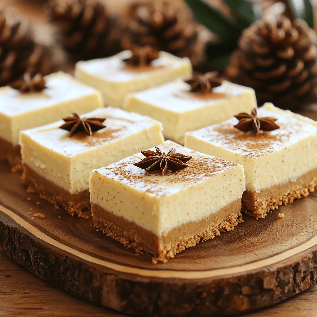 To make No Bake Chai Latte Cheesecake Bars, gather these ingredients: - 1 ½ cups graham cracker crumbs - ½ cup unsweetened coconut flakes - ⅓ cup brown sugar - ½ cup unsalted butter, melted - 8 oz cream cheese, softened - 1 cup powdered sugar - 1 cup heavy whipping cream - 2 tablespoons chai tea blend (loose leaf or tea bags) - 1 teaspoon vanilla extract - 1 teaspoon ground cinnamon - ½ teaspoon ground cardamom - ¼ teaspoon ground ginger - Pinch of nutmeg - ¼ teaspoon salt If you need some conversions, here are a few: - 1 cup = 240 ml - ½ cup = 120 ml - ⅓ cup = 80 ml - 1 tablespoon = 15 ml - 1 teaspoon = 5 ml These conversions help when using different measuring tools. You can add fun flavors to your cheesecake. Here are some options: - ¼ cup chopped nuts (like pecans or walnuts) - ¼ cup mini chocolate chips - 2 tablespoons maple syrup for extra sweetness - A sprinkle of cocoa powder for a chocolate twist These add-ins will give your bars a unique touch. Feel free to mix and match! First, grab a mixing bowl. In it, combine 1 ½ cups of graham cracker crumbs, ½ cup of unsweetened coconut flakes, and ⅓ cup of brown sugar. Then, pour in ½ cup of melted unsalted butter. Mix these until they look like wet sand. This step is key for a tasty base. Next, line an 8x8 inch baking dish with parchment paper. Leave some paper hanging over the sides. This will help you lift the cheesecake out later. Now, firmly press the crust mixture into the bottom of the dish. It should be even and compact. Place it in the fridge for about 15 minutes to chill. In a new large mixing bowl, take 8 oz of softened cream cheese. Use a hand mixer and beat it until smooth. This creates a great base for your cheesecake. Gradually add 1 cup of powdered sugar while mixing. Keep beating until it’s fully blended. Now, in another bowl, pour in 1 cup of heavy whipping cream. Whip it until it forms stiff peaks. This whipped cream will add lightness to your cheesecake. It’s an important part that makes it special. To the cream cheese mixture, add your chai tea blend (2 tablespoons), 1 teaspoon of vanilla extract, 1 teaspoon of ground cinnamon, ½ teaspoon of ground cardamom, ¼ teaspoon of ground ginger, a pinch of nutmeg, and ¼ teaspoon of salt. Mix this all together until it’s combined well. Now, gently fold the whipped cream into the cream cheese mix. Be careful not to deflate the whipped cream; you want to keep that light texture. Once mixed, pour the cheesecake filling over the chilled crust. Spread it evenly, then tap the dish lightly on the counter. This helps remove any air bubbles. Finally, cover the dish with plastic wrap. Place it in the fridge for at least 4 hours, or until it’s firm enough to cut into bars. When ready, lift it out using the parchment paper and cut into squares or rectangles. Enjoy the creamy, spiced goodness! For the best texture, make sure your cream cheese is very soft. This helps it mix smoothly. When whipping the cream, aim for stiff peaks. This gives your cheesecake a light and fluffy feel. Do not overmix after folding in the whipped cream. This keeps the air in the mix and makes it creamy. Serve your cheesecake bars chilled. I love to add a sprinkle of cinnamon on top. You can also put a few star anise as a garnish. This adds a nice touch and a hint of flavor. For a fun twist, pair them with a warm chai latte. The flavors blend beautifully, making a perfect dessert pairing. One common mistake is not chilling the bars long enough. Always let them set for at least four hours. This helps them firm up and makes cutting easier. Another mistake is packing the crust too tightly. It should be firm but not overly compressed. This way, it stays crisp and holds the cheesecake well. {{image_2}} You can make these cheesecake bars without dairy. Use coconut cream instead of cream cheese. For the whipped topping, try coconut whipped cream or almond whipped cream. These swaps keep the dessert creamy and delicious. Use dairy-free butter in the crust. This way, everyone can enjoy the bars. Want to boost the flavor? Add a tablespoon of maple syrup for sweetness. You can also mix in extra spices like cloves or nutmeg to deepen the chai taste. A splash of almond extract adds a nice twist too. If you like it sweeter, add more powdered sugar to the cream cheese mix. Graham crackers are great, but you can switch it up. Try using crushed Oreos for a chocolate twist. Ground almonds or oats make a gluten-free base. For a nutty flavor, mix in some ground pecans or walnuts. Each option gives a new taste to the dessert, so get creative! To keep your no bake chai latte cheesecake bars fresh, use an airtight container. Place a piece of parchment paper or wax paper between layers to avoid sticking. Store them in the fridge, where they will stay cool and delicious. Avoid leaving them out at room temperature for too long. When stored properly, these cheesecake bars last about 5 to 7 days in the refrigerator. This allows plenty of time to enjoy them. The flavors will deepen as they sit, making them even tastier over time. Just remember to check for any signs of spoilage before digging in. If you want to save some for later, you can freeze these bars. Cut them into squares first, then wrap each piece tightly in plastic wrap. Place them in a freezer-safe bag or container. They will last up to three months in the freezer. To enjoy, simply thaw them in the fridge overnight before serving. Yes, you can use other tea flavors to change the taste. Try chai, green, or even herbal teas. Each will bring a unique flavor to your cheesecake bars. Just remember to adjust the amount to match the strength of the tea. For example, herbal teas may need more to shine through. Experimenting is fun and can lead to new favorites. To make this dessert gluten-free, use gluten-free graham crackers. Many brands offer great options that taste just as good. Check the label to be sure they are certified gluten-free. You can also use ground nuts or oats as crust alternatives. This way, everyone can enjoy these tasty cheesecake bars. You can substitute cream cheese, but it may change the texture and taste. For a lighter option, use Greek yogurt or mascarpone cheese. These will give a different flavor and creaminess. Just remember to choose one that fits your taste. You may need to adjust sweeteners too, depending on the alternative. This blog post covered the key ingredients and instructions for your recipe. We discussed measurement conversions and optional add-ins. I shared tips to perfect the texture and avoid common mistakes. We explored variations, storage practices, and answered important FAQs. In closing, you have all the tools to create a delicious dish. With practice and creativity, you'll impress your friends and family. Enjoy experimenting with flavors and share your creations!