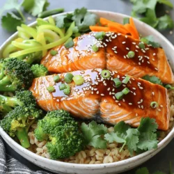 - 2 salmon fillets (about 6 ounces each) - 1/4 cup low-sodium soy sauce - 2 tablespoons honey or maple syrup - 1 tablespoon rice vinegar - 1 tablespoon grated fresh ginger - 1 tablespoon minced garlic - 1 teaspoon sesame oil - 2 cups cooked brown rice or quinoa These main ingredients create a tasty base for our teriyaki salmon bowls. Salmon is rich in protein and omega-3 fatty acids. The marinade adds exciting flavor and a hint of sweetness. Use low-sodium soy sauce to keep it healthy. Honey or maple syrup brings balance to the dish. Rice or quinoa serves as a filling base. - 1 cup steamed broccoli florets - 1 small carrot, julienned - 1/4 cup sliced green onions - 1 tablespoon sesame seeds for garnish - Fresh cilantro for garnish The vegetables add color and crunch. Steamed broccoli provides nutrients and pairs well with salmon. Julienned carrots add sweetness and a pop of orange. Green onions give freshness to the dish. Sesame seeds and cilantro are perfect for finishing touches. They elevate the look and flavor of your meal. Enjoy the mix of textures and tastes! In a small bowl, whisk together the following ingredients: - 1/4 cup low-sodium soy sauce - 2 tablespoons honey or maple syrup - 1 tablespoon rice vinegar - 1 tablespoon grated fresh ginger - 1 tablespoon minced garlic - 1 teaspoon sesame oil Mix these well until they blend. This marinade packs great flavor for your salmon. Now, take your two salmon fillets, which should be about 6 ounces each. Place them in a shallow dish. Pour half of the marinade over the salmon. Make sure it covers the fillets well. Let the salmon marinate for about 10 minutes. This time gives it a nice flavor boost. Heat a non-stick skillet over medium-high heat. Once hot, remove the salmon from the marinade. Discard the used marinade. Place the salmon skin-side down in the skillet. Cook for 4 to 5 minutes until the skin gets crispy. Then, flip the salmon and cook for another 3 to 4 minutes. Check the doneness by ensuring the internal temperature reaches 145°F (62°C). To build your bowls, start with 2 serving bowls. Add a base of cooked brown rice or quinoa to each. Next, top the rice with steamed broccoli and julienned carrots. Place the cooked salmon fillets on top of the vegetables and rice. Drizzle a bit of the reserved marinade over everything for extra flavor. For a beautiful presentation, sprinkle sliced green onions, sesame seeds, and fresh cilantro on top. This makes your dish look as good as it tastes! Temperature control: Keep the heat at medium-high. This helps the salmon cook evenly. A good sear makes the skin crispy and flavorful. Use a thermometer to check doneness. Aim for an internal temperature of 145°F (62°C). Skin crispiness: Start cooking the salmon skin-side down. This allows the skin to crisp up nicely. Don't flip it too soon! Let it cook for 4-5 minutes before turning. The crispy skin adds a nice texture to your bowl. Ingredient swaps: Feel free to change your veggies. Try snap peas, bell peppers, or spinach. You can also swap salmon for chicken or tofu. This keeps meals fresh and fun. Flavor enhancements: Add a squeeze of lime for brightness. You can also sprinkle chili flakes for heat. Want more umami? Try adding a dash of fish sauce. These tweaks can make your dish truly yours! Meal prep suggestions: Cook extra salmon or grains for future meals. Store them in the fridge. This way, you can have quick meals ready for busy days. Quick cooking methods: Use a microwave for your veggies if you're short on time. You can steam broccoli in just a few minutes. This keeps the nutrients and vibrant color. {{image_2}} You can switch the salmon for chicken or tofu. Both options work well with teriyaki sauce. For chicken, use boneless thighs or breasts. Cut them into bite-sized pieces for even cooking. Cook them the same way as the salmon. Tofu offers a plant-based choice. Press the tofu to remove water, then cut it into cubes. Marinate the tofu like salmon, and sauté it until golden brown. You still get that great teriyaki flavor. Seafood lovers can try shrimp or scallops. Both cook quickly and pair well with the sauce. Just remember to adjust cooking times for these proteins. You have choices for the grain base. Brown rice is a classic, but quinoa adds a nice twist. Quinoa has more protein and cooks faster than rice. Other healthy grains include farro and barley. Both provide different textures and flavors. Try them out for variety and added nutrition. Choose the grain that suits your taste and enjoy the change. Using seasonal produce makes your dish fresher. In spring, add snap peas or asparagus. These veggies bring a crisp taste and bright color. In summer, use corn or zucchini. They add sweetness and a nice crunch to your bowl. In fall and winter, think about kale or Brussels sprouts. They work great in stir-fries and pair well with teriyaki sauce. Feel free to mix and match veggies according to what is in season. This keeps your meals exciting and full of flavor. To store your teriyaki salmon bowls in the fridge, place them in an airtight container. This keeps them fresh for up to three days. I suggest keeping the salmon, rice, and veggies separate. This helps maintain each ingredient's texture and flavor. The best way to reheat your leftovers is in the microwave. Use a microwave-safe dish and cover it to keep moisture in. Heat for one minute, then check if it’s warm. If not, heat for another 30 seconds. You can also reheat on the stovetop. Just add a splash of water and stir gently over low heat. This method keeps the salmon juicy and the veggies crisp. Yes, you can freeze teriyaki salmon! Wrap the salmon tightly in plastic wrap, then place it in a freezer bag. It stays good for up to three months. For the rice or quinoa, freeze it in a separate bag. When you're ready to eat, thaw everything in the fridge overnight. Reheat the salmon gently so it stays flavorful and tender. I recommend marinating salmon for about 10 to 15 minutes. This gives the fish time to absorb the flavors without becoming too salty. If you marinate for too long, the texture may change. Always keep an eye on the time. You want the fish to taste great, not overpower the natural flavor of the salmon. Yes, you can use store-bought teriyaki sauce. It saves time and is convenient. Some brands offer great taste without added preservatives. However, homemade sauce allows for more control over flavor. You can adjust sweetness and saltiness to your liking. If you choose store-bought, look for low-sodium options for a healthier choice. For a perfect pairing, consider these sides: - Steamed broccoli: It adds color and nutrients. - Julienned carrots: They provide a nice crunch. - Edamame: A protein-rich option. - Cucumber salad: Refreshing and light. - Pickled ginger: Offers a zesty kick. These sides complete your teriyaki salmon bowls, making them balanced and tasty. Feel free to mix and match based on your preferences! In this post, we explored how to create delicious teriyaki salmon bowls. We discussed key ingredients like salmon, marinade, and vegetables. I shared step-by-step instructions, tips for perfect cooking, and ideas to customize your bowls. Storage options and answers to common questions also helped guide you. Remember, making healthy meals can be simple and fun. Enjoy your cooking journey and feel confident in your choices!