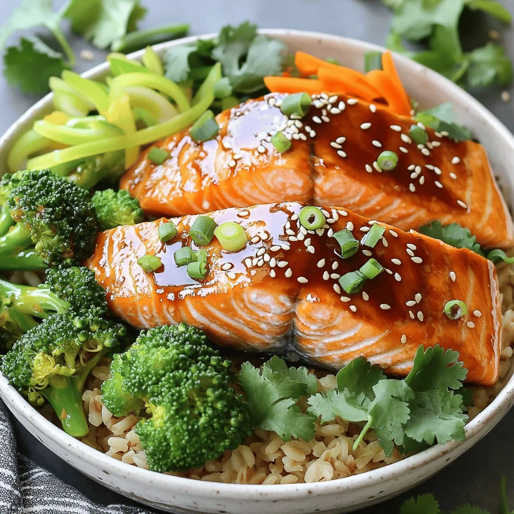 - 2 salmon fillets (about 6 ounces each) - 1/4 cup low-sodium soy sauce - 2 tablespoons honey or maple syrup - 1 tablespoon rice vinegar - 1 tablespoon grated fresh ginger - 1 tablespoon minced garlic - 1 teaspoon sesame oil - 2 cups cooked brown rice or quinoa These main ingredients create a tasty base for our teriyaki salmon bowls. Salmon is rich in protein and omega-3 fatty acids. The marinade adds exciting flavor and a hint of sweetness. Use low-sodium soy sauce to keep it healthy. Honey or maple syrup brings balance to the dish. Rice or quinoa serves as a filling base. - 1 cup steamed broccoli florets - 1 small carrot, julienned - 1/4 cup sliced green onions - 1 tablespoon sesame seeds for garnish - Fresh cilantro for garnish The vegetables add color and crunch. Steamed broccoli provides nutrients and pairs well with salmon. Julienned carrots add sweetness and a pop of orange. Green onions give freshness to the dish. Sesame seeds and cilantro are perfect for finishing touches. They elevate the look and flavor of your meal. Enjoy the mix of textures and tastes! In a small bowl, whisk together the following ingredients: - 1/4 cup low-sodium soy sauce - 2 tablespoons honey or maple syrup - 1 tablespoon rice vinegar - 1 tablespoon grated fresh ginger - 1 tablespoon minced garlic - 1 teaspoon sesame oil Mix these well until they blend. This marinade packs great flavor for your salmon. Now, take your two salmon fillets, which should be about 6 ounces each. Place them in a shallow dish. Pour half of the marinade over the salmon. Make sure it covers the fillets well. Let the salmon marinate for about 10 minutes. This time gives it a nice flavor boost. Heat a non-stick skillet over medium-high heat. Once hot, remove the salmon from the marinade. Discard the used marinade. Place the salmon skin-side down in the skillet. Cook for 4 to 5 minutes until the skin gets crispy. Then, flip the salmon and cook for another 3 to 4 minutes. Check the doneness by ensuring the internal temperature reaches 145°F (62°C). To build your bowls, start with 2 serving bowls. Add a base of cooked brown rice or quinoa to each. Next, top the rice with steamed broccoli and julienned carrots. Place the cooked salmon fillets on top of the vegetables and rice. Drizzle a bit of the reserved marinade over everything for extra flavor. For a beautiful presentation, sprinkle sliced green onions, sesame seeds, and fresh cilantro on top. This makes your dish look as good as it tastes! Temperature control: Keep the heat at medium-high. This helps the salmon cook evenly. A good sear makes the skin crispy and flavorful. Use a thermometer to check doneness. Aim for an internal temperature of 145°F (62°C). Skin crispiness: Start cooking the salmon skin-side down. This allows the skin to crisp up nicely. Don't flip it too soon! Let it cook for 4-5 minutes before turning. The crispy skin adds a nice texture to your bowl. Ingredient swaps: Feel free to change your veggies. Try snap peas, bell peppers, or spinach. You can also swap salmon for chicken or tofu. This keeps meals fresh and fun. Flavor enhancements: Add a squeeze of lime for brightness. You can also sprinkle chili flakes for heat. Want more umami? Try adding a dash of fish sauce. These tweaks can make your dish truly yours! Meal prep suggestions: Cook extra salmon or grains for future meals. Store them in the fridge. This way, you can have quick meals ready for busy days. Quick cooking methods: Use a microwave for your veggies if you're short on time. You can steam broccoli in just a few minutes. This keeps the nutrients and vibrant color. {{image_2}} You can switch the salmon for chicken or tofu. Both options work well with teriyaki sauce. For chicken, use boneless thighs or breasts. Cut them into bite-sized pieces for even cooking. Cook them the same way as the salmon. Tofu offers a plant-based choice. Press the tofu to remove water, then cut it into cubes. Marinate the tofu like salmon, and sauté it until golden brown. You still get that great teriyaki flavor. Seafood lovers can try shrimp or scallops. Both cook quickly and pair well with the sauce. Just remember to adjust cooking times for these proteins. You have choices for the grain base. Brown rice is a classic, but quinoa adds a nice twist. Quinoa has more protein and cooks faster than rice. Other healthy grains include farro and barley. Both provide different textures and flavors. Try them out for variety and added nutrition. Choose the grain that suits your taste and enjoy the change. Using seasonal produce makes your dish fresher. In spring, add snap peas or asparagus. These veggies bring a crisp taste and bright color. In summer, use corn or zucchini. They add sweetness and a nice crunch to your bowl. In fall and winter, think about kale or Brussels sprouts. They work great in stir-fries and pair well with teriyaki sauce. Feel free to mix and match veggies according to what is in season. This keeps your meals exciting and full of flavor. To store your teriyaki salmon bowls in the fridge, place them in an airtight container. This keeps them fresh for up to three days. I suggest keeping the salmon, rice, and veggies separate. This helps maintain each ingredient's texture and flavor. The best way to reheat your leftovers is in the microwave. Use a microwave-safe dish and cover it to keep moisture in. Heat for one minute, then check if it’s warm. If not, heat for another 30 seconds. You can also reheat on the stovetop. Just add a splash of water and stir gently over low heat. This method keeps the salmon juicy and the veggies crisp. Yes, you can freeze teriyaki salmon! Wrap the salmon tightly in plastic wrap, then place it in a freezer bag. It stays good for up to three months. For the rice or quinoa, freeze it in a separate bag. When you're ready to eat, thaw everything in the fridge overnight. Reheat the salmon gently so it stays flavorful and tender. I recommend marinating salmon for about 10 to 15 minutes. This gives the fish time to absorb the flavors without becoming too salty. If you marinate for too long, the texture may change. Always keep an eye on the time. You want the fish to taste great, not overpower the natural flavor of the salmon. Yes, you can use store-bought teriyaki sauce. It saves time and is convenient. Some brands offer great taste without added preservatives. However, homemade sauce allows for more control over flavor. You can adjust sweetness and saltiness to your liking. If you choose store-bought, look for low-sodium options for a healthier choice. For a perfect pairing, consider these sides: - Steamed broccoli: It adds color and nutrients. - Julienned carrots: They provide a nice crunch. - Edamame: A protein-rich option. - Cucumber salad: Refreshing and light. - Pickled ginger: Offers a zesty kick. These sides complete your teriyaki salmon bowls, making them balanced and tasty. Feel free to mix and match based on your preferences! In this post, we explored how to create delicious teriyaki salmon bowls. We discussed key ingredients like salmon, marinade, and vegetables. I shared step-by-step instructions, tips for perfect cooking, and ideas to customize your bowls. Storage options and answers to common questions also helped guide you. Remember, making healthy meals can be simple and fun. Enjoy your cooking journey and feel confident in your choices!