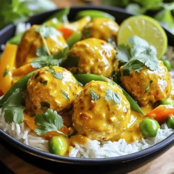 - 1 pound ground chicken - 1/2 cup breadcrumbs - 1/4 cup fresh cilantro, chopped - 1 tablespoon ginger, minced - 2 garlic cloves, minced - 1 can (14 oz) coconut milk - 1 cup chicken broth - 1 cup bell peppers, diced (mix of colors) - 1 cup snap peas, trimmed The main ingredients bring the dish to life. Ground chicken serves as the protein base, making it juicy and tender. Breadcrumbs help bind the meatballs, giving them structure. Fresh cilantro adds a pop of flavor and color. Ginger and garlic make the meatballs aromatic. Coconut milk and chicken broth create a rich, creamy sauce. The bell peppers and snap peas add crunch and color. - 1 teaspoon curry powder - 1/2 teaspoon turmeric - 2 tablespoons red curry paste - Salt and pepper to taste - Juice of 1 lime Seasonings turn the dish from plain to amazing. Curry powder and red curry paste add warmth and depth. Turmeric gives a lovely golden hue and a subtle earthiness. Lime juice adds brightness and balances the flavors. Salt and pepper enhance everything, making each bite pop. - Large mixing bowl - Large pot for cooking - Measuring cups and spoons Using the right tools is key. A large mixing bowl helps combine ingredients easily. A large pot is perfect for browning the meatballs and making the sauce. Measuring cups and spoons ensure you add the right amounts, keeping flavors balanced. In a large bowl, I combine the ground chicken with breadcrumbs, fresh cilantro, minced ginger, and minced garlic. I sprinkle in the curry powder, turmeric, salt, and pepper. I mix everything well until it forms a nice, even blend. Next, I form this mixture into small meatballs, about one inch in size, and set them aside on a plate. I heat coconut oil in a large pot over medium heat until it shimmers. Once hot, I carefully add the meatballs to the pot. I cook them for about five to seven minutes, turning them to brown on all sides. Once browned, I remove the meatballs and set them aside on a separate plate. In the same pot, I pour in a can of coconut milk and add chicken broth along with red curry paste. I stir these ingredients well to combine. I bring the mixture to a gentle simmer. Then, I add diced bell peppers and snap peas. I let them cook for about three to four minutes until they begin to soften. Now, I gently return the browned meatballs to the pot. I make sure they are submerged in the coconut curry sauce. I cover the pot and let everything simmer for another ten to fifteen minutes. This ensures the meatballs cook through. Finally, I remove the pot from heat and stir in fresh lime juice for a zesty finish. To achieve the ideal texture in your meatballs, combine the ground chicken with breadcrumbs. This mix adds structure and keeps them from falling apart. Use fresh breadcrumbs for the best results. To keep your meatballs tender, don’t overmix the ingredients. Just mix until combined. Form the meatballs gently, about one inch in diameter. This size helps them cook evenly. For added flavor, consider using spices like cumin or coriander. These spices pair well with curry and add warmth. Fresh herbs like basil or mint can also brighten the dish. You can add texture by mixing in chopped nuts or shredded carrots. They bring crunch and sweetness. Try adding diced jalapeños for a spicy kick. One-pot cooking makes this dish easy. Start by browning the meatballs. Then, use the same pot to build your sauce. This method captures all the flavor. To adjust the sauce's consistency, add more chicken broth if it’s too thick. If it’s too thin, let it simmer longer. This helps concentrate the flavors and thicken the sauce. {{image_2}} You can switch out ground chicken for other meats. Try ground turkey, beef, or even pork. For a lighter option, use ground turkey. If you want a plant-based meat, use lentils or chickpeas. The type of curry paste matters too. You can use green curry paste for a different flavor. Yellow curry paste also works if you want a milder taste. Coconut milk brands differ in creaminess. Look for full-fat coconut milk for a richer sauce. To make this dish gluten-free, use gluten-free breadcrumbs. Check labels to ensure sauces are gluten-free. For dairy-free, stick with coconut milk and avoid dairy-based toppings. If you want a vegetarian or vegan option, use plant-based meat and skip the chicken broth. You can also add more veggies like zucchini or eggplant for texture. This keeps the meal hearty and filling. Serve your meatballs over fluffy quinoa or rice noodles. Quinoa adds a nutty flavor, while noodles are great for soaking up the sauce. For garnishing, fresh cilantro adds color and taste. Lime wedges provide a bright touch. You can also sprinkle crushed peanuts on top for extra crunch. These simple additions elevate your dish and make it look beautiful! To store your leftovers, let them cool first. Place the meatballs and sauce in a container. I recommend using an airtight container for the best results. Glass containers work well, too, as they do not stain or retain odors. Make sure to label the container with the date. This helps you keep track of how long it's been in the fridge. Freezing is a great way to save your dish for later. To freeze, separate the meatballs from the sauce. This keeps the meatballs from getting too soggy. Place them in freezer-safe bags or containers. When you want to eat them, simply thaw them overnight in the fridge. To reheat, you can cook them on the stove or microwave until hot. In the fridge, your coconut curry chicken meatballs will last about 3 to 4 days. For the freezer, they can last up to 3 months. After that, the quality may drop. If you see any signs of freezer burn, they may not taste as good. Always check for freshness before eating. Yes, you can prepare these meatballs ahead of time! To do this, mix all the meatball ingredients in a bowl. Then, form them into balls and place them on a tray. Cover them and store in the fridge for up to 24 hours. You can also freeze them. Just lay them flat on a tray until frozen, then transfer to a freezer bag. They will last for about three months. When you're ready to cook, just thaw them in the fridge overnight before use. This makes dinner quick and easy! These meatballs pair well with many sides. Here are some great options: - Jasmine rice: Fluffy and fragrant, it soaks up the curry sauce. - Quinoa: A healthy, protein-rich grain that complements the dish. - Noodles: Try rice noodles for a fun twist. - Steamed veggies: Broccoli or green beans add color and crunch. - Salad: A fresh cucumber and onion salad brightens the meal. The heat level can vary. Red curry paste has a medium spice, but you can adjust it. If you prefer less heat, use less curry paste. For more spice, add a pinch of cayenne pepper or sliced chili peppers. Taste as you go. You can always add more spice, but it’s hard to take it out! Enjoy finding the right balance for your taste buds. In this blog post, we explored how to make delicious coconut curry chicken meatballs. We covered key ingredients like ground chicken, coconut milk, and fresh veggies. You learned step-by-step how to mix, brown, and simmer, along with tips for perfecting your meatballs. Variations can suit many diets, and proper storage keeps leftovers fresh. This dish is not just tasty; it’s also adaptable and easy to prepare. Dive into your kitchen and enjoy every bite!