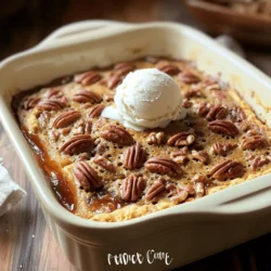 To make this delightful dessert, you need a few key ingredients. Here’s what you’ll use: - 1 cup pecan halves - 1 box yellow cake mix - 1 cup unsalted butter, melted - 1 cup brown sugar - 1 cup corn syrup - 4 large eggs - 1 teaspoon vanilla extract - 1/2 teaspoon salt These ingredients work together to create a sweet, rich flavor. The pecans add a nice crunch, while the corn syrup and brown sugar give it a gooey texture. While the core ingredients shine on their own, you can add some fun twists. Here are a few ideas: - Chopped chocolate or chocolate chips for a chocolatey touch - A sprinkle of cinnamon for warmth and spice - Coconut flakes for a tropical twist - A splash of bourbon for a deeper flavor Each of these options can take your dump cake to the next level. Feel free to mix and match based on your taste! Choosing the best ingredients makes a big difference in your dessert. Here are some tips: - Pecans: Look for fresh, whole pecans. Check for any bitterness or odd smells. - Butter: Use unsalted butter to control the salt in your dish. - Corn Syrup: Go for light corn syrup for a sweeter taste. Avoid dark corn syrup as it can change the flavor. - Eggs: Fresh eggs will help your cake rise and give it a better texture. Quality ingredients lead to a better dish. So, take a moment to select the best! To make Easy Pecan Pie Dump Cake, start by gathering your ingredients. You will need: - 1 cup pecan halves - 1 box yellow cake mix - 1 cup unsalted butter, melted - 1 cup brown sugar - 1 cup corn syrup - 4 large eggs - 1 teaspoon vanilla extract - 1/2 teaspoon salt First, preheat your oven to 350°F (175°C). Grease a 9x13 inch baking dish. This helps prevent sticking and makes serving easier later. In a large mixing bowl, combine the brown sugar, corn syrup, melted butter, eggs, vanilla extract, and salt. Whisk this mixture until smooth. It should look creamy and well-blended. Pour this mixture into the greased baking dish. Spread it evenly across the bottom. Next, take the yellow cake mix and sprinkle it evenly over the filling. Do not stir or mix it in. This creates a nice texture later. Then, carefully sprinkle the pecan halves on top of the cake mix. Again, do not mix. Place the baking dish in your preheated oven. Bake for about 40-45 minutes. Keep an eye on it. You want the top to be golden brown and bubbly. The smell will fill your kitchen and make your mouth water. After baking, remove the dish from the oven. Let it cool for a few minutes. This helps the dessert set up nicely. Cutting it too soon may make it fall apart. Once it has cooled for a bit, slice it into servings. For a special touch, serve it warm with a scoop of vanilla ice cream or a dollop of whipped cream. You can also sprinkle extra pecans on top for added crunch. This dessert pairs well with a nice cup of coffee or a cold glass of milk. Enjoy! When making a dump cake, watch out for a few common mistakes. First, don’t mix the layers. Pour the cake mix on top without stirring it in. Mixing can lead to a dense texture. Also, be careful with the baking time. If you underbake, the center can stay gooey. If you overbake, it can dry out. To enhance the flavor of your pecan pie dump cake, consider these tips. Use fresh pecans for a rich nutty taste. Toast them lightly before adding for more depth. Instead of regular vanilla extract, use pure vanilla for a stronger flavor. You can also add a splash of bourbon for a twist. This gives it a nice kick and makes it even tastier. A golden top is key to a great dump cake. Here’s how to get it just right. First, ensure your oven is preheated to 350°F (175°C). This helps the cake bake evenly. Next, place the dish in the center of the oven. This allows for consistent heat. If the top isn’t golden after 40 minutes, keep an eye on it. A few more minutes can make all the difference. Just watch for burning! {{image_2}} You can get creative with your Easy Pecan Pie Dump Cake. Try adding chocolate chips for a rich flavor. A half cup will do just fine. You can also mix in some shredded coconut. This adds a nice texture and taste. For a spicier kick, add a teaspoon of cinnamon or nutmeg to the mix. These spices bring warmth and depth to the cake. You can make this dessert gluten-free by using a gluten-free yellow cake mix. Many brands offer tasty options that work well. For a vegan version, swap the eggs with flax eggs. To make a flax egg, mix one tablespoon of ground flaxseed with three tablespoons of water. Let it sit for five minutes to thicken. You can also replace the butter with coconut oil or vegan butter. This keeps the cake moist and delicious. You can change the flavors based on the season. In fall, add some pumpkin puree for a festive twist. Use one cup of puree to add moisture and flavor. For a spring treat, mix in some fresh fruit like blueberries or peaches. You can also top the cake with a lemon glaze to brighten the flavors. These seasonal changes keep the recipe exciting and fun for all occasions. To keep leftovers fresh, let the cake cool completely. Cut it into squares. Place the squares in an airtight container. Store the container in the fridge. This helps the cake stay moist for up to five days. When you want to enjoy your cake, you can reheat it. Use the microwave for quick warming. Heat a piece for about 20 to 30 seconds. If you prefer the oven, preheat it to 350°F (175°C). Place the cake in for 10 to 15 minutes. Reheating brings back that warm, gooey goodness. If you want to save some for later, freezing works well. Wrap individual squares in plastic wrap. Then, put them in a freezer-safe bag. This keeps the cake safe for up to three months. When you’re ready to eat, thaw it in the fridge overnight. Enjoy the same great taste! You can tell the dump cake is done when the top is golden brown. It should bubble slightly around the edges. A toothpick inserted in the center should come out clean or with a few moist crumbs. This usually takes about 40 to 45 minutes in the oven. Be sure to check it near the end of the baking time to avoid overcooking. Yes, you can use a different type of cake mix. Chocolate or spice cake mixes add unique flavors. Just remember that the taste will change. Stick with cake mixes that are easy to pair with pecans. Follow the same steps in the recipe for the best results. This dessert shines with simple toppings. A scoop of vanilla ice cream creates a nice contrast to the warm cake. Whipped cream adds a light touch. You can also sprinkle extra pecans on top for a crunchy bite. Try drizzling chocolate or caramel sauce for a fun twist! This article covered the easy pecan pie dump cake, from ingredients to serving tips. You learned about key ingredients and how to pick the best ones. I shared step-by-step baking instructions to ensure it turns out great. You also found helpful tips, fun variations, and storage info. Remember, with a few simple tweaks, you can make this dessert your own. Enjoy your baking and impress your friends with this tasty treat!