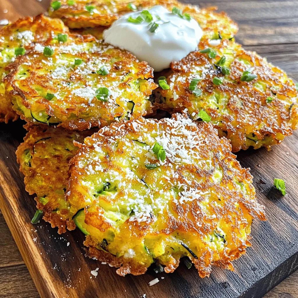 To make crispy Parmesan zucchini fritters, you need a few simple items. Here’s the list: - 2 medium zucchinis, grated - 1 teaspoon salt - 1/2 cup all-purpose flour - 1/2 cup grated Parmesan cheese - 1 large egg - 1/4 cup green onions, finely chopped - 2 cloves garlic, minced - 1/2 teaspoon black pepper - 1/4 teaspoon red pepper flakes (optional) - Olive oil for frying These ingredients come together to create a tasty snack. The zucchinis are the star, giving these fritters a fresh flavor. The salt helps draw out moisture, making them crispy. Parmesan cheese adds a rich taste, while the egg binds everything. Green onions and garlic bring a nice kick. Use black pepper for warmth and red pepper flakes if you like spice. Olive oil is perfect for frying, ensuring a golden crust. To start, grate two medium zucchinis using a box grater or food processor. This will help them cook faster and get that nice crispy texture. Next, sprinkle one teaspoon of salt over the grated zucchinis. The salt is key because it helps draw out moisture. Let the zucchini sit for about 10 minutes. After the time is up, take a clean kitchen towel and place the zucchinis inside. Wring the towel tightly to remove excess liquid. This step is important for making sure the fritters crisp up nicely. In a large mixing bowl, combine the drained zucchini with the dry and wet ingredients. Add half a cup of all-purpose flour, half a cup of grated Parmesan cheese, one large egg, and a quarter cup of finely chopped green onions. Also, mix in two minced garlic cloves, a half teaspoon of black pepper, and a quarter teaspoon of red pepper flakes if you like a bit of heat. Stir everything together until well combined. The mixture should feel thick enough to hold its shape. If it seems too wet, add a little more flour to adjust the consistency. Now it's time to cook the fritters. Heat a large skillet over medium heat and pour in enough olive oil to cover the bottom. Once the oil is hot, drop spoonfuls of the zucchini mixture into the skillet. Use the back of the spoon to flatten them slightly. Fry each fritter for about 3-4 minutes on each side. You want them to be golden brown and crispy. Be careful not to overcrowd the pan; it’s better to cook in batches. After they are done, remove them from the skillet and place them on a paper towel-lined plate to drain any excess oil. To make crispy parmesan zucchini fritters, draining the zucchini is key. Grating the zucchini helps, but the salt is what pulls out the moisture. After letting it sit for ten minutes, use a clean towel to wring out the excess liquid. This step makes sure your fritters are not soggy. If the mixture feels too wet, you can adjust the flour. Start with half a cup, but feel free to add a bit more. You want a thick batter that holds together easily. It should not be too runny. Keeping the oil at the right temperature is vital for crispy fritters. Heat your skillet over medium heat, and add enough olive oil to cover the bottom. If the oil is too hot, the fritters may burn. If it is too cold, they will absorb too much oil. Avoid overcrowding the pan when frying. This can lower the oil temperature and lead to soggy fritters. Fry them in batches, giving each fritter enough space to cook evenly. This way, you will get that nice, golden brown color and perfect crunch. {{image_2}} You can change the flavor by using different cheeses. If you want a sharper taste, try cheddar cheese. Feta cheese adds a nice, tangy touch. Both options melt well and blend with the zucchini. Feel free to mix and match to find your favorite! Adding fresh herbs can boost the taste. Chopped parsley or basil makes the fritters bright and fresh. If you like a bit of heat, experiment with spices like cayenne or paprika. These spices add a kick that pairs well with the crispy texture. Try these simple changes to make each batch unique! To keep your crispy Parmesan zucchini fritters fresh, store them in an airtight container. Layer a paper towel between fritters to absorb moisture. This helps maintain their crispiness. You can refrigerate them for up to three days. After that, they may lose their texture and flavor. To enjoy your fritters again, reheating them properly is key. The best method is to use an oven. Preheat your oven to 375°F (190°C). Place the fritters on a baking sheet in a single layer. Heat them for about 10 minutes or until they are warm and crispy. If you’re short on time, you can also use a skillet. Just add a bit of olive oil and heat them on medium for a few minutes. This helps to bring back that delightful crunch. Yes, you can prepare these fritters in advance. First, make the zucchini mix as per the recipe. Then, you can freeze the uncooked mixture for later use. Just scoop the mixture onto a baking sheet and freeze it. Once frozen, transfer the fritter scoops to a zip-top bag. They will stay fresh for about three months. When you're ready to cook, just take them out and fry them straight from the freezer. This method saves time and gives you a quick snack any day. To make these fritters gluten-free, simply swap the all-purpose flour with gluten-free flour. You can use almond flour or coconut flour as good alternatives. Another option is to use chickpea flour, which adds a nice flavor and texture. The key is to ensure the flour binds well with the zucchini mix. You might need to adjust the amount slightly for the best consistency. Zucchini fritters are tasty on their own, but you can enhance your meal with some dips. Try serving them with a tangy sour cream or a cool Greek yogurt. You can also pair them with a spicy marinara sauce for a kick. Fresh herbs like parsley or cilantro can add a nice touch too. These serving ideas will make your fritters even more enjoyable. This blog post showed how to make tasty zucchini fritters step by step. We covered the ingredients you need, from zucchinis to seasonings. I shared tips for the best texture and frying methods. You also learned about variations, storage, and answers to common questions. These fritters are easy to make and fun to enjoy. Whether as a snack or a meal, they add flavor to your table. Get creative with cheeses and spices to find your perfect mix. Enjoy cooking and savoring these delightful treats!