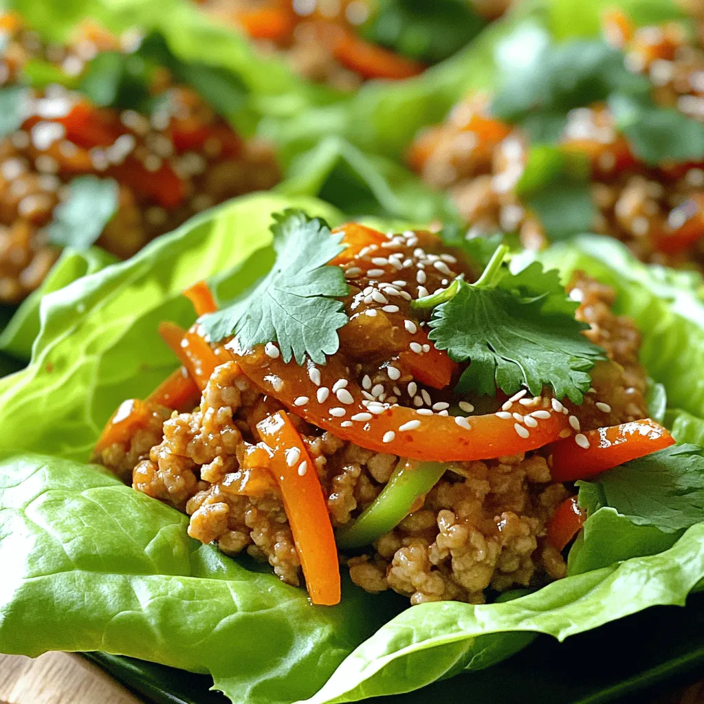 For Gochujang Chicken Lettuce Wraps, you will need: - 1 lb ground chicken - 2 tablespoons gochujang (Korean chili paste) - 1 tablespoon soy sauce - 1 tablespoon sesame oil - 1 tablespoon honey - 3 cloves garlic, minced - 1-inch ginger, grated - 1 red bell pepper, diced - 1 cup carrots, grated - 1 green onion, thinly sliced - 1 head of butter or romaine lettuce, leaves separated - 1 tablespoon sesame seeds (for garnish) - Fresh cilantro leaves (for garnish, optional) These ingredients combine to create a tasty and vibrant dish. The gochujang gives a nice kick. The honey adds a touch of sweetness. To make these wraps, you will need: - A large skillet - A cutting board - A sharp knife - Measuring spoons - A spatula These tools help you cook and prepare each component easily. A good knife and board make chopping quick. For garnish, consider using: - Sesame seeds - Fresh cilantro leaves These toppings not only look good but also enhance the taste. They add texture and freshness to each bite. You can mix and match garnishes based on your preference. Gather all your ingredients first. This makes the cooking part easier. You need: - 1 lb ground chicken - 2 tablespoons gochujang (Korean chili paste) - 1 tablespoon soy sauce - 1 tablespoon sesame oil - 1 tablespoon honey - 3 cloves garlic, minced - 1-inch ginger, grated - 1 red bell pepper, diced - 1 cup carrots, grated - 1 green onion, thinly sliced - 1 head of butter or romaine lettuce, leaves separated - 1 tablespoon sesame seeds (for garnish) - Fresh cilantro leaves (for garnish, optional) Make sure to wash and chop your veggies. This saves time later. Heat a large skillet over medium heat. Add sesame oil and let it warm. Once hot, add minced garlic and grated ginger. Sauté them for about 30 seconds. You want them to smell good. Next, add the ground chicken to the skillet. Cook it for about 5 to 7 minutes. Stir often, so it cooks evenly. Once browned, stir in gochujang, soy sauce, and honey. Mix well to coat the chicken. Now, add the diced red bell pepper and grated carrots. Cook for another 3 to 4 minutes until they soften. Finally, take the skillet off the heat and mix in the sliced green onions. Grab a lettuce leaf and place it on your plate. Spoon a generous amount of the gochujang chicken mixture into the leaf. Don’t be shy, fill it well! Sprinkle sesame seeds on top for some crunch. If you like, add fresh cilantro leaves for extra flavor. Serve these tasty wraps right away. Enjoy each bite! To cook ground chicken well, start with a hot skillet. Use medium heat to warm the sesame oil first. This step adds flavor and helps the chicken cook evenly. Stir the chicken often. It should brown nicely in about 5 to 7 minutes. Make sure there's no pink left. This ensures it’s safe to eat. Gochujang adds a nice kick to this dish. But you can boost flavors even more. Try adding chopped water chestnuts for crunch. They give the wraps a nice texture. You might also add a splash of lime juice. It brightens the taste and adds freshness. Fresh herbs like basil or mint can also elevate the dish. Serve the wraps on a large platter. This invites everyone to dig in. Use colorful lettuce leaves for a fun look. You can also add a side of rice or quinoa. This makes the meal more filling. Garnish with sesame seeds and cilantro for a pop of color. You can even serve dipping sauces on the side for extra flavor. {{image_2}} You can swap ground chicken for many proteins. Try using ground turkey. It has a similar texture and flavor. If you want something richer, go for ground beef. You could also use shredded rotisserie chicken for a quick option. Each protein brings its own unique taste, making the wraps versatile. If you prefer plant-based meals, try mushrooms or tofu. Dice shiitake or portobello mushrooms for a meaty texture. Firm tofu works well too. Just crumble it and cook until golden. You can also use lentils or chickpeas for added protein. Each option holds the sauce nicely while keeping the wraps tasty. Gochujang adds a great kick, but many sauces work well. Teriyaki sauce offers a sweet twist. You can mix it with chili flakes for heat. If you enjoy Asian flavors, try hoisin sauce. For a tangy touch, mix in lime juice or rice vinegar. Experimenting with these sauces can lead to new favorite wraps. When you have extra gochujang chicken, store it in an airtight container. Make sure it cools to room temperature first. You can keep it in the fridge for up to three days. If you want to keep it longer, consider freezing it. To reheat the chicken, place it in a skillet over medium heat. Stir it often until it is hot all the way through. You can also use the microwave. Heat it in a microwave-safe bowl for about one to two minutes. Stir halfway through to ensure even heating. If you want to freeze the gochujang chicken, pack it in freezer-safe bags. Remove as much air as possible before sealing. You can freeze it for up to three months. When ready to eat, thaw it overnight in the fridge. Then, reheat it as mentioned above. Gochujang is a Korean chili paste. It gives dishes a sweet and spicy flavor. You can use it in many ways. Mix it into marinades, sauces, or soups. In this recipe, I mix gochujang with chicken and other tasty ingredients. This adds a unique kick to the dish. Yes, you can use different types of lettuce. Butter lettuce is great for wraps. It is soft and holds fillings well. Romaine is another good choice. It has a crisp texture and adds a nice crunch. Other options like iceberg or even cabbage can work too. To make the dish spicier, add more gochujang. You can also add fresh chopped chilies. If you want it milder, reduce the amount of gochujang. Try using less or mixing in some yogurt. This will balance the heat while keeping the flavor. These wraps pair well with rice or noodles. You can also serve them with a side salad. Fresh veggies like cucumbers or radishes add crunch. Some people enjoy dipping sauces like soy sauce or sweet chili sauce. All these options complement the flavors beautifully. You learned about the key ingredients, tools, and garnishes for making delicious lettuce wraps. We covered step-by-step instructions, from prep to assembly, ensuring tasty results. With helpful tips for cooking ground chicken and enhancing flavors, your wraps will impress everyone. Plus, you discovered variations to suit different diets and preferences. Lastly, smart storage tips help keep leftovers fresh. Now, you’re ready to create your own tasty wraps and enjoy the process. Cook with joy and share your delicious results!