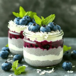- Coconut milk options: You can use either canned coconut milk or carton coconut milk. Canned milk offers a richer flavor, while carton milk is lighter. - Chia seeds quantity: Use 1/4 cup of chia seeds. This will help the pudding thicken nicely. - Maple syrup sweetness adjustment: Start with 2 tablespoons of maple syrup. You can add more or less to suit your taste. - Vanilla extract importance: Add 1 teaspoon of vanilla extract. It brings out the flavors and adds a warm touch. - Blueberries selection (fresh vs frozen): Use 1 cup of blueberries. Fresh blueberries taste great, but frozen ones work well too. Just thaw them before mixing. - Shredded coconut details: Add 1 tablespoon of unsweetened shredded coconut. It gives a nice texture without adding too much sweetness. - Garnish options (mint leaves): For a fresh look, use mint leaves as a garnish. They add color and a hint of cool flavor. Each ingredient plays a role in making this blueberry coconut chia pudding a delightful treat. Enjoy experimenting with different variations! 1. Start by mixing the base ingredients. In a bowl, take: - 1 cup coconut milk - 1/4 cup chia seeds - 2 tablespoons maple syrup - 1 teaspoon vanilla extract Whisk them together until the chia seeds spread evenly. 2. Now, it's time for refrigeration. Cover the bowl with plastic wrap. Place it in the fridge for at least 4 hours. For best results, let it sit overnight. This helps the chia seeds absorb the milk, thickening the mix into a pudding-like texture. 3. Consistency is key. You want it thick enough to hold its shape. If it’s too runny, let it chill longer. 4. Next, gently fold in the blueberries. Reserve a few for later garnish. This step adds flavor and color. 1. For serving, use clear glasses or bowls. This allows the lovely layers to shine through. 2. Garnish with toppings. Add those reserved blueberries, some shredded coconut, and a mint leaf if you like. 3. Think about visual presentation. Layering the pudding makes it look more appealing. Drizzle a bit of maple syrup on top for added sweetness and a nice finish. To make your Blueberry Coconut Chia Pudding perfect, adjust the sweetness with maple syrup. Start with two tablespoons, but feel free to add more. Taste the mix before it sets to find your ideal sweetness. Getting the right pudding texture is key. You want it thick, but not too dry. If it looks too runny, let it soak longer. A good time is about four hours, but overnight is best. Soaking time can change the texture. If you soak it longer, it becomes thicker. If you soak it for less time, it will be creamier. Experiment to find what you like. You can try different milks for this recipe. Almond milk, oat milk, or soy milk all work great. Each will give a unique flavor and texture. For sweeteners, you can swap maple syrup with honey or agave nectar. Each option brings a different taste. Feel free to mix up the fruit too. Try strawberries, raspberries, or even mango. Each fruit adds its own flavor and color to the pudding. {{image_2}} You can take your Blueberry Coconut Chia Pudding to the next level by adding flavors. One easy way is to mix in spices. A pinch of cinnamon or nutmeg gives warmth. These spices pair nicely with the sweet blueberries. You can also try zesting a lemon or orange. The citrus zest adds a fresh, bright taste. Just a little goes a long way. It wakes up the pudding and makes it even more fun! When making this pudding, consider your dietary needs. This recipe is vegan, thanks to coconut milk and maple syrup. If you want it non-vegan, you can switch to regular milk or honey. For a low-carb option, use a sugar substitute in place of maple syrup. This keeps the dish sweet without the extra carbs. You can enjoy this pudding no matter your diet! To store leftovers, place the chia pudding in an airtight container. This helps keep it fresh. You can use glass jars or plastic containers for easy access. Make sure to seal the lid tightly. The shelf life of chia pudding is about 5 days in the fridge. If you notice any off smell or color, it’s best to toss it out. Always check your pudding before enjoying it. Before serving, give the pudding a gentle stir. This mixes the ingredients well again. If the texture is too thick, add a splash of coconut milk to loosen it up. For re-garnishing, top with fresh blueberries, a sprinkle of shredded coconut, or a few mint leaves. This adds color and freshness. You can also drizzle some maple syrup for extra sweetness. You can store this pudding for up to five days in the fridge. Just keep it in a sealed container. The flavors will stay fresh, and the texture will remain nice. Yes, you can use many fruits! Try strawberries, raspberries, or mangoes. Each fruit will give a new taste. Mix and match for fun flavors. Chia seeds are great for you. They have fiber, protein, and omega-3 fatty acids. These nutrients can help your heart and keep you full longer. The pudding is ready when it looks thick and creamy. It should not be runny. If you stir it and it holds its shape, it’s set! You can use this pudding as a quick breakfast! Just scoop it into a bowl and add more fruit or nuts. It’s easy to grab and go. This blog post covers how to make a delicious Blueberry Coconut Chia Pudding. We discussed the key ingredients, step-by-step instructions, and helpful tips. You learned about ingredient substitutions and variations to make it your own. Storing and refreshing tips ensure your pudding stays tasty longer. Embrace these ideas and create your pudding masterpiece. Enjoy the blend of flavors and textures. This dish is healthy, fun, and simple to prepare. Now, you are ready to impress family and friends with your culinary skills.