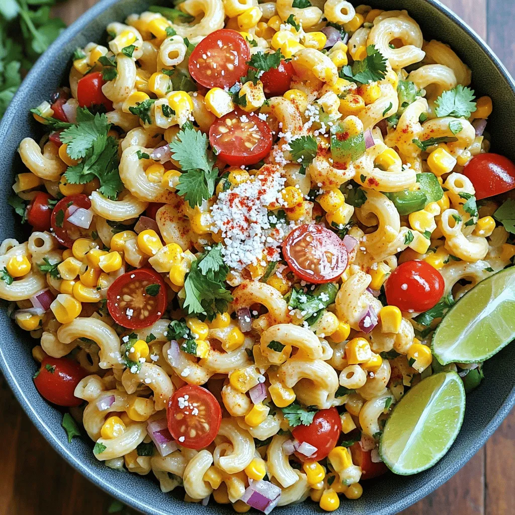 To make Street Corn Pasta Salad, gather these key ingredients: - 8 ounces elbow macaroni or pasta of choice - 2 cups corn kernels (fresh, grilled, or canned) - 1 red bell pepper, diced - 1 small red onion, finely chopped - 1/2 cup cilantro, chopped - 1 jalapeño, deseeded and minced (optional for heat) - 1 cup cherry tomatoes, halved - 1 cup Cotija cheese, crumbled - 1/4 cup mayonnaise - 1/4 cup sour cream - Juice of 2 limes - 1 teaspoon chili powder - Salt and pepper to taste You can add some optional ingredients to boost flavor: - Avocado for creaminess - Black beans for protein - Green onions for a fresh bite This pasta salad offers a variety of nutrients. Each serving provides: - Calories: Approximately 320 - Protein: About 10 grams - Carbohydrates: Around 40 grams - Fat: Roughly 15 grams - Fiber: About 3 grams - Vitamins: Rich in Vitamin C from bell peppers and lime - Minerals: Good source of calcium from Cotija cheese This salad is not just tasty; it’s also packed with nutrients to keep you energized! First, bring a large pot of water to a boil. Add salt to the water. Then, pour in 8 ounces of elbow macaroni. Cook it according to the package instructions until it is al dente. Once done, drain the pasta and let it cool. In a big bowl, combine 2 cups of corn kernels with a diced red bell pepper. Next, add 1 small red onion that you have chopped finely. If you like some heat, include a minced jalapeño. Toss in 1 cup of halved cherry tomatoes and 1/2 cup of chopped cilantro. This mixture brings the flavor! Grab a small bowl and whisk together 1/4 cup of mayonnaise and 1/4 cup of sour cream. Add the juice of 2 limes for that zesty touch. Sprinkle in 1 teaspoon of chili powder, plus a pinch of salt and pepper. Whisk until it’s smooth and creamy. Once the pasta has cooled, add it to the bowl with the veggies. Pour the dressing over the mixture. Carefully toss everything together with a spoon. Make sure the pasta and veggies are well coated. Now, gently fold in 1 cup of crumbled Cotija cheese, saving some for the top. Taste the salad and adjust the seasoning. You might want more lime juice, salt, or pepper. Cover the bowl and place it in the fridge for at least 30 minutes. This lets all the flavors blend. Serve it chilled in a large bowl. Garnish with extra Cotija cheese and cilantro. Add lime wedges on the side for extra zing! To get the best pasta, cook it just right. Use a large pot of salted water. Bring it to a boil before adding your pasta. Cook until it's al dente, which means it should have a little bite. This keeps the pasta from getting mushy in the salad. After cooking, drain the pasta and let it cool. Cooling helps the pasta absorb the flavors later. Flavor is key in this salad. Start with fresh corn, if you can. Grilled corn adds a nice smoky taste. The red bell pepper and cherry tomatoes bring sweetness and color. Don't skip the lime juice; it adds a refreshing zing. Mix in the Cotija cheese for a creamy, salty kick. Lastly, adjust the chili powder to match your taste. More heat? Add a jalapeño. Less heat? Skip it or use less. Many people overcook their pasta, making it mushy. Stick to al dente for the best texture. Another mistake is skipping the chilling time. Letting the salad chill for at least 30 minutes allows the flavors to blend well. Lastly, don’t drown the salad in dressing. Start with a small amount and add more if needed. This keeps the salad from becoming too wet. {{image_2}} You can make this dish vegan by swapping out the cheese and dairy. Use plant-based mayo and non-dairy yogurt instead of sour cream. Nutritional yeast adds a cheesy flavor without dairy. For cheese, try crumbled tofu with a sprinkle of salt. This keeps the dish creamy and delicious while being dairy-free. To boost protein, add cooked chicken or shrimp. Grilled chicken breasts sliced thin work well. You can also toss in cooked shrimp for a seafood twist. If you want a vegetarian option, try chickpeas or black beans. They add protein and a nice texture. To spice up your salad, add more jalapeños or a dash of hot sauce. You can also sprinkle in cayenne pepper for extra heat. For a smoky flavor, consider adding chipotle powder. This will give your salad a kick while keeping it fresh and vibrant. To keep your Street Corn Pasta Salad fresh, store it in an airtight container. Make sure you let it cool first. This helps keep the flavors locked in. You can place it in the fridge for quick access. If you don't have a big container, divide it into smaller ones. This way, you can grab a portion anytime. It's best to eat leftovers within three days for the best taste. Freezing this salad is not ideal, but you can do it. If you want to freeze it, leave out the cheese and fresh veggies. These do not freeze well. After mixing the pasta and dressing, place it in a freezer-safe bag. Squeeze out any air before sealing. This helps prevent freezer burn. You can freeze it for up to one month. When ready to eat, thaw it in the fridge overnight. Add fresh cheese and veggies before serving. In the fridge, your Street Corn Pasta Salad lasts about three to four days. Keep it stored properly to ensure freshness. If you notice any off smell or change in texture, it’s best to toss it out. Always check before eating leftovers. Enjoying this dish when it is fresh will give you the best flavors. Yes, you can use frozen corn. Just thaw it before adding it to the salad. Frozen corn is often picked at peak freshness. This keeps the sweet flavor intact. It also saves you time! To adjust the spice, simply change the jalapeño amount. You can add more or skip it entirely. If you want more heat, try adding some cayenne pepper. For less heat, use mild peppers or none at all. If you cannot find Cotija cheese, use feta or queso fresco. Both cheeses have a similar crumbly texture. They will still give your salad a delicious flavor. Yes, this pasta salad is great for meal prep. It stays fresh for several days in the fridge. Just keep it in an airtight container to maintain its taste. Absolutely! You can make this salad a day in advance. The flavors blend better after sitting in the fridge. Just add the Cotija cheese right before serving for the best texture. This street corn pasta salad is a colorful dish full of flavor. It mixes pasta, corn, and fresh veggies. Here’s how to make it. - 8 ounces elbow macaroni or pasta of choice - 2 cups corn kernels (fresh, grilled, or canned) - 1 red bell pepper, diced - 1 small red onion, finely chopped - 1/2 cup cilantro, chopped - 1 jalapeño, deseeded and minced (optional for heat) - 1 cup cherry tomatoes, halved - 1 cup Cotija cheese, crumbled - 1/4 cup mayonnaise - 1/4 cup sour cream - Juice of 2 limes - 1 teaspoon chili powder - Salt and pepper to taste 1. Cook the Pasta: Begin by boiling water in a large pot. Add salt. Put in the elbow macaroni. Cook it until it is al dente, as the package says. When done, drain it and let it cool. 2. Prepare the Vegetables: In a big bowl, mix the corn kernels, diced red bell pepper, chopped red onion, and minced jalapeño if you want heat. Add the halved cherry tomatoes and chopped cilantro. 3. Make the Dressing: In a small bowl, whisk together the mayonnaise, sour cream, lime juice, chili powder, and a pinch of salt and pepper. This dressing adds a creamy touch. 4. Combine Ingredients: Once the pasta cools, add it to the bowl with the veggies. Pour the dressing over the pasta. Toss everything gently until the pasta and veggies are well coated. 5. Add Cheese: Fold in the Cotija cheese. Save some cheese for the top. This cheese adds a salty flavor. 6. Taste and Adjust: Give it a taste. You may want to add more lime juice, salt, or pepper to make it perfect. 7. Chill: Cover the bowl and put it in the fridge for at least 30 minutes. This helps the flavors mix nicely. For serving, put the salad in a large bowl. Garnish it with extra Cotija cheese and cilantro. Add lime wedges on the side for a zesty touch. This street corn pasta salad is fresh, tasty, and perfect for gatherings or a simple meal at home. Enjoy every bite! This blog post covered the key steps to make a tasty Street Corn Pasta Salad. We explored the necessary ingredients, cooking methods, and helpful tips. You also learned about fun variations and safe storage for leftovers. Embrace your creativity with this dish. Try out the ideas to make it your own. This pasta salad is perfect for gatherings and meal prep. Enjoy sharing it with friends and family as a refreshing treat!