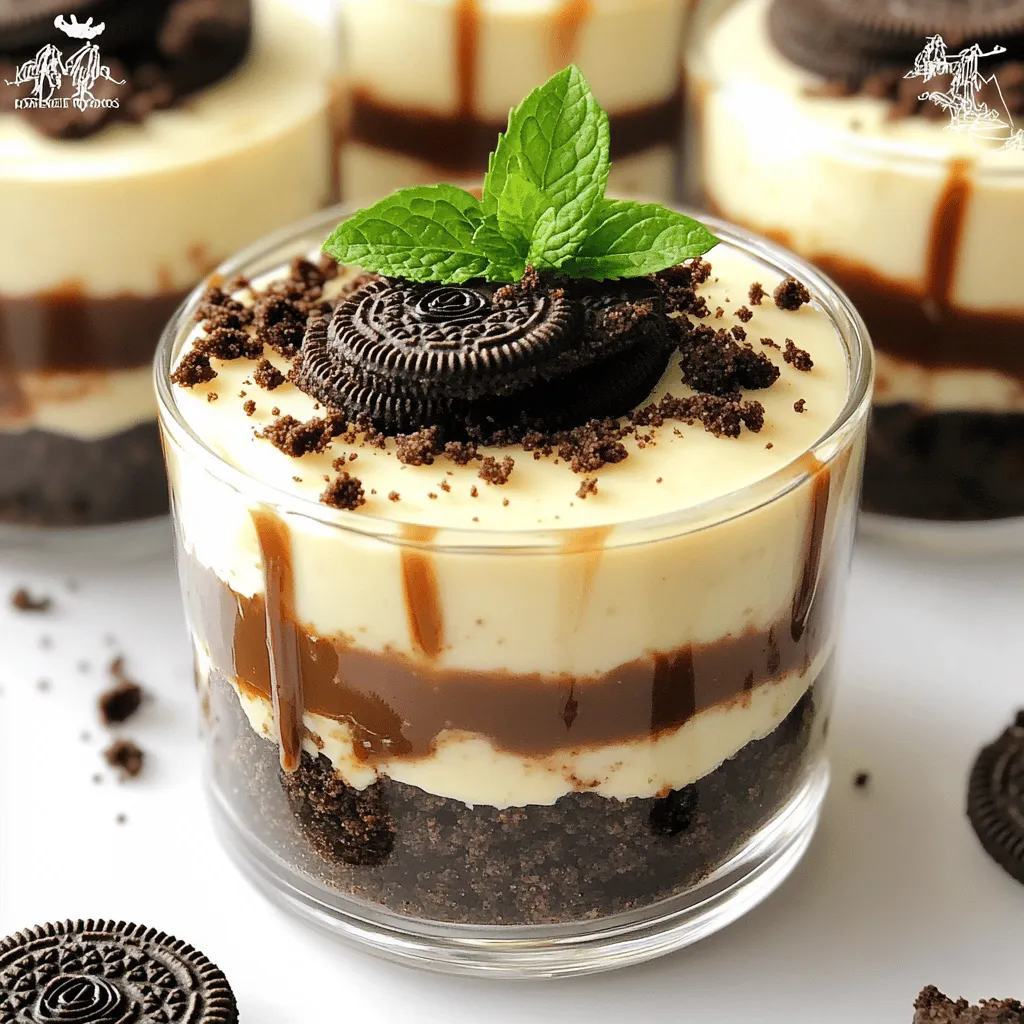 To make No-Bake Oreo Cheesecake Cups, you will need the following: - 20 Oreo cookies (crushed) - 4 tablespoons unsalted butter (melted) - 8 oz cream cheese (softened) - 1 cup powdered sugar - 1 teaspoon vanilla extract - 1 cup heavy whipping cream - Additional crushed Oreos for topping (optional) - Fresh mint leaves for garnish (optional) When picking brands, I often choose these: - Oreo cookies: Nabisco is the classic choice. - Cream cheese: Philadelphia is well-known for its smooth texture. - Heavy whipping cream: Land O'Lakes offers a rich flavor. - Powdered sugar: Domino is reliable and blends well. If you need to swap ingredients, here are some good options: - For Oreos: Use any chocolate sandwich cookie you like. - Instead of cream cheese: Try mascarpone for a creamier taste. - For heavy cream: Use coconut cream for a dairy-free version. - If you don’t have powdered sugar: Blend regular sugar until fine. These swaps help keep the recipe fun and flexible while still tasting great! Start by taking 20 Oreo cookies and crush them into fine crumbs. You can use a food processor or place them in a zip-top bag and crush them with a rolling pin. Next, melt 4 tablespoons of unsalted butter in a microwave-safe bowl. Combine the crushed cookies and melted butter in a mixing bowl. Mix until it looks like wet sand. Divide this mixture into 6 dessert cups, pressing it down firmly to create a solid base. In a separate bowl, take 8 oz of softened cream cheese. Use an electric mixer to beat it for about 1-2 minutes until smooth. Gradually add 1 cup of powdered sugar and 1 teaspoon of vanilla extract. Keep mixing until everything is well blended and creamy. In another bowl, whip 1 cup of heavy cream until stiff peaks form. Carefully fold this whipped cream into the cream cheese mixture. This makes your cheesecake light and fluffy. Now, spoon or pipe the cream cheese mixture over the Oreo crust in each cup. Fill them to the top for a nice presentation. Place the cups in the refrigerator for at least 4 hours. This helps the cheesecake firm up. Before serving, sprinkle some crushed Oreos on top for added crunch. You can also add fresh mint leaves if you want a pop of color. To get the best whipped cream, start with cold heavy cream. Cold cream whips better. Use a clean bowl and beaters. Make sure they are also cold for the best results. Whip on high speed until you see stiff peaks. This means the cream holds its shape well. Be careful not to over-whip. Otherwise, you might make butter instead! When mixing the cream cheese, use an electric mixer. Blend it until it is smooth, about 1-2 minutes. Gradually add the powdered sugar and vanilla while mixing. This helps avoid lumps. When folding in the whipped cream, use a spatula. Gently lift and fold to keep the whipped cream airy. This makes your cheesecake light and fluffy. To boost flavor, consider adding a pinch of salt to the cream cheese mixture. This helps balance the sweetness. You can also mix in a bit of lemon juice for a tangy twist. For texture, sprinkle some crushed Oreos between layers. This adds crunch and makes every bite exciting. If you love chocolate, drizzle some melted chocolate over the top before serving! {{image_2}} You can mix things up with different flavors. Try adding peanut butter to the cream cheese mix. You can also fold in melted chocolate for a richer taste. For a fruit twist, add pureed strawberries or raspberries. Each option gives a unique spin to your cheesecake cups. Play with toppings to make your cups special. Instead of crushed Oreos, use crushed graham crackers or nuts. Fresh fruit like strawberries or blueberries adds color and flavor. You can also drizzle chocolate or caramel sauce for a sweet touch. If you need to make this dessert for special diets, you can do that easily. Use gluten-free Oreos for a gluten-free treat. For a vegan version, replace cream cheese with a dairy-free alternative and use coconut whipped cream. These swaps keep the dessert tasty for everyone. To keep your No-Bake Oreo Cheesecake Cups fresh, store them in the fridge. Use an airtight container. This helps keep the flavor and texture perfect. If you have extra cups, cover them with plastic wrap. This prevents drying out. These tasty treats can last about 4 to 5 days in the fridge. After this time, the crust can get soggy. The cream may start to lose its creamy texture. So, enjoy them within this time for the best taste! You can freeze these cheesecake cups if you want to save some for later. Place them in a freezer-safe container. They can last up to 2 months in the freezer. When you’re ready to eat, thaw them in the fridge overnight. This keeps them smooth and tasty. Yes, you can use other cookies for the crust. Some good choices are chocolate sandwich cookies or graham crackers. Just crush them like you do with Oreos. The flavor will change, but it can still be tasty. I like to mix different cookies for a fun twist. To make this recipe gluten-free, choose gluten-free cookies. Many brands offer gluten-free sandwich cookies. You can also use gluten-free graham crackers. Just ensure all ingredients are gluten-free, especially the powdered sugar and cream cheese. Always check labels to be safe. Serve these cups chilled for the best taste. I recommend adding a drizzle of chocolate sauce on top. You can also sprinkle more crushed Oreos for a nice look. Fresh mint leaves add color and flavor. Use a small spoon for easy eating. You now know all about making No-Bake Oreo Cheesecake Cups. We covered the ingredients needed and even suggested some brands. I shared tips for the perfect whipped cream and the right mixing techniques. You can also explore many flavor variations and find ways to store your dessert for later. With the FAQs answered, you have everything to start baking. Enjoy making this treat and impress your friends and family. You’ll love how easy and delicious it is!