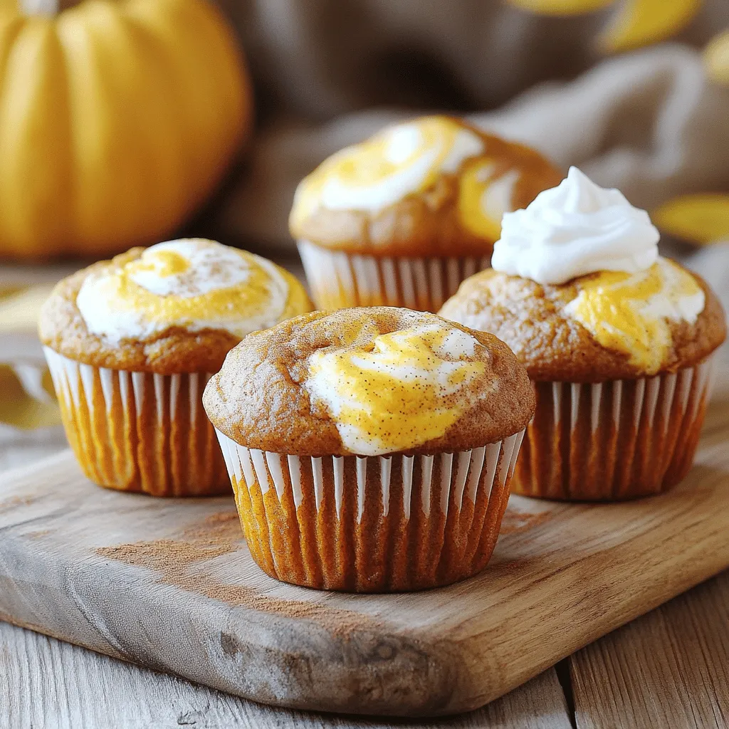 The main ingredients are simple and tasty. You will need: - 1 cup canned pumpkin puree - 1 cup all-purpose flour - 1 cup brown sugar - 1/2 cup granulated sugar - 1/2 cup vegetable oil - 2 large eggs - 1 tsp vanilla extract - 1 tsp baking powder - 1/2 tsp baking soda - 1/2 tsp salt - 1 tsp ground cinnamon - 1/2 tsp ground nutmeg - 1/4 tsp ground ginger - 1 (8 oz) package cream cheese, softened - 1/4 cup powdered sugar - 1/2 tsp vanilla extract These ingredients give the muffins their rich flavor and soft texture. The pumpkin puree adds moisture and a hint of sweetness. You can make these muffins even better with a few optional ingredients. Consider adding: - Chopped nuts like walnuts or pecans - Chocolate chips for a sweet twist - Dried cranberries for a tart burst - A pinch of clove for warmth These extras can bring new flavors and textures to your muffins. Feel free to mix and match! Presentation matters, even for muffins! You can dress them up with: - A sprinkle of cinnamon on top - A dollop of whipped cream cheese - A drizzle of maple syrup - Fresh herbs like mint for a pop of color These toppings add a nice touch and enhance the eating experience. Plus, they make your muffins look even more inviting! First, preheat your oven to 350°F (175°C). This helps the muffins bake evenly. Next, line a muffin tin with paper liners or grease it lightly. In a big bowl, mix together: - 1 cup canned pumpkin puree - 1 cup brown sugar - 1/2 cup granulated sugar - 1/2 cup vegetable oil - 2 large eggs - 1 tsp vanilla extract Stir until the mix is smooth and creamy. In another bowl, combine: - 1 cup all-purpose flour - 1 tsp baking powder - 1/2 tsp baking soda - 1/2 tsp salt - 1 tsp ground cinnamon - 1/2 tsp ground nutmeg - 1/4 tsp ground ginger Whisk these dry ingredients together. Slowly add this mix to the pumpkin mix, stirring gently. Don't overmix! Now, for the cream cheese swirl: in a separate bowl, beat together: - 1 (8 oz) package cream cheese, softened - 1/4 cup powdered sugar - 1/2 tsp vanilla extract Mix until creamy and smooth. Fill each muffin cup halfway with the pumpkin batter. Then, add a dollop of the cream cheese mixture on top. Use a toothpick or skewer to swirl the cream cheese into the pumpkin batter. This creates a lovely marbled look. Now, top each cup with more pumpkin batter until they are about 2/3 full. Place the muffin tin in the oven and bake for 18-22 minutes. To check if they are done, insert a toothpick into the center. If it comes out clean or with a few crumbs, they are ready! After baking, let the muffins cool in the pan for 5 minutes. Then, transfer them to a wire rack to cool completely. For a nice touch, serve them on a rustic wooden board. You can sprinkle a little cinnamon on top and add a dollop of whipped cream cheese on the side. Enjoy your tasty muffins! To get those beautiful swirls, start with the right tools. Use a toothpick or skewer for the best control. After filling the muffin cups, add a dollop of cream cheese. Then, gently swirl it into the pumpkin batter. Don’t overdo it; a few swirls will give you a lovely marbled look. If your muffins sink, check your oven temperature. An oven too hot can cause this. If they seem too dry, make sure you measure your flour correctly. Adding too much flour can make them dense. For muffins that stick, ensure you grease your muffin tin well or use paper liners. Here are some tools that can help you bake these muffins: - Muffin tin - Paper liners or non-stick spray - Mixing bowls - Whisk and spatula - Toothpick or skewer for swirling - Oven mitts for safe handling These tools will make your baking smoother and more fun. Happy baking! {{image_2}} You can easily spice up your muffins. Here are some ideas: - Chopped nuts: Walnuts or pecans add crunch. - Chocolate chips: Dark or milk chocolate adds sweetness. - Dried fruits: Raisins or cranberries add a chewy texture. - Coconut: Shredded coconut gives a tropical twist. Mix these into the batter for more flavor. You can make these muffins gluten-free. Use a gluten-free flour blend. Look for one that measures cup for cup like regular flour. The rest of the recipe stays the same. This way, everyone can enjoy them! Want a vegan version? You can swap a few ingredients easily: - Eggs: Use flax eggs instead (1 tbsp flaxseed meal + 2.5 tbsp water = 1 egg). - Cream cheese: Use a vegan cream cheese alternative. - Vegetable oil: Substitute with melted coconut oil or applesauce. These changes keep the muffins tasty and plant-based. To keep your pumpkin cream cheese swirl muffins fresh, store them in an airtight container. Place parchment paper between layers to avoid sticking. Store them at room temperature for up to two days. If you want them to last longer, refrigerate them for up to a week. Just remember to let them come to room temperature before enjoying. Freezing is a great option if you want to save some muffins for later. Wrap each muffin tightly in plastic wrap or foil. Then, place them in a freezer-safe bag or container. They can last for up to three months in the freezer. To reheat, remove the muffin from the wrap and place it on a microwave-safe plate. Heat for about 20-30 seconds. If you prefer, you can also thaw them in the fridge overnight and warm them in the oven at 350°F for about 10 minutes. These muffins have a good shelf life. At room temperature, they last about two days. In the fridge, they can last up to a week. If frozen, they stay fresh for about three months. Always check for signs of spoilage, like an off smell or mold, before eating. Enjoy your delicious muffins while they are fresh and tasty! Yes, you can use fresh pumpkin. Start by roasting a pumpkin. Cut it in half, remove seeds, and roast until soft. Then, scoop out the flesh and mash it. Measure one cup of this fresh puree to replace the canned pumpkin in your recipe. This gives a fresh taste, but it may have a different texture. To check if the muffins are done, insert a toothpick into the center. If it comes out clean or with a few crumbs, they are ready. The tops should look puffed and slightly golden. The muffins will also spring back lightly when touched. Trust your senses; they should smell amazing! If you need a substitute for cream cheese, use Greek yogurt or ricotta cheese. Both give a creamy texture. You can also use silken tofu for a vegan option. Mix the substitute with some powdered sugar for sweetness and flavor. This keeps the lovely swirl while changing the taste! These Pumpkin Cream Cheese Swirl Muffins are sure to delight. We explored essential ingredients, baking steps, and tips for perfect swirls. You learned how to adapt the recipe for gluten-free and vegan diets. Proper storage keeps your muffins fresh and tasty. Remember, baking is fun and rewarding. Don't hesitate to experiment with flavors and ingredients. Enjoy every bite of your delicious muffins!