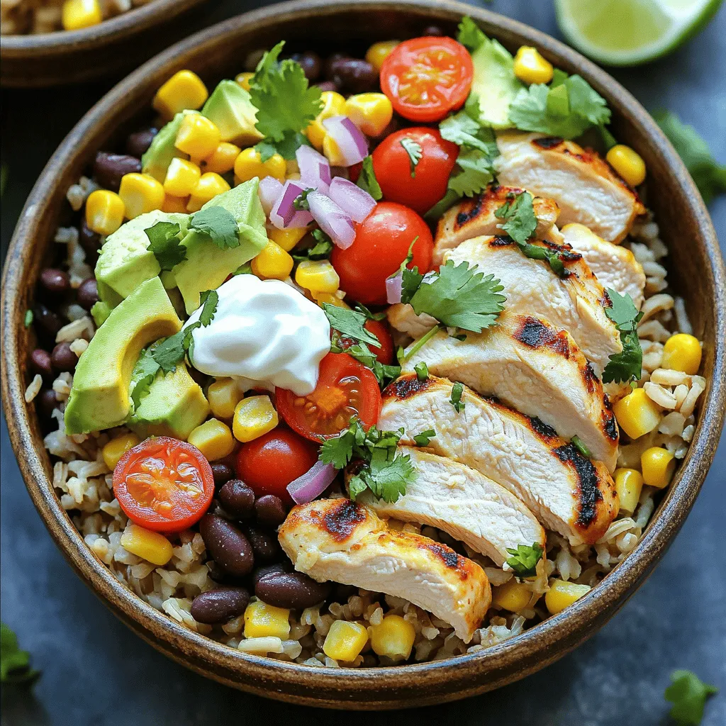 To make a tasty chicken burrito bowl, gather these main ingredients: - 2 boneless, skinless chicken breasts - 1 tablespoon olive oil - 1 teaspoon cumin - 1 teaspoon paprika - 1 teaspoon chili powder - Salt and pepper to taste - 1 cup brown rice - 2 cups chicken broth (or vegetable broth for a vegetarian option) - 1 can black beans, rinsed and drained - 1 cup corn (fresh or frozen) - 1 ripe avocado, diced - 1 cup cherry tomatoes, halved - ½ cup red onion, finely chopped - ½ cup cilantro, chopped - 1 lime, juiced - ½ cup plain Greek yogurt or sour cream for serving - Shredded cheese for topping (optional) You can add fun toppings to your bowl. Here are some ideas: - Sliced jalapeños for heat - Fresh salsa for extra flavor - Diced bell peppers for crunch - Lime wedges for extra zest - Crushed tortilla chips for some crunch To round out your meal, consider these tasty side dishes: - Chips and guacamole for a classic combo - A simple green salad with lime dressing - Grilled corn on the cob for sweetness - Refried beans for extra protein and fiber - A fresh fruit salad for a light finish These ingredients and sides help create a fun and filling meal. Enjoy making your chicken burrito bowls! Start by marinating the chicken. In a bowl, mix olive oil, cumin, paprika, chili powder, salt, and pepper. Add the chicken breasts and coat them well. Let the chicken sit for at least 20 minutes. This step adds flavor and makes the chicken juicy. While the chicken marinates, cook the brown rice. In a saucepan, combine 1 cup of brown rice and 2 cups of chicken broth. Bring it to a boil. Then, cover and lower the heat. Let it cook for about 45 minutes. The rice should be tender and absorb all the liquid. Next, heat a skillet over medium heat. Add the marinated chicken breasts to the skillet. Cook for about 6-7 minutes on each side. You want a nice golden crust. Use a meat thermometer to check if it reaches 165°F (75°C). This ensures the chicken is safe to eat. Once the chicken is cooked, remove it from the skillet. Let it rest for a few minutes before slicing it into bite-sized pieces. In individual bowls, start layering your burrito bowl. Begin with a base of brown rice. Add black beans, corn, sliced chicken, diced avocado, cherry tomatoes, and red onion. Drizzle fresh lime juice over each bowl. Sprinkle with chopped cilantro. Top with Greek yogurt or sour cream and shredded cheese if you like. Enjoy your colorful and tasty meal! You can make your burrito bowl your own. Start with the base. Swap brown rice for quinoa or cauliflower rice. Add your favorite beans like pinto or kidney. Want more crunch? Toss in some bell peppers or radishes. You can also load up on toppings. Try jalapeños for heat or pineapple for sweetness. Each addition can change the flavor and make it fun. To get the best flavor, marinate the chicken well. Use olive oil, cumin, paprika, and chili powder. This mix gives great taste and keeps the chicken juicy. Cook the chicken on medium heat for even browning. Use a meat thermometer to check for doneness. The chicken should reach 165°F (75°C). Let it rest before slicing. This keeps the juices inside. Meal prep saves time and makes life easier. Cook a big batch of rice and store it in the fridge. Use containers to keep each ingredient separate. This way, you can grab and assemble your bowl quickly. You can also cook the chicken ahead of time. Slice and store it, so it's ready to go. Having toppings prepped can make it even faster. {{image_2}} For a vegetarian burrito bowl, skip the chicken. Use hearty ingredients instead. Start with brown rice, black beans, and corn. Add grilled vegetables like bell peppers or zucchini. You can also add roasted sweet potatoes for extra flavor. Top with diced avocado, cherry tomatoes, and cilantro. For a creamy touch, use Greek yogurt or avocado dressing. Want some heat? Use spicy seasonings for the chicken. Add cayenne pepper or crushed red pepper flakes to the marinade. You can also mix in jalapeños or spicy salsa when assembling the bowl. Serve with a side of hot sauce for an extra kick. Don’t forget to balance the spice with cooling toppings like yogurt or cheese. If you want a low-carb option, replace brown rice with cauliflower rice. This swap keeps the dish light. You can also skip the beans for fewer carbs. Focus on protein-rich items like chicken and avocado. Add leafy greens like spinach or lettuce as a base. Finish with your favorite toppings to keep it fresh and tasty. To keep your chicken burrito bowls fresh, store leftovers in airtight containers. Make sure to let the food cool down first. Keep the chicken and rice separate from other ingredients. This helps maintain texture and taste. Leftovers will last in the fridge for up to three days. You can freeze most components of your burrito bowl. First, cool the chicken and rice completely. Then, place them in freezer-safe bags. Squeeze out the air before sealing. You can also freeze black beans and corn. Avoid freezing fresh toppings like avocado and tomatoes. They do not freeze well. Burrito bowl components will last in the freezer for up to three months. When you're ready to eat, thaw frozen ingredients in the fridge overnight. To reheat, use the microwave or stove. For the microwave, place food in a bowl and cover it. Heat for 1-2 minutes, stirring halfway. If using the stove, add a splash of water and heat on low. Stir until everything is warm. Always check that the chicken reaches an internal temperature of 165°F (75°C) before eating. Enjoy your meal! You can use white rice if you prefer a milder taste. Quinoa works well too. It adds protein and a nice crunch. Cauliflower rice is a great low-carb option. It cooks quickly and absorbs flavors well. To spice things up, add more chili powder or some diced jalapeños. You can also mix in hot sauce to your toppings. Another option is to use spicy salsa. Fresh chopped chilies can add a nice kick too. Yes, you can prepare the chicken and rice ahead of time. Cook them and store in the fridge for up to 3 days. Just keep the toppings separate until you’re ready to eat. This keeps everything fresh and tasty. Use a meat thermometer to check the chicken. It should reach 165°F (75°C) for safety. Cooking it until golden brown helps too. Let the chicken rest for a few minutes before slicing. This keeps it juicy and flavorful. You learned how to make tasty chicken burrito bowls. We covered the main ingredients, optional toppings, and great side dishes. I shared step-by-step instructions for marinating, cooking, and grilling the chicken. Customizing your bowl and meal prep tips ensure ease on busy days. You also explored variations like vegetarian and low-carb options. Finally, I shared storage tips and answered common questions. Enjoy creating your perfect burrito bowl at home!