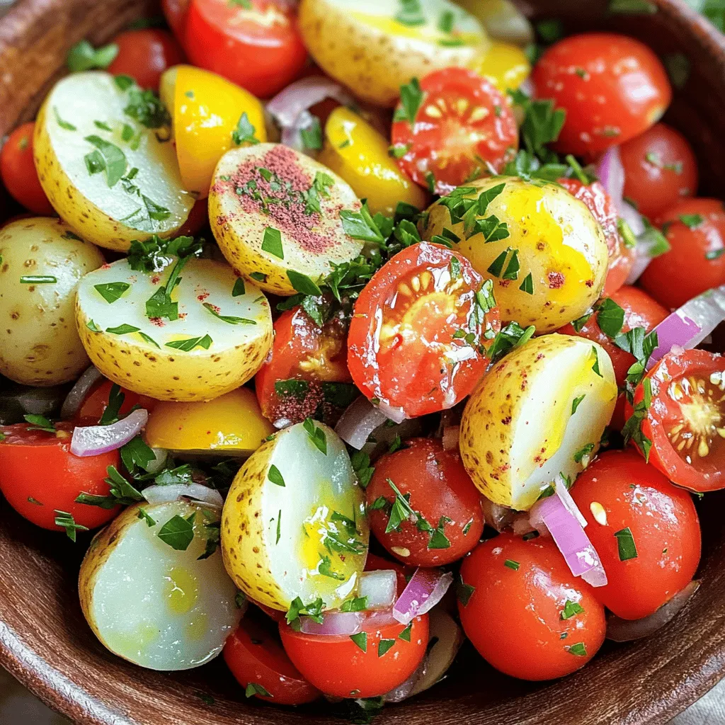 To make a vibrant sumac potato salad, you need a mix of fresh and flavorful ingredients. Each one plays a key role in creating a delicious dish. Here’s what you will need: - 1.5 lbs baby potatoes, halved - 2 tablespoons sumac - 1/4 cup olive oil - 1 lemon, juiced - 1 teaspoon honey or maple syrup - 1 cup cherry tomatoes, halved - 1/2 red onion, finely chopped - 1/2 cup fresh parsley, chopped - Salt and pepper to taste These simple ingredients work together to create a salad full of zest and flair. The baby potatoes form the base, while sumac adds a tangy twist. Olive oil and lemon juice give it a rich and bright flavor. Honey or maple syrup balances the tanginess, making the salad even more delightful. Cherry tomatoes add sweetness, and red onion brings crunch. Fresh parsley ties everything together with a burst of color. Adjust the salt and pepper to your taste for a perfect finish. First, take 1.5 pounds of baby potatoes. Cut each one in half. Place the potatoes in a pot. Fill the pot with salted water. Bring the water to a boil over medium-high heat. Cook the potatoes for about 15 to 20 minutes. You want them tender enough to pierce with a fork. When done, drain the potatoes. Let them cool a bit before mixing them into the salad. While the potatoes cool, grab a small bowl. Add 1/4 cup of olive oil. Squeeze the juice from 1 lemon into the bowl. Add 1 teaspoon of honey or maple syrup. Then, mix in 2 tablespoons of sumac. Stir the dressing well. Don't forget to sprinkle in salt and pepper to taste. This dressing brings vibrant flavor to the salad. Now, take a large mixing bowl. Add the warm potatoes you just cooked. Chop 1 cup of cherry tomatoes and add them to the bowl. Next, finely chop 1/2 of a red onion and toss it in. Finally, add 1/2 cup of fresh parsley. Pour the dressing over everything. Gently toss the salad to coat the potatoes. Make sure every piece is covered in that tasty dressing. You can serve the salad warm or chilled. Let it rest for about 10 minutes before serving. This time allows the flavors to come together nicely. Serve it as a side dish or a light main course. It pairs well with grilled meats and fish. For a final touch, sprinkle a bit of extra sumac on top. This adds even more flavor and a pop of color. You can also add a few extra parsley leaves for a fresh look. Enjoy your vibrant and flavorful sumac potato salad! To make the best sumac potato salad, follow these tips: - Choose the Right Potatoes: Use baby potatoes. They are small and tender, which makes them ideal for this salad. - Don’t Overcook the Potatoes: Cook the potatoes until they are just tender. They should hold their shape well in the salad. - Use Fresh Ingredients: Fresh parsley and ripe cherry tomatoes boost the flavor and color. - Warm Potatoes: Mix the salad while the potatoes are still warm. This helps them absorb the dressing better. - Adjust the Sumac: Feel free to adjust the amount of sumac to fit your taste. More sumac gives a stronger lemony flavor. Sumac is not just tasty; it has health perks too. It may help with digestion and act as an antioxidant. - Rich in Antioxidants: Sumac contains compounds that fight free radicals. This can help keep your body healthy. - May Lower Blood Sugar: Some studies suggest that sumac can help manage blood sugar levels. This is great for people watching their sugar intake. - Good Source of Vitamin C: The sumac berries have vitamin C, which is good for your immune system. Sumac potato salad pairs well with many dishes. Here are some ideas: - Grilled Chicken: The zesty flavor of the salad complements the smoky taste of grilled chicken. - Fish Tacos: The salad adds a fresh twist to spicy fish tacos. - Falafel: Pair it with crispy falafel for a filling meal. - Pita Bread: Serve the salad with warm pita for a light lunch. - Roasted Vegetables: The salad balances well with hearty roasted veggies. Explore these pairings to enhance your meal experience! {{image_2}} You can change a few ingredients in sumac potato salad. For a creamier texture, try adding Greek yogurt. This will give a nice tang. You can also swap cherry tomatoes for diced bell peppers. This adds color and crunch. If you want more protein, toss in chickpeas or diced feta cheese. Both options work well with the flavors in the salad. Sumac potato salad is flexible in how you serve it. Serve it warm right after mixing, or chill it for an hour. Cold salad is a refreshing choice on hot days. You can also use it as a side dish. It pairs well with grilled meats or fish. For a picnic, pack it in a reusable container. This makes it easy to transport and share. You can adjust this salad based on the season. In spring, add fresh peas or asparagus for a pop of green. In summer, include diced cucumbers for a crisp bite. For fall, consider adding roasted sweet potatoes or apples. These ingredients create a warm, cozy feel. In winter, use roasted root vegetables like carrots or beets. Each season brings new flavors and keeps the salad exciting. To keep your sumac potato salad fresh, store it in an airtight container. Place the container in the fridge. Make sure the salad cools down before you seal it. This helps prevent extra moisture. The salad lasts for about 3 days in the fridge. If you want to enjoy warm sumac potato salad, reheat it gently. Place it in a pan over low heat. Stir often to avoid burning. You can also microwave it in short bursts. Heat for 30 seconds at a time. Check the temperature between bursts until it's warm. Freezing is not the best option for this salad. The potatoes can become mushy when thawed. If you must freeze it, pack it tightly in an airtight container. Use it within a month for the best taste. When ready to eat, thaw it overnight in the fridge before reheating. Sumac is a spice made from dried berries. It has a tangy and lemony flavor. This spice adds brightness to dishes. You can find sumac in many grocery stores. It is great for seasoning meats, salads, and dressings. When you use it in potato salad, it gives a fresh twist. Yes, you can make this salad ahead of time. It keeps well in the fridge. Just mix the salad and dressing. Store them separately until you are ready to serve. This way, the potatoes won’t get mushy. The flavors will blend nicely if you let it sit for a while. Absolutely! This sumac potato salad is vegan-friendly. It contains no animal products. Instead, it uses olive oil and maple syrup for flavor. This makes it a healthy choice for everyone. It’s also a great side dish at any gathering. Sumac is a versatile spice. You can use it in many dishes. Try it in your grilled meats or fish for added flavor. It also works well in salads or hummus. You can even sprinkle it on roasted veggies. Sumac will add a unique taste to your meals. This blog showed how to make a fresh potato salad. You started with baby potatoes, added flavor with sumac, and topped it off with herbs. I shared tips for a tasty dressing and how to serve it well. Don't forget the health perks of sumac! You can customize this salad for each season. Lastly, I gave storage advice to keep it fresh. Enjoy making this delightful dish that fits any meal!