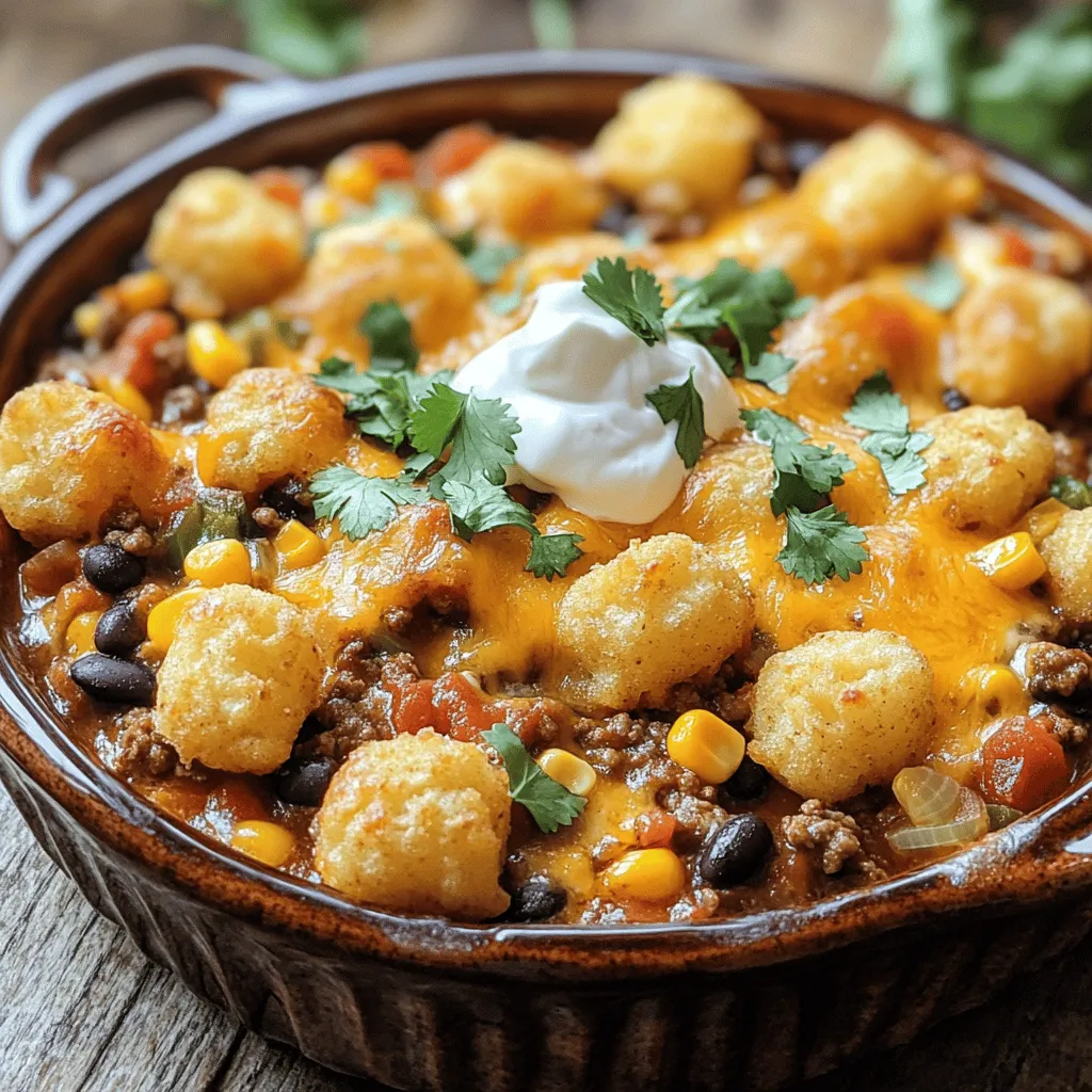 To make a delicious Slow Cooker Cowboy Casserole, gather these key ingredients: - 1 pound ground beef or turkey - 1 medium onion, diced - 2 cloves garlic, minced - 1 can (15 oz) black beans, drained and rinsed - 1 can (15 oz) corn, drained - 1 can (16 oz) diced tomatoes with green chilies - 1 cup salsa - 1 teaspoon chili powder - 1 teaspoon cumin - Salt and pepper to taste - 2 cups frozen tater tots - 1 cup shredded cheddar cheese - 1/2 cup sour cream (optional for serving) - Fresh cilantro or green onions for garnish These ingredients create a hearty dish that warms the soul. The ground beef or turkey provides protein. The onion and garlic add depth and flavor. The canned ingredients make it easy and quick. Salsa and spices give it a nice kick. Tater tots on top add crunch, and cheese makes it creamy. Fresh herbs add color and taste. This mix is simple yet packed with flavor. Using fresh ingredients instead of canned can enhance taste. Don't hesitate to adjust spices to fit your taste. Enjoy cooking this family favorite! Start by cooking 1 pound of ground beef or turkey in a skillet over medium heat. Stir in 1 diced onion and cook until the meat is brown. This should take about 5-7 minutes. Add 2 minced garlic cloves and cook for another minute, just until the garlic smells good. If there’s extra fat in the skillet, drain it out. This keeps the casserole from being too greasy. Next, transfer the cooked meat mixture to your slow cooker. Add 1 can of black beans (drained and rinsed), 1 can of corn (drained), and 1 can of diced tomatoes with green chilies. Pour in 1 cup of salsa for extra flavor. Add 1 teaspoon of chili powder, 1 teaspoon of cumin, and salt and pepper to taste. Mix everything well to make sure all the flavors blend together. Set your slow cooker to low for 4-6 hours or high for 2-3 hours. This lets all the flavors meld nicely. About 30 minutes before it's done, take off the lid and gently fold in 2 cups of frozen tater tots. Spread them out on top, cover again, and cook on high for another 30 minutes. You want the tater tots to be golden and crispy. Before you serve, sprinkle 1 cup of shredded cheddar cheese over the top. Cover the slow cooker for 5-10 minutes to let the cheese melt. Serve hot and add a dollop of sour cream if you like, along with fresh cilantro or green onions for a nice touch. To make this cowboy casserole shine, add a few spices. Try paprika for a smoky taste or cayenne for some heat. You can also add fresh herbs like oregano for a pop of flavor. Personalizing this dish is easy. Add your favorite veggies, like bell peppers or zucchini. You can even swap the ground beef for turkey or chicken. The choice is yours! To keep your casserole from being mushy, use fresh ingredients. Avoid overcooking the meat; it should be just browned. Add the frozen tater tots half an hour before serving. This helps them crisp up nicely. If you want extra crunch, broil them for a few minutes at the end. This gives a great texture contrast to the soft filling. Serving this dish can be fun! Use a large spoon for a generous scoop. For a rustic touch, serve it straight from the slow cooker. For flair, place the casserole in a colorful dish. Garnish with fresh cilantro or sliced green onions for a bright look. Add a dollop of sour cream on top for a creamy finish. Your family will love it! {{image_2}} You can switch the ground beef for turkey. Turkey gives a lighter taste. If you want to try something different, use chicken. Shredded chicken works well. For a meat-free option, use lentils or chickpeas. Both add protein and texture. You can also add tofu for a healthy twist. Sometimes, you may not have canned goods. You can use fresh ingredients instead. Fresh beans and corn can replace the canned versions. Just cook them a bit longer. For cheese, try Monterey Jack or pepper jack. They give a nice flavor. You can also skip cheese for a dairy-free meal. Want some heat? Add diced jalapeños to the mix. They give a nice kick! You can also try different salsa flavors. Mango salsa or corn salsa adds sweetness. You can even make it smoky with chipotle salsa. Each option changes the taste in fun ways! To store leftovers, let the casserole cool first. Use shallow containers for better cooling. Glass or plastic containers with tight lids work best. This keeps air out and helps the dish stay fresh. Label the containers with a date. This helps you track how long they have been in the fridge. The best way to reheat the casserole is in the oven. Preheat the oven to 350°F (175°C). Place the casserole in a baking dish and cover it with foil. Heat for about 20-25 minutes. This keeps the casserole warm and the tater tots crispy. You can also use the microwave. Just heat it in short bursts, stirring often. Be careful not to overcook it, as this can make it dry. To freeze the casserole, let it cool completely first. Then, place it in a freezer-safe container. Make sure to leave room for expansion. You can also freeze individual portions for easy meals later. To thaw, move the casserole from the freezer to the fridge. Let it sit overnight before reheating. This helps it thaw evenly. Yes, you can make this cowboy casserole ahead of time. Cook it as directed and let it cool. Store it in the fridge for up to three days. When you are ready to eat, just reheat it in the slow cooker or oven. Slow cooker cowboy casserole lasts about three to four days in the fridge. Store it in an airtight container to keep it fresh. Make sure to check for any signs of spoilage before eating. You can serve cowboy casserole with a side salad or some crusty bread. Cornbread also makes a great pairing. For a fun twist, try serving it with tortilla chips for scooping. Yes, you can use fresh vegetables. Chop fresh bell peppers, zucchini, or corn. Just remember to adjust cooking times. Fresh veggies may need a bit more time to soften. Slow cooker cowboy casserole can be healthy. It has protein from the meat and fiber from the beans. You can make it healthier by using lean meat and adding more vegetables. Keep an eye on the cheese and sour cream for calories. This blog post covered the essential steps to make a slow cooker cowboy casserole. You learned about the main ingredients, from ground beef or turkey to tater tots and cheese. I shared tips to enhance flavor, avoid mushiness, and personalize your dish. You also found ideas for storage and reheating. Remember, this recipe is flexible, so feel free to switch up ingredients. Enjoy crafting a dish everyone will love!