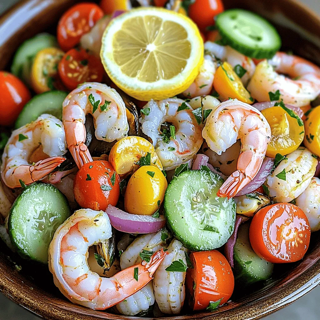 For a great seafood salad, you need fresh seafood. Here’s what to gather: - 200g of shrimp, peeled and deveined - 200g of calamari, cleaned and sliced into rings - 200g of mussels, cleaned and debearded Fresh produce adds color and crunch. Collect these items: - 1 cup cherry tomatoes, halved - 1 cup cucumber, diced - 1 small red onion, finely chopped - 2 tablespoons capers, rinsed - 1/4 cup fresh parsley, chopped The dressing ties everything together. You will need: - 1 tablespoon lemon zest - 3 tablespoons lemon juice - 3 tablespoons olive oil - Salt and black pepper to taste This mix of seafood and fresh produce gives the salad its vibrant taste. The dressing adds a zesty kick. Start by boiling water in a large pot. Add salt to the water. Once it boils, drop in the shrimp. Cook them for about 2-3 minutes. The shrimp will turn pink when done. Remove them and set aside. Next, use the same pot for the calamari and mussels. Boil for 4-5 minutes. You know they’re ready when the mussels open up and the calamari is soft. Drain the seafood and let it cool. In a big mixing bowl, gather your cooked seafood. Add the shrimp, calamari, and mussels. Then, toss in the halved cherry tomatoes, diced cucumber, and finely chopped red onion. Don’t forget the capers! They add a nice salty touch. Mix everything gently to keep the seafood intact. Grab a small bowl for the dressing. Whisk together the lemon juice, olive oil, and lemon zest. Add salt and black pepper to taste. This dressing gives the salad a fresh zing. Pour the dressing over the seafood mix. Gently toss everything to coat. Finally, sprinkle chopped parsley on top for a burst of color and flavor. Let the salad chill in the fridge for at least 30 minutes. This helps all the flavors blend well. Cooking seafood requires care. Always use fresh seafood for the best flavor. When cooking shrimp, keep an eye on the color. Shrimp turn pink when they are done. For calamari, avoid overcooking. It becomes tough if cooked too long. Mussels should open up when cooked. If they don't, discard them. Boil seafood in salted water to enhance its taste. After cooking, cool the seafood quickly to keep it fresh. Herbs and spices make this salad shine. Fresh parsley adds a bright taste. Lemon juice gives a tangy kick. Add lemon zest for extra zestiness. Capers bring a salty, briny flavor. Use salt and black pepper to balance the dish. For a spicy touch, try red pepper flakes. Mix different herbs like basil or dill for unique flavors. Always taste and adjust the seasoning to your liking. Serve the salad chilled for the best taste. Use a large bowl for a beautiful presentation. Garnish with extra parsley for color. Pair it with crusty bread for a complete meal. This salad is great as a starter or a light main dish. It works well for summer gatherings or picnics. Consider adding a side of lemon wedges for extra flavor. Enjoy it with a glass of white wine for a delightful experience. {{image_2}} You can switch up the seafood in this salad. Try using scallops or crab instead of shrimp. You might prefer the taste of clams or even lobster. Each option brings a new flavor. Keep your seafood fresh for the best taste. Always clean and prepare your seafood properly. Mix and match to find your favorite mix! Feel free to add your favorite veggies. Bell peppers add a nice crunch and color. You could use radishes for a peppery kick. Avocado gives a creamy texture, while arugula adds a peppery taste. You can even toss in olives for a briny flavor. The more colorful your salad, the more appealing it looks! The dressing can change the whole dish. You can use a balsamic glaze for sweetness. A splash of red wine vinegar adds a tangy touch. For a creamier option, try mixing Greek yogurt with herbs. Each dressing can give your seafood salad a fresh twist. Experiment with flavors until you find your perfect match! To keep your Italian seafood salad fresh, store it in the fridge. Use an airtight container to prevent air from spoiling the flavors. Place the salad in the coldest part of your fridge, usually at the back. This method helps maintain its texture and taste. Remember to eat it within three days for the best quality. Freezing seafood salad is not the best option. Seafood can lose its quality when frozen. If you must freeze it, do so without the dressing. This helps keep the seafood from getting mushy. When ready to eat, thaw it in the fridge overnight. Add the dressing just before serving. The seafood salad stays fresh in the fridge for three days. After that, the flavors might fade. If you notice any off smells or changes in texture, it’s best to toss it. Always trust your senses; they guide you in food safety. Enjoy your salad while it’s at its best! You can add cooked pasta like orzo or small shells. Quinoa is also a great choice. You might add some beans, like chickpeas or white beans. These will boost the protein and fiber. These additions make the salad heartier. You can still keep the fresh flavors intact. Yes, you can use frozen seafood. Just ensure to thaw it first. You can do this in the fridge overnight or under cold water. This helps keep the seafood tender. Make sure it’s fully cooked during preparation. Follow the same cooking times as fresh seafood. You can use fresh basil for a great flavor. Cilantro works well if you like a different taste. Chives can add a mild onion flavor too. Each herb gives the salad a unique twist. Choose what you enjoy most! This blog post covered how to make an Italian seafood salad. We reviewed the key ingredients, from seafood to fresh produce and dressings. You learned step-by-step instructions for cooking and combining everything. Tips enhanced your dish’s flavor and serving style. Variations let you customize the salad with unique choices. Lastly, we discussed storage methods to keep it fresh. Enjoy creating your own version of this tasty dish. Trust me, experimenting will lead to even more delicious results!