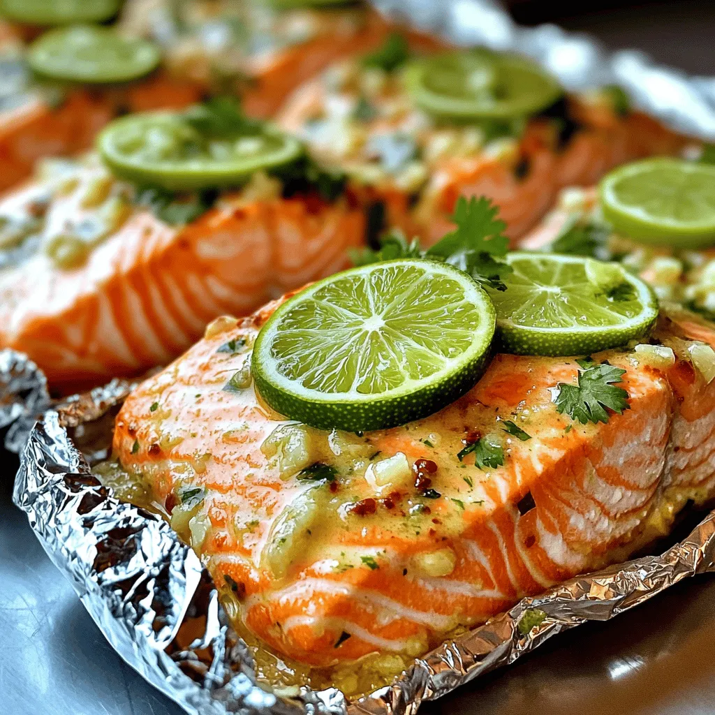 For Garlic Butter Lime Cilantro Salmon Packets, you will need: - 4 salmon fillets (about 6 oz each) - 4 tablespoons unsalted butter, melted - 4 cloves garlic, minced - Juice and zest of 2 limes - 1/4 cup fresh cilantro, chopped - Salt and pepper to taste - Lime slices for garnish - Aluminum foil Each ingredient plays a key role in the flavor. The salmon fillets should be about 6 oz each. This size ensures even cooking and perfect flakiness. The unsalted butter adds richness but keep it at 4 tablespoons. It balances the garlic and lime well. Use 4 cloves of garlic for a bold taste. Fresh garlic always gives the best flavor. The juice and zest of 2 limes add a bright zing. Finally, 1/4 cup of chopped cilantro brings freshness. Don't forget salt and pepper to taste! Using fresh ingredients makes a big difference. Fresh salmon tastes better and has a firmer texture. Fresh garlic has a strong and sweet aroma. Lime juice from fresh limes is much brighter than bottled juice. This freshness enhances the dish's overall taste. Fresh cilantro adds a vibrant pop of color and flavor. Always choose the freshest ingredients for the best results. This way, your meal will shine. Start by setting your oven to 400°F (200°C). This high heat helps cook the salmon just right. Next, cut four pieces of aluminum foil. Each piece should be about 12 inches square. Lay them flat on your counter. This prep makes it easy to work with the salmon. In a small bowl, combine melted butter, minced garlic, lime juice, and lime zest. Mix in half of the chopped cilantro. This mixture adds a rich flavor to the salmon. Make sure to stir well. You want every bit of garlic and lime to blend together nicely. Take a salmon fillet and place it in the center of each foil piece. Season it with a pinch of salt and pepper. Drizzle the garlic butter mixture over the salmon. Don’t be shy! Add the remaining cilantro on top. Finally, place a couple of lime slices on each fillet. These slices add a fresh zing when cooking. Now, fold the edges of the foil to create sealed packets. This keeps all the flavors inside. Place the packets on a baking sheet. Bake them for 15-20 minutes. The salmon is done when it flakes easily with a fork. Be careful when opening the packets; steam will escape! Serve the salmon hot for the best taste. To seal your foil packets well, fold the edges tightly. Start by bringing two opposite edges together and folding them over. Then, fold the other two edges, making sure they stay closed. This method keeps the garlic butter inside. You want the steam to cook the salmon and keep it moist. Avoid too much air inside the packet, as it can dry out the fish. A good seal makes all the difference for juicy salmon. To boost flavor, consider adding spices like paprika or cayenne. A pinch of paprika gives a nice smoky taste. If you like heat, a little cayenne pepper can wake up your meal. You can also try adding a sprinkle of cumin for warmth. Fresh herbs like dill or parsley can add depth too. Be sure to mix them into the garlic butter or sprinkle them on top. Experiment and find what you love best! To complete your meal, pair the salmon with some tasty sides. Steamed asparagus or green beans add a nice crunch. A fresh salad with mixed greens and a light vinaigrette works well too. For something heartier, serve rice or quinoa. Both soak up the garlic butter sauce nicely. Roasted sweet potatoes also make a great side. They add sweetness and balance the rich salmon. Choose sides that you enjoy, and make this meal your own! {{image_2}} You can switch up the herbs in this recipe. If you like dill, try it. Dill adds a fresh taste that pairs well with salmon. You can also use parsley for a milder flavor. Mix and match to find what you enjoy most. Fresh herbs bring color and taste to your dish. Salmon is great, but other fish work too. Try using tilapia or cod for a lighter dish. Shrimp is another tasty option. Just make sure to adjust the cooking time. Shrimp cooks faster than salmon, so check it at about 10 minutes. Cooking times vary with fish and shrimp. Salmon usually takes 15-20 minutes. If you use shrimp, check for doneness at 10 minutes. For thinner fish, aim for 12-15 minutes. Always look for a flaky texture to know it's done. Adjust your time to get the best results. To store leftover salmon, let it cool first. Then, wrap each piece in plastic wrap. Place it in an airtight container. This keeps the salmon fresh. Use parchment paper to separate each fillet. This method helps prevent sticking. Reheat leftover salmon slowly. Use your oven or a skillet. Preheat the oven to 275°F (135°C). Place the salmon on a baking sheet. Heat for 10-15 minutes, or until warm. If using a skillet, add a splash of water and cover. This helps keep the salmon moist. In the fridge, store the salmon for 3-4 days. If you want to keep it longer, freeze it. Frozen salmon lasts about 2-3 months. Make sure to label the container with the date. This helps you keep track of how long it has been stored. Yes, you can prepare the salmon packets ahead. Just follow all the steps until you seal the packets. Store them in the fridge for up to 24 hours. When you are ready, bake them straight from the fridge. This saves time during busy weeknights. If you want a dairy-free option, use olive oil or coconut oil. These oils will still give great flavor to the salmon. You can also try vegan butter for a similar taste. Each substitute brings its own twist to the dish. Yes, you can grill these salmon packets. Just preheat the grill to medium heat. Place the foil packets on the grill for about 10-15 minutes. Check for doneness by carefully opening a packet. The salmon should be flaky and cooked through. Salmon is fully cooked when it flakes easily with a fork. You can also check the internal temperature. It should reach 145°F (63°C). If you see a white film on the surface, that means it’s done. Enjoy your perfectly cooked salmon! You learned how to make delicious Garlic Butter Lime Cilantro Salmon. Fresh ingredients bring out the best taste. You can tailor this dish with different herbs and fish. Proper storage keeps leftovers tasty for longer. Remember to check the cooking time to avoid overcooking. With these tips, you can enjoy a great meal anytime. Cooking can be fun and easy when you follow these steps! Enjoy your culinary adventures!