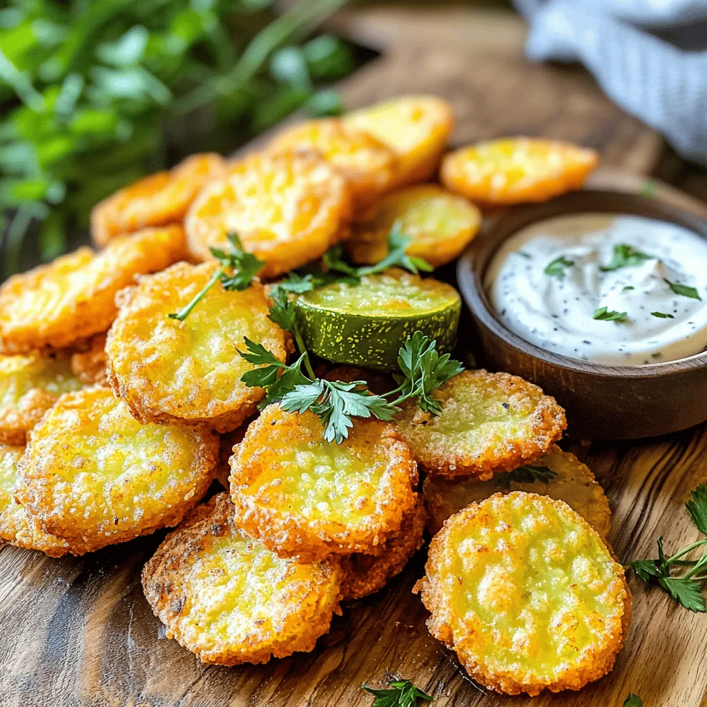 Here’s what you need to make crispy air fryer fried pickles: - 1 cup dill pickle slices (or spears) - 1 cup all-purpose flour - 2 large eggs - 1 cup cornmeal - 1 teaspoon garlic powder - 1 teaspoon onion powder - 1 teaspoon paprika - ½ teaspoon cayenne pepper (optional) - Salt and pepper to taste - Cooking spray or olive oil spray Gather these items before you start. Fresh dill pickles work best, so choose your favorite brand. The cornmeal gives them that nice crunch. You can adjust the spices based on your taste. If you like heat, add cayenne pepper. If you prefer mild, leave it out. The cooking spray helps to crisp them up without adding extra oil. This simple list of ingredients makes the process easy. For best results, measure accurately. When you have everything ready, you're all set to make this tasty snack! - First, pat the dill pickle slices dry with paper towels. This step is key! Removing moisture helps the pickles become crispy in the air fryer. - Next, set up your breading station. Use three bowls: one for the flour mixed with salt and pepper, one for the beaten eggs, and one for the cornmeal mix. - Start by dredging each pickle slice in the flour mix. Shake off the extra flour. This helps the egg stick. - Then, beat the eggs in the second bowl. Dip the floured pickle in the eggs, letting the excess drip off. - Now, coat the pickle slice in the cornmeal mix. Press gently to help it stick. Repeat this for all the pickle slices. - Preheat your air fryer to 375°F (190°C) for about 5 minutes. This step ensures even cooking. - Lightly spray the air fryer basket with cooking spray. Arrange the coated pickle slices in a single layer. If needed, work in batches to avoid overcrowding. - Lightly spray the tops of the pickles with more cooking spray. Air fry them for 10-12 minutes. Flip them halfway through for even crispiness. When they turn golden brown, they are ready to enjoy! To make your fried pickles super crispy, start by drying them well. Moisture makes it hard for them to get crispy. Use paper towels to pat the dill pickle slices until they are dry. This step is key for that perfect crunch. Next, use the right spray for frying. A light coat of cooking spray helps the pickles brown nicely. I recommend using olive oil spray for a great flavor and crispiness. Spray both the basket and the tops of the pickles before cooking. For the best experience, serve your crispy fried pickles with dips. Ranch dressing is a classic choice. It pairs well with the salty crunch. You can also try spicy mayo for a kick. Garnishing your plate adds flair. Chopped fresh herbs, like parsley or dill, make a lovely touch. They add color and a fresh taste. This simple step makes your dish look even more inviting! {{image_2}} You can change up the flavor of your crispy fried pickles easily. Try adding different seasonings to the cornmeal mix. - Cajun spice adds a kick. - Italian herbs like oregano and basil give a fresh taste. - Lemon zest can brighten up the flavor. You can also switch up the dipping sauces. While ranch is a classic choice, here are some fun alternatives: - Spicy mayo blends mayo with hot sauce for heat. - Honey mustard offers a sweet and tangy dip. - Sriracha aioli mixes mayo with Sriracha for bold flavor. If you need to make this dish gluten-free, you can swap the all-purpose flour with gluten-free flour. - Almond flour or coconut flour are great options that still give a nice crunch. You can also experiment with different pickle varieties. - Bread and butter pickles add sweetness. - Spicy pickles bring heat. - Whole pickles can be cut into spears for a different shape. These swaps let you tailor the dish to your taste. Enjoy making it your own! To keep your crispy air fryer fried pickles fresh, follow these steps: - Refrigeration: Place leftover fried pickles in an airtight container. This helps keep them crispy. Store them in the fridge for up to three days. - Freezing Options: For longer storage, you can freeze them. Lay the pickles on a baking sheet in a single layer. Freeze them for one hour, then transfer to a freezer bag. They can last for up to three months. To enjoy your fried pickles again, heat them properly to maintain crispiness: - Oven Method: Preheat your oven to 400°F (200°C). Place the pickles on a baking sheet and bake for about 10 minutes. This will help restore their crunch. - Air Fryer Method: Preheat the air fryer to 375°F (190°C). Place the pickles in the basket in a single layer. Heat for 5-7 minutes, flipping halfway. This method keeps them crispy and tasty. To make crispy fried pickles, start by patting the dill pickle slices dry. This step is key. It removes extra moisture. Next, set up a breading station with three bowls. The first bowl should have flour mixed with salt and pepper. The second holds beaten eggs. The third bowl should contain cornmeal with garlic powder, onion powder, and paprika. Dredge each pickle in the flour, dip in the egg, and then coat with cornmeal. Preheat the air fryer to 375°F (190°C). Lightly spray the basket with cooking spray. Place the coated pickles in a single layer. Air fry for 10-12 minutes, flipping halfway. Once they are golden brown, they are ready to enjoy! Yes, you can use different types of pickles. Dill pickles are popular, but you can try bread-and-butter pickles for a sweeter taste. You might also use pickle spears instead of slices. Each type gives a unique flavor, so feel free to experiment. Just ensure the pickles are not too watery. You can prepare many dishes in an air fryer. Here are a few ideas: - Vegetables: Try air-frying carrots, Brussels sprouts, or zucchini. - Proteins: Cook chicken wings, fish fillets, or even tofu. - Snacks: Make crispy chickpeas, potato wedges, or mozzarella sticks. The air fryer is great for making crispy foods with less oil. Crispy air fryer fried pickles can last for about 3-4 days in the fridge. Store them in an airtight container. For the best taste, enjoy them fresh. If you want to reheat them, use the air fryer again for extra crispiness. In this post, we explored how to make crispy fried pickles in an air fryer. We covered the key ingredients, detailed steps for breading, and essential tips for extra crispiness. Serving suggestions and variations added fun to your dish. Remember, drying your pickles and using the right spray makes a big difference. With these easy steps, you can enjoy a tasty snack any time. Try these tips and enjoy your fried pickles with friends or family.