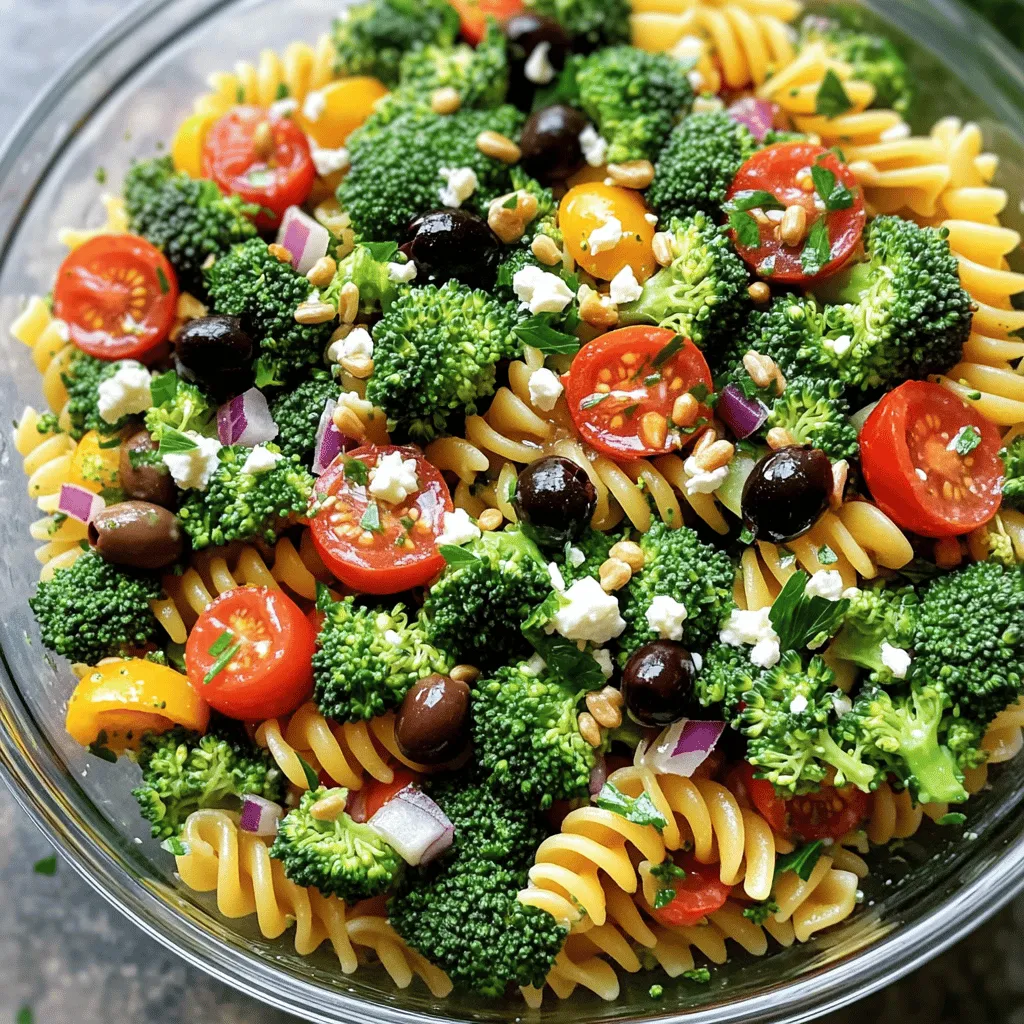 - Fresh Broccoli and Other Veggies - 2 cups fresh broccoli florets - 1 cup cherry tomatoes, halved - 1/2 cup red bell pepper, diced - 1/2 cup red onion, finely chopped - 1/4 cup black olives, sliced - Pasta Selection - 2 cups rotini pasta - Dressing Components - 1/4 cup olive oil - 2 tablespoons lemon juice - 1 teaspoon garlic powder - Salt and pepper to taste - Optional Toppings and Garnishes - 1/2 cup feta cheese, crumbled - 1/4 cup sunflower seeds - Fresh parsley, chopped for garnish When choosing your ingredients, always go for the freshest options. Fresh broccoli adds a nice crunch and bright color. Cherry tomatoes bring sweetness, while red bell pepper and onion give a zesty kick. The rotini pasta holds the dressing well, making every bite tasty. The feta cheese adds creaminess, while sunflower seeds offer a satisfying crunch. Feel free to play with the ingredients! You could swap the olives for capers or use a different cheese. Each choice can change the flavor and add your own twist. This salad is not just colorful; it’s also packed with nutrients. You get vitamins from the veggies and healthy fats from the olive oil. Enjoy making this salad your own! To start, boil a large pot of water. Add salt to the water for flavor. Next, add 2 cups of rotini pasta. Cook it until it’s just right, which is called al dente. This usually takes about 8-10 minutes. The pasta should still have a slight bite to it. When done, drain the pasta in a colander. Then, rinse it under cold water. This stops the cooking and cools it down for your salad. While the pasta cooks, you can prep the broccoli. Bring a small pot of water to a boil. Add 2 cups of fresh broccoli florets. Blanch them for about 2 minutes. This means cooking them briefly in hot water. After 2 minutes, quickly move the broccoli to an ice bath. An ice bath is cold water with ice. This helps keep the bright green color and crisp texture. After a few minutes, drain the broccoli and set it aside. Now, it’s time for the dressing. In a small bowl, whisk together 1/4 cup of olive oil and 2 tablespoons of lemon juice. Add 1 teaspoon of garlic powder, salt, and pepper to taste. Mix it well until all the ingredients combine. If you want more flavor, taste it and adjust the seasoning. You can add more lemon juice or salt if needed. In a large bowl, mix together the cooled pasta, blanched broccoli, 1 cup of halved cherry tomatoes, 1/2 cup of diced red bell pepper, 1/2 cup of finely chopped red onion, and 1/4 cup of sliced black olives. Add 1/2 cup of crumbled feta cheese next. Drizzle the dressing over the salad, then toss everything gently. Make sure all ingredients are coated well. To finish, sprinkle 1/4 cup of sunflower seeds on top for extra crunch. Toss lightly again to mix. - Suggestions for Additional Spices: To amp up the taste, try adding a pinch of red pepper flakes. This will give your salad a nice kick. You can also mix in some Italian herbs like oregano or basil for a fresh flavor. A dash of smoked paprika adds depth too. - How to Make it Creamier: Want a creamier salad? Add a dollop of Greek yogurt or sour cream to your dressing. This change will give the salad a rich texture. You can also swap feta cheese for cream cheese, which will add creaminess as well. - Creative Serving Suggestions: Serve your salad in a large clear bowl. This way, all the colors pop! You can also use mason jars for single servings. They look cute and are easy to grab. - Using Colorful Bowls for Display: Bright bowls make your dish more appealing. Choose bowls that match your theme. A vibrant blue or green bowl can make the salad look fresh and fun. - Gluten-Free Options: If you need a gluten-free dish, swap rotini pasta for gluten-free pasta. Many brands offer great options that taste just as good. - Low-Calorie Adjustments: To lower calories, cut back on the olive oil. You can replace it with a splash of lemon juice or balsamic vinegar for flavor without extra calories. Using less cheese or opting for a light cheese can also help. {{image_2}} Alternative Grains or Pasta Types You can swap rotini for other pasta shapes. Try penne or farfalle for fun. If you want a gluten-free option, use quinoa or brown rice. Both add great texture and flavor. Other Veggies to Include Feel free to mix in other veggies. Carrots, cucumbers, or bell peppers add crunch and color. You can also try corn or peas for a sweet touch. The goal is to keep it fresh and bright. Different Dressings to Try While the lemon dressing is tasty, you can switch it up. A balsamic vinaigrette brings a rich depth. You can also try a creamy ranch or a zesty Italian dressing. Each one gives the dish a new twist. Adding Protein Options To make the salad heartier, add protein. Chicken, shrimp, or chickpeas work well. You can even toss in some bacon bits for a savory crunch. This adds flavor and makes it more filling. Spring/Summer Additions In spring and summer, fresh herbs shine. Add basil, dill, or mint for a bright taste. You can also include seasonal veggies like asparagus or snap peas. These additions keep your salad light and fresh. Fall/Winter Adaptations For fall and winter, consider roasted veggies. Roasted squash or sweet potatoes add warmth. You can also use kale instead of broccoli for a hearty twist. These changes make the salad cozy for colder days. To keep your fresh broccoli pasta salad tasty, use airtight containers. Glass or plastic containers that seal well work great. Make sure to cool the salad before sealing it. This helps keep it fresh. To keep the salad crunchy, store the dressing separately. This way, you avoid soggy pasta and veggies. When you are ready to eat, just mix in the dressing. Can You Freeze Broccoli Pasta Salad? I do not recommend freezing broccoli pasta salad. The texture will change. The broccoli can become mushy, and the pasta may lose its bite. Tips for Defrosting If you do freeze it, thaw it overnight in the fridge. This helps it defrost slowly and safely. Once thawed, mix in some fresh veggies to restore crunch. How Long It Lasts in the Fridge Your salad can last up to three days in the fridge. Make sure to keep it in an airtight container. Signs of Spoilage Check for any off smells or slimy textures. If you see any mold, throw it away immediately. Always trust your senses when it comes to food safety. Use rotini pasta for this salad. Its spirals hold the dressing well. Other good choices are fusilli or farfalle. These shapes add fun texture. They mix easily with veggies. Yes, you can use frozen broccoli. It saves time and is convenient. The pros are you don’t need to wash or cut it. Just thaw and add. The cons are it may lose some crunch. Fresh broccoli gives a better bite. To make this salad vegan, swap feta cheese for tofu. Use a plant-based feta for flavor. You can also skip it altogether. Replace the dressing with a mix of olive oil and vinegar. This keeps it light and tasty. Yes, this recipe works great for meal prep. Make it ahead and store in the fridge. It stays fresh for a few days. Just keep the sunflower seeds separate until serving. This keeps them crunchy. Absolutely! Chicken works well in this salad. You can also use chickpeas for a plant-based protein. Cooked shrimp is another tasty option. Just mix in the protein of your choice for a filling meal. This blog post showed you how to make a tasty broccoli pasta salad. We covered ingredients, step-by-step instructions, and tips to boost flavor. You learned about storage and variations to keep things fresh. In the end, this dish is all about fun, flavor, and creativity. It's perfect for gatherings or meal prep. Enjoy trying different ingredients and make it your own!