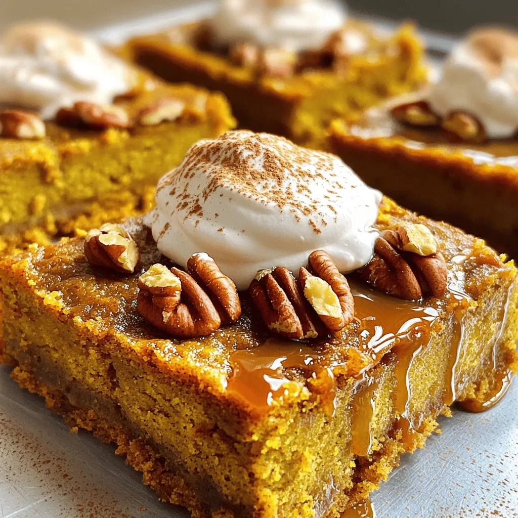 To make Pumpkin Crunch Cake, gather these simple ingredients: - 1 can (15 oz) pumpkin puree - 1 cup granulated sugar - 1 cup brown sugar, packed - 4 large eggs - 1 teaspoon vanilla extract - 1 teaspoon baking powder - 1 teaspoon baking soda - 1 teaspoon ground cinnamon - ½ teaspoon ground nutmeg - ½ teaspoon ground ginger - ½ teaspoon salt - 1 cup all-purpose flour - 1 cup pecans, chopped (or walnuts) - 1 cup whipped cream (for topping) - Optional: caramel sauce for drizzling These ingredients bring rich flavor and texture to the cake. Pumpkin puree gives moisture and a lovely orange color. The sugars add sweetness, while eggs help bind everything together. The spices—cinnamon, nutmeg, and ginger—create that warm, cozy taste we love in fall treats. The baking powder and soda make the cake rise perfectly, giving it a light texture. For crunch, we add chopped pecans or walnuts. They give a nice bite and nutty flavor. Lastly, whipped cream makes the cake feel special. The optional caramel sauce adds a sweet touch. It’s simple, yet each ingredient plays a key role in this delicious dessert. 1. First, preheat your oven to 350°F (175°C). Grease a 9x13-inch baking dish. 2. In a large bowl, mix the pumpkin puree, granulated sugar, brown sugar, and eggs. Stir until smooth. 3. Add one teaspoon of vanilla extract to the mix and blend well. 4. In another bowl, whisk together baking powder, baking soda, ground cinnamon, ground nutmeg, ground ginger, salt, and all-purpose flour. Make sure they are well combined. 5. Gradually add the dry mix to the pumpkin mixture. Stir until there are no lumps. 6. Gently fold in one cup of chopped pecans or walnuts. Make sure they are spread evenly. 7. Pour the batter into your greased baking dish. Spread it evenly with a spatula. 8. Bake in your preheated oven for 35 to 40 minutes. Check doneness by inserting a toothpick into the center. It should come out clean. 9. Once baked, let the cake cool in the dish for at least 15 minutes. 10. Serve warm or at room temperature. Top each slice with whipped cream and drizzle with caramel sauce if you like. - Overmixing the batter: Mixing too much can make the cake dense. Stir just until combined. - Incorrect oven temperatures: Always check your oven with a thermometer. An off temperature can ruin your cake. - Adjusting spices to taste: Feel free to tweak the spices. Add more cinnamon for warmth or nutmeg for depth. - How to achieve moistness: Use fresh eggs and don’t skip the sugar. They help keep the cake moist and fluffy. - Decorative toppings for presentation: Top with whipped cream and a sprinkle of cinnamon. It makes the cake look inviting. - Flavor enhancements with drizzles: Drizzle with caramel sauce for extra sweetness. It adds a fun touch to each slice. {{image_2}} You can easily make a gluten-free Pumpkin Crunch Cake. Swap out all-purpose flour for a gluten-free blend. Look for blends that include rice flour and tapioca starch for the best results. This change keeps the cake moist and delicious. You may notice a slightly denser texture, but it will still taste great. Get creative with flavors! Add chocolate chips for a sweet twist. Dried fruits like cranberries or raisins also work well. You can even use different nuts. Almonds or hazelnuts can add a unique crunch. Mix and match to find your favorite combination. You can adjust this cake for any holiday. Add a pinch of cloves or allspice for a festive feel. You can also use other pumpkin-based ingredients. Try pumpkin pie spice instead of individual spices for a cozy flavor. This cake is perfect for fall gatherings or Halloween parties. To keep your Pumpkin Crunch Cake fresh, use an airtight container. Glass or plastic containers work well. Store it at room temperature for up to two days. If you want it to last longer, place it in the fridge. In the refrigerator, it stays fresh for about a week. To warm up your cake, use the microwave or oven. For the microwave, heat it for about 15-20 seconds. This method is quick and easy. If using the oven, set it to 350°F (175°C). Place the cake in for about 10 minutes. Cover it with foil to keep it moist while reheating. Freezing your Pumpkin Crunch Cake is a great way to save some for later. First, let it cool completely. Then, wrap it tightly in plastic wrap. Next, place it in a freezer bag or container. It will stay good for up to three months. When you’re ready to enjoy, thaw it in the fridge overnight. Serve it at room temperature or warm it up before serving. Pumpkin Crunch Cake can last about 3 to 5 days when stored properly. Keep it in an airtight container at room temperature. If you want to keep it longer, place it in the fridge. In the fridge, it can last up to a week. Just make sure to seal it well so it stays fresh. Yes, you can use fresh pumpkin! To do this, you need to roast or steam the pumpkin. Once it's soft, scoop out the flesh and puree it until smooth. Use about 2 cups of fresh puree for this recipe. This swap adds a fresh flavor, but be sure to drain any excess water from the puree. It can be made vegan with a few easy changes. Swap the eggs for flax eggs or applesauce. Use a plant-based sugar to replace granulated and brown sugar. For the whipped cream topping, try coconut cream or a store-bought vegan option. These simple swaps keep the flavor and texture delicious! This blog post shared a complete guide for making Pumpkin Crunch Cake. We covered essential ingredients, step-by-step instructions, and tips for perfecting the recipe. I provided storage and reheating advice and answered frequently asked questions. In conclusion, making this cake is simple and rewarding. Whether you're trying variations or adding unique toppings, enjoy the process! With the right techniques, you can create a delicious treat for any season. Happy baking!