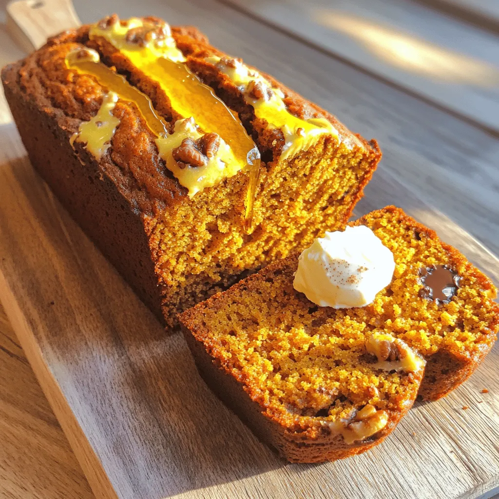 To make moist pumpkin bread, you need key ingredients: - 1 ½ cups pumpkin puree (canned or homemade) - 1 cup granulated sugar - ½ cup packed brown sugar - ½ cup vegetable oil - 3 large eggs - 2 cups all-purpose flour - 1 teaspoon baking soda - 1 teaspoon baking powder - ½ teaspoon salt - 1 teaspoon ground cinnamon - ½ teaspoon ground nutmeg - ½ teaspoon ground ginger These ingredients create a rich and flavorful base. The pumpkin puree adds moisture and depth. The sugars provide sweetness and help with browning. For a twist, consider adding: - ½ cup chopped walnuts or pecans - ½ cup chocolate chips These add-ins enhance texture and taste. Nuts give a nice crunch, while chocolate adds a sweet surprise. If you have dietary needs, try these swaps: - Use coconut oil instead of vegetable oil for a richer flavor. - Substitute almond flour for all-purpose flour for a gluten-free option. - Replace granulated sugar with coconut sugar for a lower glycemic index. These substitutions keep the bread tasty while meeting your dietary needs. Experimenting with ingredients can lead to fun new flavors! Start by preheating your oven to 350°F (175°C). Grease and flour a 9x5-inch loaf pan. You can also use parchment paper for easy removal later. In a large bowl, mix together the pumpkin puree, granulated sugar, brown sugar, and vegetable oil. Stir until everything blends well. Next, add the eggs one at a time. Mix well after each egg until the batter looks smooth. In another bowl, whisk together the flour, baking soda, baking powder, salt, cinnamon, nutmeg, and ginger. This blend adds warmth and spice. Gradually add these dry ingredients to your wet mix. Gently stir until just combined. Avoid overmixing, as it can make the bread tough. If you want extra flavor, fold in chopped walnuts or pecans and chocolate chips. Pour the batter into your prepared loaf pan. Use a spatula to smooth the top. Place the pan in your preheated oven. Bake for 55-65 minutes. The bread is done when a toothpick inserted into the center comes out clean. Keep an eye on the time, but every oven is a bit different. To check if your pumpkin bread is done, insert a toothpick into the middle. If it comes out clean or with a few crumbs, your bread is ready. If it has wet batter on it, give it a few more minutes. Once it’s done, take it out of the oven and let it cool in the pan for about 10 minutes. Then, move it to a wire rack to cool completely. This helps keep the bread moist. To get moist pumpkin bread, focus on three key parts: ingredients, mixing, and baking time. Use fresh pumpkin puree or good-quality canned puree. The moisture in the pumpkin is key to keeping the bread soft. Blend the wet ingredients well. This helps combine the flavors and keeps the bread airy. When adding dry ingredients, mix gently. Overmixing can lead to a tough loaf. Bake until golden brown, but don’t overdo it. A toothpick should come out clean when it’s done. One big mistake is using too much flour. Measure carefully to avoid a dry loaf. Another error is not mixing the wet and dry ingredients well enough. This can lead to uneven texture. Don't rush the cooling process. Let the bread cool in the pan for about ten minutes before moving it. This helps keep the moisture locked in. Also, be cautious with baking time. Every oven is different, so check your bread early. Using the right tools can make your baking easier. A good loaf pan is crucial. I recommend a 9x5-inch pan for the best shape. A mixing bowl should be large enough to hold all the ingredients without spilling. A whisk is great for mixing dry ingredients. To check if your bread is done, use a toothpick or cake tester. Finally, a wire rack is perfect for cooling your bread evenly. {{image_2}} You can switch up the flavor of your pumpkin bread easily. Consider adding spices like allspice or cloves. These add warmth and depth. You can also toss in dried fruits like raisins or cranberries. For a fun twist, try adding peanut butter or Nutella for a rich taste. Chopped apples or pears can also enhance the bread with moisture and flavor. Each mix-in adds a new layer and keeps things exciting. If you want to change the sweeteners, use honey or maple syrup. These natural sweeteners add a unique flavor. You can also try coconut sugar or agave syrup for a lower glycemic option. For flour, whole wheat flour can replace some or all of the all-purpose flour. This adds fiber and a nutty taste. Gluten-free flour blends work too, making this recipe suitable for various diets. Pumpkin bread can shine in different seasons. In fall, add pecans and cranberries for a festive touch. During winter, consider adding peppermint extract and dark chocolate chips for a holiday vibe. In summer, swap pumpkin puree for ripe bananas or zucchini. This keeps the bread moist and flavorful while embracing the season's best produce. Each twist gives you a new way to enjoy this classic treat. To keep your pumpkin bread fresh, store it in an airtight container. This method locks in moisture and flavor. If you use plastic wrap, ensure it is tight. You can also place it in a resealable plastic bag. Keep the bread at room temperature for up to three days. If you want it to last longer, consider freezing it. Freezing is a great way to save your pumpkin bread. First, let the bread cool completely. Wrap it tightly in plastic wrap. Then, place it in a freezer bag or an airtight container. Label it with the date. Your bread can stay good in the freezer for about three months. When you’re ready to eat it, thaw it overnight in the fridge. If your pumpkin bread gets stale, don’t worry! You can easily revive it. Preheat your oven to 350°F (175°C). Slice the bread and place it on a baking sheet. Lightly spritz it with water. Bake for about 10 minutes. This will bring back some softness. You can also toast the slices for a warm treat. Pumpkin bread is moist mainly because of the pumpkin puree. The puree adds natural moisture. The oil also helps keep it soft. Using eggs adds richness and structure. Together, these ingredients create a tender crumb. Another tip is to avoid overmixing the batter. This keeps the bread light and fluffy. Yes, you can use fresh pumpkin. Start by roasting the pumpkin until soft. Then, scoop out the flesh and puree it. Make sure the puree is smooth and not watery. Canned pumpkin is often more consistent, so this may change the outcome. However, using fresh adds a unique flavor. Pumpkin bread stays fresh for about 3 to 5 days at room temperature. Store it in an airtight container. For longer storage, keep it in the fridge for about a week. You can also freeze it for up to three months. Wrap it well to prevent freezer burn. Yes, you can easily make this recipe vegan. Substitute eggs with flax eggs or applesauce. Use a plant-based oil, like coconut or canola oil. Replace granulated sugar with coconut sugar or maple syrup. Ensure the chocolate chips are dairy-free if you choose to add them. You may wonder about adding spices for extra flavor. Try cardamom or cloves for a twist. Consider using whole wheat flour for added nutrition. If you want a sweeter bread, add more sugar or chocolate chips. Experimenting with different nuts or seeds can also enhance texture. In this post, we explored the key ingredients for pumpkin bread, including essential items and fun add-ins. I provided simple steps for preparation and baking, ensuring perfect results. We discussed tips to avoid common mistakes and variations that add unique flavor. Finally, I gave you easy storage methods to keep your bread fresh. Remember, making pumpkin bread can be fun and rewarding. With these tips, you’ll bake a delicious loaf every time. Enjoy your baking journey!