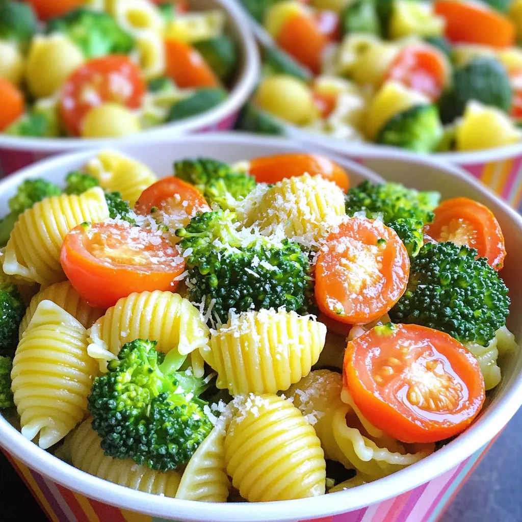 - 1 cup small pasta shapes (like shells or rotini) - 1 cup fresh broccoli florets - 1 cup cherry tomatoes, halved - 1 tablespoon olive oil - 2 cloves garlic, minced - 1/4 cup grated parmesan cheese - 1/4 teaspoon salt (or to taste) - 1/4 teaspoon black pepper (omit for toddlers) - 1/4 teaspoon dried basil (optional) - 1/4 cup low-sodium chicken or vegetable broth This recipe uses simple and fresh ingredients. Small pasta shapes are fun for toddlers. They are easy to pick up and chew. Fresh broccoli florets add color and nutrition. Cherry tomatoes bring a sweet taste. Olive oil makes everything smooth and tasty. For flavor, garlic adds a nice kick. Parmesan cheese gives a creamy finish. Adjust salt to your child’s taste. Omit black pepper for little ones. Dried basil is optional but adds great flavor. The broth helps combine all the flavors. These ingredients make a healthy meal. They are easy to find and prepare. Your little ones will enjoy this broccoli pasta dish! - Prepare small pasta according to package instructions until al dente. - Drain and set aside. Cooking small pasta is quick and easy. Follow the package directions. I like to use shapes like shells or rotini. They are fun for toddlers to eat! - Boil water, add broccoli florets and blanch for 2 minutes. - Drain and cool under cold water. Next, bring a pot of water to a boil. Add the broccoli florets and let them cook for just 2 minutes. This makes them tender but still bright green. After that, drain the florets and cool them under cold water. This stops the cooking and keeps their color. - Sauté garlic in olive oil, then add cherry tomatoes. - Stir in broccoli, pasta, and broth; heat through. In a large pan, heat olive oil over medium heat. Add minced garlic and sauté for about 1 minute. It should smell great but not brown. Then, add halved cherry tomatoes and cook for another 2-3 minutes until they soften. Now, stir in the broccoli, cooked pasta, and low-sodium broth. Mix everything well and cook for another 2-3 minutes until it’s all hot. This dish is colorful and tasty. It’s sure to be a hit with your little diners! - Cook your small pasta until al dente. This helps little ones chew easily. - For broccoli, blanch for just 2 minutes. This keeps it bright green and tender. - Adjust the seasoning to match your toddler's taste. Omit black pepper for a milder dish. - Try using nutritional yeast instead of cheese. It adds a nice flavor without dairy. - Serve the pasta in colorful bowls. Bright colors make meals fun for kids. - Add fun-shaped pasta on the side. This playful touch can make eating more enjoyable. {{image_2}} You can make this dish even more fun. Try adding other veggies like carrots or peas. They add color and crunch. If your little one loves it, consider adding spinach or zucchini. Both are packed with nutrients. Plus, they blend well with the pasta. For a boost of protein, mix in some cooked chicken or turkey. This keeps your toddler full and happy. If you prefer a vegetarian option, try adding tofu or beans. Both options are healthy and easy to chew. Switching up the pasta can be exciting! You can use whole grain or gluten-free pasta shapes. They offer different flavors and textures. Another fun idea is to use spiralized vegetables instead of pasta. Zucchini noodles are a great choice and add a unique twist. Store any leftovers in an airtight container in your fridge. This keeps the pasta fresh and safe to eat. I recommend you enjoy it within 3-4 days. The flavors stay great during this time, making it a perfect quick meal for your toddler. To freeze portions, place them in freezer-safe bags or containers. Make sure to remove as much air as possible. This helps prevent freezer burn. When you want to eat it, thaw the pasta in the fridge overnight. For reheating, warm it gently on the stove or microwave. If needed, add a splash of broth to keep it moist and tasty. Yes, you can use frozen broccoli. It saves time and is easy to use. The pros include convenience and a long shelf life. Plus, frozen broccoli is often picked at peak freshness. However, it may lose some texture when cooked. It might be softer than fresh broccoli. If you choose frozen, just cook it briefly to avoid mushiness. You can use cheddar or mozzarella instead of parmesan. Cheddar adds a nice sharpness. Mozzarella gives a creamy texture. These cheeses melt well and can please picky eaters. Try mixing them for added flavor. Remember to adjust the amount based on taste preferences. To make this recipe dairy-free, try using nutritional yeast. It gives a cheesy taste without dairy. You can also use vegan cheese if you prefer. For creaminess, blend soaked cashews with water. This creates a smooth sauce. You can also use coconut milk for a rich flavor. These options keep the dish tasty and healthy for all kids. This pasta dish is simple and fun. You learned about key ingredients like pasta, broccoli, and tomatoes. We explored step-by-step cooking, ensuring it’s perfect for toddlers. Tips offered ways to adjust flavors and enhance texture. Variations let you customize with different veggies and proteins. Finally, storage advice helps keep leftovers fresh. Enjoy making this dish that is healthy and easy for your little ones. You can keep experimenting and find what they love!